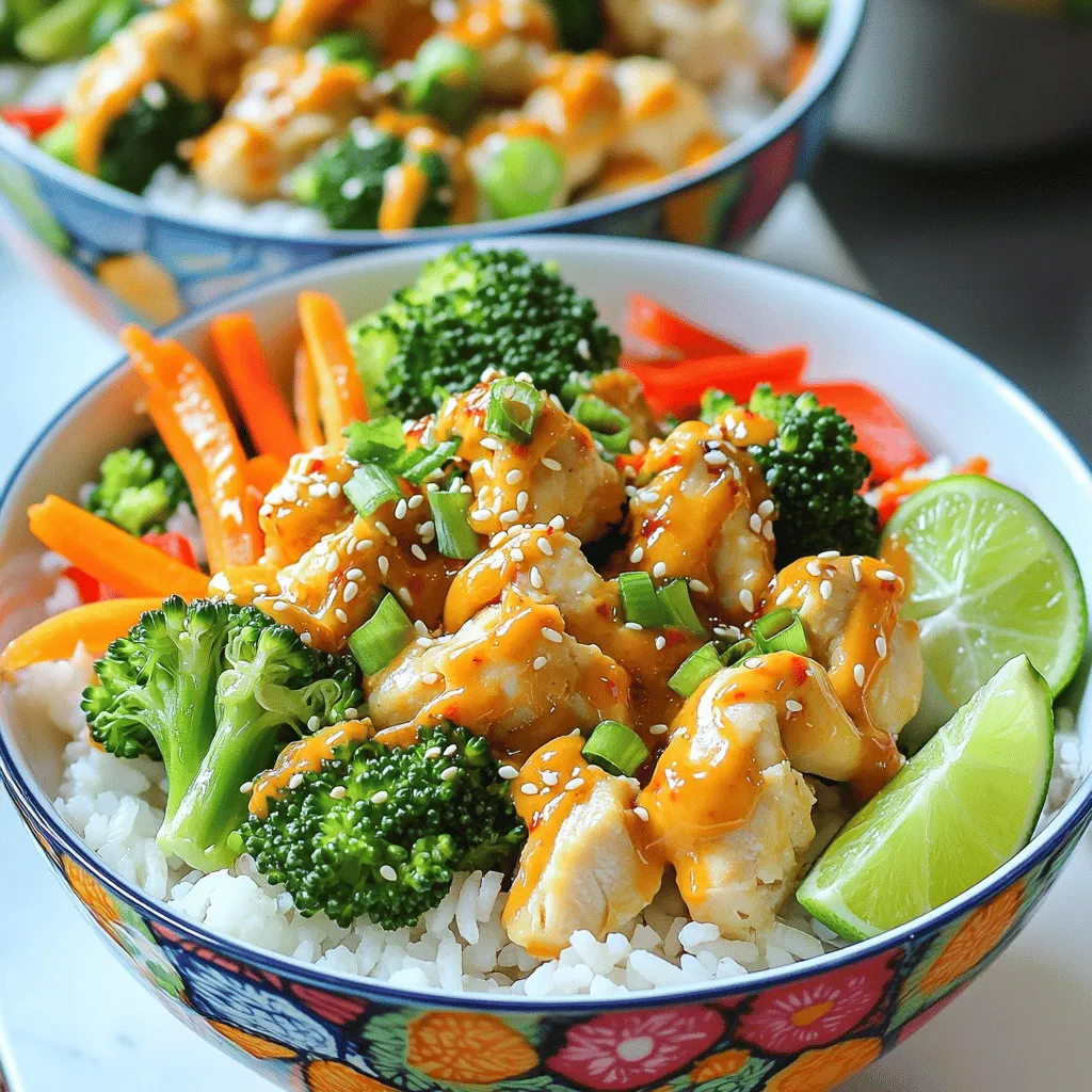 To make a Bang Bang Chicken Bowl, gather these main ingredients: - 2 cups cooked rice (white or brown, your choice) - 1 lb (450g) chicken breast, diced into bite-sized pieces - 1 cup broccoli florets, fresh or frozen - 1 red bell pepper, sliced into strips - 1 medium carrot, julienned - 2 green onions, chopped, for garnish - 1 tablespoon vegetable oil - Salt and pepper to taste These ingredients create a balanced bowl filled with flavor. The chicken provides protein, while the veggies add color and nutrients. You can adjust the quantities based on your needs. Now, let’s focus on the sauce that ties everything together. Here’s what you need for the Bang Bang Sauce: - 1/4 cup mayonnaise - 2 tablespoons sweet chili sauce - 1 tablespoon sriracha sauce (adjust according to your heat preference) - 1 teaspoon garlic powder - 1 teaspoon fresh lime juice This sauce brings a sweet and spicy kick. The mayo gives it a creamy texture, while the lime juice adds a nice zing. You can also enhance your Bang Bang Chicken Bowl with a few optional garnishes: - Chopped cilantro for freshness - Sesame seeds for crunch - A lime wedge for extra zest If you want to switch things up, consider these substitutions: - Use tofu or shrimp instead of chicken for a different protein. - Swap in bell peppers or snap peas for the broccoli. Feel free to customize your bowl to your liking! For the step-by-step instructions, check the Full Recipe. To make the sauce, grab a small bowl. Add 1/4 cup of mayonnaise. Then, pour in 2 tablespoons of sweet chili sauce. Next, add 1 tablespoon of sriracha sauce. You can change the amount of sriracha based on how spicy you like it. Mix in 1 teaspoon of garlic powder and 1 teaspoon of fresh lime juice. Whisk everything together until it is smooth. Set the sauce aside so the flavors can blend. Now, let’s cook the chicken. Heat 1 tablespoon of vegetable oil in a large skillet over medium-high heat. While the oil heats, season 1 pound of diced chicken breast with salt and pepper. Once the oil is hot, add the chicken. Cook it for about 6 to 8 minutes. Stir the chicken often. You want it to be fully cooked and golden-brown. When the chicken is done, it’s time for the veggies. Add 1 cup of broccoli florets, 1 sliced red bell pepper, and 1 julienned carrot to the skillet. Stir-fry these colorful vegetables with the chicken for about 4 to 5 minutes. You want the veggies to be tender but still crisp and bright. After cooking, take the skillet off the heat. Drizzle half of the Bang Bang sauce over the chicken and vegetables. Toss everything gently to coat well. Next, take 2 cups of cooked rice and divide it into four bowls. Spoon the chicken and vegetable mix on top of the rice in each bowl. To finish, drizzle the remaining Bang Bang sauce over each bowl. This adds flavor and looks great. Sprinkle chopped green onions on top for a fresh crunch and a pop of color. For a fun touch, serve with a lime wedge on the side. Enjoy your beautiful Bang Bang Chicken Bowl! To make the best Bang Bang sauce, mix the ingredients well. Start with 1/4 cup mayonnaise. Add 2 tablespoons of sweet chili sauce for a sweet touch. Then, add 1 tablespoon of sriracha sauce for heat. Adjust the amount based on your spice level. Mix in 1 teaspoon of garlic powder for flavor and finish with 1 teaspoon of fresh lime juice to brighten the taste. Let it sit for a few minutes. This will help the flavors blend. For perfect chicken, use a large skillet. Heat 1 tablespoon of vegetable oil over medium-high heat. Cut 1 pound of chicken breast into bite-sized pieces. Season the chicken with salt and pepper. Cook for 6-8 minutes, stirring often. Look for a golden-brown color and ensure it is cooked through. This will keep the chicken juicy and flavorful. When adding veggies, keep them colorful and crisp. After the chicken is done, add 1 cup of broccoli florets, 1 sliced red bell pepper, and 1 julienned carrot. Stir-fry for 4-5 minutes. This short cooking time keeps the veggies tender-crisp. Bright colors make the dish appealing and full of nutrients. To make your Bang Bang Chicken Bowls look great, use colorful dishes. Start with 2 cups of cooked rice in each bowl. Top with the chicken and veggie mix. Drizzle the remaining Bang Bang sauce on top. Garnish with chopped green onions for a fresh crunch. Add a lime wedge on the side for extra zest. A sprinkle of sesame seeds can add flair and texture. For the full recipe, refer back to the beginning. {{image_4}} You can swap chicken for other proteins. Tofu works great. It soaks up flavors well. Use firm tofu for the best results. Just press it first to remove excess water. Then, dice and cook it like chicken. Shrimp is another tasty choice. Use peeled, deveined shrimp and cook it for about 3-4 minutes. Both options add unique flavors to your Bang Bang Bowl. Feel free to mix up the veggies. Snow peas or snap peas add crunch. Bell peppers in different colors brighten the dish. Zucchini offers a soft texture. You can even add mushrooms for an earthy taste. Just chop them and stir-fry until tender. The more colorful your bowl, the more fun it is to eat! Adjust the heat to your liking. If you want mild, skip the sriracha. You can use less or more as needed. For a spicy kick, add fresh chili slices or chili flakes. Mix in a bit of ginger for added warmth. Taste as you go and find the right level for you. Your Bang Bang Chicken Bowl should be just how you like it. For the complete experience, check out the Full Recipe for the perfect balance of flavors! You can store your Bang Bang Chicken Bowl in an airtight container. Make sure to let it cool first. Place it in the fridge. It will last for three to four days. If you have leftover sauce, keep it in a separate container. This helps keep the rice and veggies fresh. To reheat, use the microwave or stovetop. If using the microwave, place the bowl in for two to three minutes. Stir halfway through to ensure even heating. On the stovetop, add a splash of water to the pan and heat over low for about five minutes. This keeps everything moist and tasty. You can freeze the Bang Bang Chicken Bowl if you want to save it for later. Use a freezer-safe container for best results. It can last for up to three months. When ready to eat, thaw it in the fridge overnight. Then, reheat it as described above. Bang Bang Chicken Bowl is a fun and tasty dish. It features tender chicken, colorful veggies, and a creamy sauce. You serve it over rice for a filling meal. This dish is great for lunch or dinner. The mix of flavors makes it a crowd-pleaser. You can find the full recipe at the end. To make this dish healthier, consider these tips: - Use brown rice instead of white rice. - Choose skinless chicken breast for less fat. - Add more vegetables like spinach or snap peas. - Use Greek yogurt instead of mayonnaise in the sauce. - Cut back on the sweet chili sauce to lower sugar. These swaps keep the flavor while boosting nutrition. Yes, you can switch up the sauce! Try these options: - Teriyaki sauce for a sweet and savory taste. - Peanut sauce for a nutty flavor. - A spicy barbecue sauce for a smoky kick. Use what you like best or what you have at home. Bang Bang Chicken Bowl pairs well with many sides. Here are a few ideas: - A simple green salad for freshness. - Steamed edamame for extra protein. - A side of pickled vegetables for tang. - Crusty bread for dipping in the sauce. These sides balance the meal and add variety. In this article, we explored how to make a Bang Bang Chicken Bowl. We covered key ingredients, creating the sauce, cooking chicken, and stir-frying vegetables. I shared tips to perfect each step and suggested fun variations. Remember, you can store any leftovers for later. Enjoy experimenting with this recipe, and don’t hesitate to customize it to your taste. Making your Bang Bang Chicken Bowl can be simple and fun! Dive in and enjoy your cooking adventure!