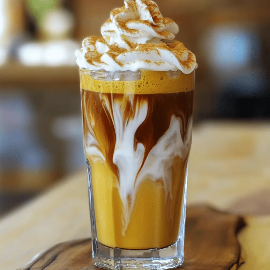 To make your Iced Pumpkin Spice Latte, gather the following ingredients: - 1 cup brewed coffee, cooled to room temperature - 1/2 cup milk (choose between dairy or your favorite non-dairy alternative) - 1/4 cup pumpkin puree (canned or freshly made) - 2 tablespoons maple syrup (adjust according to your sweetness preference) - 1 teaspoon pumpkin spice mix (or more if you're a fan!) - 1/2 teaspoon pure vanilla extract - Ice cubes, to fill your glasses - Whipped cream (optional, for a luxurious finish) - Extra pumpkin spice for garnish You can modify this recipe to fit your taste or diet. Here are some easy swaps: - Coffee: Use cold brew for a smoother flavor. - Milk: Almond, soy, or oat milk work great as dairy-free options. - Pumpkin Puree: If you can't find pumpkin puree, use butternut squash puree instead. - Maple Syrup: Honey or agave nectar can replace maple syrup for sweetness. - Pumpkin Spice Mix: Create a simple mix with cinnamon, nutmeg, and ginger if you run out. This recipe serves two. Here's a quick look at the nutritional values per serving: - Calories: Approximately 150-200 (depending on milk choice and added sweetener) - Protein: 3-5 grams - Fat: 4-7 grams (varies with milk choice) - Carbohydrates: 25-30 grams - Sugar: 10-15 grams (based on maple syrup and milk type) Enjoy your delicious Iced Pumpkin Spice Latte. It's a tasty treat you can feel good about! To make the best iced pumpkin spice latte, start with these steps: 1. In a medium mixing bowl or a blender, combine: - 1 cup brewed coffee, cooled to room temperature - 1/2 cup milk (your choice of dairy or non-dairy) - 1/4 cup pumpkin puree - 2 tablespoons maple syrup - 1 teaspoon pumpkin spice mix - 1/2 teaspoon pure vanilla extract 2. Blend the mixture on high speed for about 30 seconds. If you use a whisk, mix vigorously for a minute until smooth. 3. Grab two tall glasses and fill each one with ice cubes. 4. Slowly pour the pumpkin spice coffee mixture over the ice in each glass. 5. For a nice touch, top each glass with whipped cream. Sprinkle a bit of extra pumpkin spice on top for flavor and looks. 6. Serve your chilled pumpkin spice delight right away, with either a straw or a spoon! - Make sure your coffee is cool. Hot coffee will melt the ice and dilute the taste. - If you want a smoother drink, blend longer. The goal is a creamy texture. - Use a sturdy blender or whisk for the best results. - Present your drink in clear glasses to show off its beautiful layers. - Add a cinnamon stick as a stirrer. It looks great and adds flavor. - For a cozy vibe, serve with a few pumpkin cookies on the side. This recipe creates a rich, flavorful drink that captures the essence of fall. Enjoy! To make the best iced pumpkin spice latte, start with fresh ingredients. Use brewed coffee that has cooled to room temperature. This base gives your drink a rich flavor. The pumpkin puree is key. It adds creaminess and that warm fall taste. Blend it well with milk and spices. This ensures that every sip is smooth and tasty. One common mistake is not cooling the coffee enough. If it’s too hot, it melts the ice quickly. This dilutes your latte. Another mistake is using too little pumpkin spice. If you love spice, add more! Lastly, don't skip the whipped cream. It makes the drink feel special and indulgent. You can easily tweak this recipe to fit your taste. Want it sweeter? Add more maple syrup. Prefer it creamier? Use whole milk or a rich non-dairy milk. You can also try different spices like nutmeg or cinnamon. For a fun twist, add a scoop of vanilla ice cream instead of whipped cream. The options are endless! For the complete recipe, check out the Full Recipe. {{image_4}} You can easily make this iced pumpkin spice latte dairy-free or vegan. For this, simply replace regular milk with a plant-based option. Almond milk, soy milk, or coconut milk work well. Each option gives a unique taste. Coconut milk adds creaminess, while almond milk offers a nutty flavor. To make a cold brew version, swap brewed coffee for cold brew coffee. Cold brew has a smooth taste and less acidity. Just follow the same steps as the original recipe. It’s great for hot days when you want a refreshing drink. Oat milk and almond milk are popular choices for this latte. Oat milk gives a creamy texture, while almond milk is lighter. Both options blend well with the pumpkin spice flavors. You can switch them in the recipe without losing taste. Just use the same amount as regular milk. Feel free to experiment with these variations to find your favorite! For the full recipe, check out the Chilled Pumpkin Spice Delight section. Many well-known coffee chains offer iced pumpkin spice lattes. You can find them at Starbucks, Dunkin', and Peet's Coffee. These chains have their own special recipes. They often use pumpkin puree and a blend of spices. Prices can vary, so check your local store for the latest deals. Local coffee shops can surprise you with unique twists. Some may add extra flavors like caramel or use homemade ingredients. I love exploring these shops. They often have a cozy vibe, perfect for enjoying your drink. Ask about their special versions. You may find a new favorite! Keep an eye out for seasonal promotions. Many shops offer discounts during fall. Some coffee chains have loyalty programs, too. These can save you money on your favorite drinks. Sign up for newsletters to stay informed. You might find limited-time offers that make your iced pumpkin spice latte even sweeter. If you want to make your own, check the Full Recipe for a delightful treat! The main difference is temperature. A hot pumpkin spice latte is warm and creamy, while an iced version is cold and refreshing. Both use similar ingredients like coffee, milk, and pumpkin puree. The iced latte often has more ice, which makes it lighter. This change in temperature can change how flavors come across. Hot drinks tend to have stronger aromas, while cold drinks highlight sweetness. Yes, you can prepare it ahead of time! Make your coffee and let it cool. You can also mix all the ingredients without ice. Store the mixture in the fridge for up to two days. When you are ready to drink, pour it over ice. This method saves time, especially on busy mornings. Just remember to stir the mixture well before serving, as ingredients may settle. To enhance your latte, try these simple tips: - Use fresh pumpkin puree for a richer taste. - Add a pinch of salt to balance the sweetness. - Experiment with flavored syrups, like caramel or vanilla. - Top with whipped cream and sprinkle more pumpkin spice for extra flair. - Consider adding a dash of cinnamon or nutmeg for warmth. - For a creamier texture, use full-fat milk or a cream alternative. These tweaks can make your drink truly special! To sum up, we covered how to make a tasty iced pumpkin spice latte. We discussed key ingredients, easy steps, and fun tips. There are great ways to customize your drink too, from vegan options to unique blends. Now you can impress friends and enjoy a warm feeling of fall in a cup. Try out these ideas and make this drink your own!