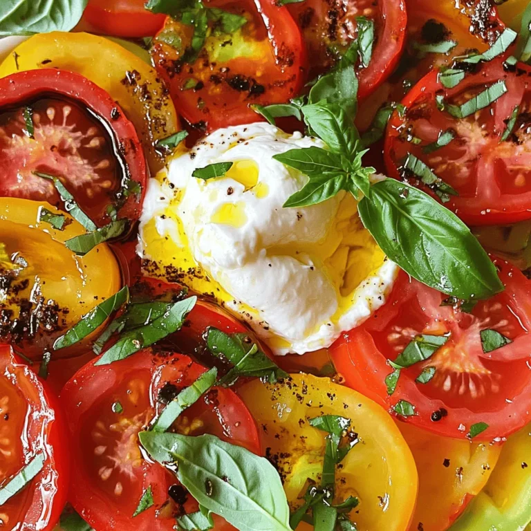 - 4 large heirloom tomatoes - 1 ball of fresh burrata cheese - Balsamic vinegar and olive oil For this salad, I love using heirloom tomatoes. Their colors and flavors are simply amazing. Each tomato brings a unique taste, making your dish pop. Burrata cheese adds a creamy texture that pairs well with the juicy tomatoes. You can find it in most grocery stores. The balsamic vinegar and olive oil are key for a tasty dressing. They bring acidity and richness, making the salad shine. - Honey, garlic, lemon zest - Sea salt and black pepper For the perfect dressing, I use honey for a touch of sweetness. Garlic adds a punch of flavor, while lemon zest brightens everything up. Sea salt and black pepper bring out the best in the tomatoes and cheese. Balance is key. You want a mix of sweet, salty, and tangy. - Fresh basil leaves - Optional additional toppings Fresh basil leaves are a must for garnish. They add a lovely aroma and a burst of green. If you want to get creative, you can add other toppings, like olives or nuts. These can add extra flavors and textures to the salad. For the full recipe, check the link provided. Enjoy making this vibrant dish! To start, grab a medium mixing bowl. Combine 2 tablespoons of balsamic vinegar with 2 tablespoons of olive oil. Add 1 teaspoon of honey, 1 minced garlic clove, and the zest of 1 lemon. Sprinkle in sea salt and freshly cracked black pepper to taste. Whisk everything together until smooth. Taste it and adjust seasoning if needed. Next, take your 4 large heirloom tomatoes. Slice them into thick, even rounds. This creates a beautiful base for your salad. Arrange the tomato slices on a large plate. Now, it’s time to marinate the tomatoes. Evenly drizzle the marinade over the sliced tomatoes. Make sure each slice gets a good coating. Let them sit for at least 30 minutes at room temperature. This allows the tomatoes to soak up the flavors. After marinating, gently tear the burrata cheese into pieces. Place the pieces in the center of your plate. Finally, garnish with fresh basil leaves. Drizzle any leftover marinade over the salad. Serve it right away for the best flavor. For the full recipe, check the details above. To make a great Marinated Tomato Burrata Salad, choose ripe heirloom tomatoes. Look for tomatoes that are firm yet slightly soft when pressed. They should have rich colors and strong scents. Heirloom tomatoes offer unique flavors, which enhance the dish. You can find them at local markets or farms. Picking the right tomatoes is key to a fresh taste. The marinade makes this salad shine. You need to balance acidity and sweetness. Combine balsamic vinegar with olive oil for tartness and richness. Honey adds sweetness to the mix. Make sure to taste as you whisk. Adjust flavors to fit your preference. A well-balanced marinade will elevate the tomatoes and burrata. Visual appeal matters in this dish. Artful plating can make your salad pop. Start by arranging the tomatoes in a circle on the plate. Place burrata pieces in the center. Scatter fresh basil leaves around for a splash of color. Drizzle any remaining marinade over the entire salad. A beautiful presentation adds to the enjoyment of eating. For the complete details and steps, check out the Full Recipe. {{image_4}} You can switch burrata cheese for fresh mozzarella. It gives a similar creamy taste. For tomatoes, use cherry tomatoes or grape tomatoes if you prefer a sweeter bite. Heirloom tomatoes are beautiful but not always easy to find. You can use any ripe tomatoes for this dish. Want to make it even tastier? Try adding olives or capers. These will add a nice salty kick. Nuts like pine nuts or walnuts can bring a crunchy texture. Toasted nuts also boost the flavor and make every bite exciting. Change up the salad with the seasons. In summer, use fresh basil and juicy tomatoes. Come fall, try adding roasted squash or pumpkin seeds for a warm touch. In winter, use citrus fruits like oranges or pomegranates for a bright pop of color. You can always adapt this dish to fit any time of year. For the full recipe, visit the link provided. To keep your marinated tomato burrata salad fresh, store it in an airtight container. Make sure to separate the burrata from the tomatoes. This helps prevent the cheese from getting soggy. If you have extra marinade, keep it in a small jar. It adds great flavor when drizzled on the salad later. You can enjoy this salad cold. If you want to refresh it, drizzle a bit of olive oil or balsamic vinegar before serving. Avoid reheating the salad. It tastes best when served fresh. The marinated tomatoes last about 2-3 days in the fridge. Burrata cheese is best used within 1-2 days. Check for any signs of spoilage. Fresh basil can wilt quickly. Use it within a day or two for the best flavor. Burrata is a fresh cheese that comes from Italy. It has a creamy center and a soft outer shell made from mozzarella. This cheese dates back to the 1900s in the Apulia region of Italy. Burrata means "buttered" in Italian, which reflects its rich flavor and texture. When you cut into it, the creamy filling spills out. This makes it a perfect partner for fresh tomatoes and adds a delightful creaminess to the salad. Yes, you can prepare the salad ahead of time. I recommend marinating the tomatoes for at least 30 minutes. This allows the flavors to blend well. However, for the best taste, serve the salad soon after assembling. The burrata is best fresh, as it can lose its creaminess if left too long. If you want to prep ahead, slice the tomatoes and make the marinade. Combine them just before serving for a vibrant, fresh taste. This salad pairs well with many dishes. You can serve it with grilled chicken or fish for a complete meal. It also goes great with crusty bread or a light pasta dish. For drinks, consider serving it with a crisp white wine or sparkling water. The fresh flavors of the salad will balance nicely with these options. For the complete recipe, check out the [Full Recipe]. This blog post covered how to make a Marinated Tomato Burrata Salad. We discussed the key ingredients, from heirloom tomatoes to fresh burrata. You learned to prepare the marinade, slice tomatoes, and assemble the salad. Tips on choosing ripe tomatoes and presenting your dish were also shared. In conclusion, this salad is fresh, easy, and versatile. Enjoy experimenting with flavors for every season. Don't forget to check the full recipe for all the details. Enjoy your culinary adventure!