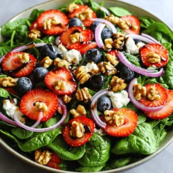 - 4 cups fresh baby spinach leaves, thoroughly washed and dried - 1 cup ripe strawberries, hulled and sliced into thin rounds - 1 cup fresh blueberries, rinsed - 1/2 cup walnuts or pecans, toasted and roughly chopped - 1/4 cup feta cheese, crumbled - 1/4 cup red onion, sliced paper-thin - 1/4 cup balsamic glaze - 2 tablespoons extra virgin olive oil - Sea salt and freshly cracked black pepper to taste You can add extra toppings to make the salad your own. Try using: - Sliced almonds for a nutty crunch - Avocado for creaminess - Dried cranberries for added sweetness - Fresh herbs like mint or basil for a flavor boost This salad is not just tasty; it’s also good for you. Here are some benefits: - Spinach: Packed with vitamins A and C, spinach supports your immune system. - Strawberries: They’re rich in antioxidants and promote heart health. - Blueberries: These tiny berries are known for brain health and may improve memory. - Walnuts: Great for healthy fats, they support brain function and heart health. - Feta Cheese: Adds calcium and protein, helping to strengthen bones. - Red Onion: Contains quercetin, which may reduce inflammation. - Balsamic Glaze: Low in calories, it adds flavor without much sugar. With these simple yet powerful ingredients, you create a salad that delights your taste buds and nourishes your body. For the full recipe, check out the Strawberry Bliss Spinach Salad 🥗. To start, grab a large salad bowl. Place 4 cups of fresh baby spinach leaves in the bowl. Make sure to wash and dry the spinach well. The spinach gives a bright, green base for the salad. Next, add 1 cup of sliced strawberries on top of the spinach. Make sure the strawberries are ripe for the best taste. Then, sprinkle 1 cup of fresh blueberries over the strawberries. These fruits add color and flavor. Now, toss in 1/2 cup of toasted walnuts or pecans for crunch. Finish this layer with 1/4 cup of crumbled feta cheese and 1/4 cup of thinly sliced red onion. In a small bowl, mix 1/4 cup of balsamic glaze with 2 tablespoons of extra virgin olive oil. Add a pinch of sea salt and some freshly cracked black pepper. Whisk the mixture until it is smooth. Just before serving, drizzle this dressing over the salad. Toss the salad gently to mix the flavors without hurting the fruits. The Full Recipe will give you all the details you need. Enjoy your fresh and healthy Strawberry Spinach Salad with Blueberries! When I pick fruits and veggies, I look for bright colors. For spinach, choose leaves that are vibrant green and crisp. Avoid any wilting or browning. For strawberries, I check for firm texture and a rich red hue. The same goes for blueberries; they should be plump and deep blue. Always smell the produce; fresh berries have a sweet scent. Buy local and in season for the best taste. This salad shines as a light lunch or a side dish. Pair it with grilled chicken for added protein. You can also serve it alongside salmon or steak. It adds a fresh touch to any meal. If you want to make it a main dish, add quinoa or chickpeas. The mix of flavors keeps it exciting. For a fun twist, serve it in small jars for a picnic. Tossing may seem simple, but it matters a lot. Use your hands gently to mix the salad. This prevents bruising the soft fruit. Start with the greens, then add toppings. Drizzle the dressing just before serving. This keeps everything crisp. If you need to mix ahead of time, store the dressing separately. Toss right before serving to maintain freshness. For a special touch, serve it in a colorful bowl to show off the ingredients. Enjoy making this Strawberry Spinach Salad with Blueberries Delight with the full recipe! {{image_4}} You can change up the fruits in this salad. Try using raspberries or blackberries instead of strawberries. You can also mix in diced apples or pears for a crunch. For nuts, almonds or pistachios work well too. They add a nice texture and flavor. Each fruit and nut brings its own taste, making your salad unique every time. While balsamic glaze is tasty, other dressings can add new flavors. A honey mustard dressing gives a sweet and tangy twist. A lemon vinaigrette brightens the salad with a zesty flavor. You can even try a creamy ranch or poppy seed dressing for a rich taste. Each dressing can change the whole vibe of your salad. Making this salad vegan is easy. Just skip the feta cheese or swap it for a vegan alternative. You can use avocado for creaminess instead of cheese. For a dairy-free dressing, mix olive oil, vinegar, and some herbs. This way, everyone can enjoy this fresh salad, no matter their diet. For the full recipe, check out the Strawberry Bliss Spinach Salad 🥗. To store your leftover salad, place it in a clean bowl. Cover it tightly with plastic wrap or a lid. This helps keep the salad fresh. If you have dressing left, store it separately. This prevents the greens from wilting. I recommend using glass containers with airtight lids. They keep the salad crisp and fresh. You can also use BPA-free plastic containers. Just ensure they seal well to avoid air exposure. If you have a salad spinner, you can store greens in it, too. Just remember to keep the dressing separate. Your strawberry spinach salad can last in the fridge for about three days. However, the quality will change over time. The spinach may wilt, and the fruit may get mushy. For the best taste, eat it within the first two days. For the full recipe, check out the details above. Yes, you can prep the salad ahead of time. Wash and dry the spinach. Slice the strawberries and onions. Store everything in separate containers. Keep the dressing in a jar. When you are ready, just combine the ingredients and drizzle the dressing on top. This helps keep the salad fresh and crisp. If you want a different cheese, try goat cheese or ricotta. You can also use avocado for a creamy texture without cheese. For a vegan option, try cashew cheese or tofu. These choices add flavor while keeping the salad delicious. This salad is naturally gluten-free! The ingredients, like spinach, strawberries, and walnuts, contain no gluten. Just make sure any dressing you use is gluten-free. Always check the labels to be sure. Enjoy this tasty salad without worry! Also, you can find the full recipe to ensure you have all the details you need. This blog post shared key steps for making a delicious salad. We covered ingredients, preparation, tips, and variations. You now know how to pick fresh items and where to store leftovers properly. Remember, you can make it your own with different fruits and dressings. Eating healthy can be fun and tasty. Enjoy your salad adventure!