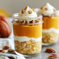 - 1 cup rolled oats - 1 cup unsweetened almond milk (or your choice of milk) - 1/2 cup canned pumpkin puree - 2 tablespoons brown sugar - 1/2 teaspoon pumpkin pie spice - 1/4 teaspoon vanilla extract - Pinch of salt - 1 tablespoon chia seeds (optional) I love using rolled oats because they give a great texture. Almond milk adds a nice creaminess and keeps it light. Canned pumpkin puree brings that lovely fall flavor. Brown sugar adds sweetness, while pumpkin pie spice gives it that warm, cozy depth. The vanilla extract brightens the mix, and a pinch of salt balances the flavors. You can add chia seeds for a boost in fiber and protein. - 1/4 cup chopped pecans - Whipped cream (optional, for garnish) Chopped pecans add crunch and a nutty flavor that pairs well with the oats. If you want to make it extra special, a dollop of whipped cream on top is a treat. It makes the dish feel festive and indulgent. You can even sprinkle some extra pumpkin pie spice for a colorful touch. These ingredients come together to create a delicious breakfast. The flavors blend overnight, making each bite a delightful experience. For the full recipe, check out the detailed instructions. Start by combining the rolled oats and your choice of milk in a mixing bowl. I like using unsweetened almond milk, but any milk works well. Next, mix in the canned pumpkin puree, brown sugar, pumpkin pie spice, and vanilla extract. Don’t forget a pinch of salt for flavor. If you want added texture and nutrition, toss in the chia seeds now. Stir everything together until it is well mixed and the oats are fully soaked. Once your mixture is ready, divide it into two or three jars or containers. Make sure each jar has a uniform amount of the mixture. Seal the jars tightly to keep everything fresh. Place them in the refrigerator. It’s best to let them chill for at least four hours, but overnight is ideal. This allows the oats to soak up all the flavors. When you are ready to eat, give your oats a good stir. If you want a creamier texture, add a splash of milk. Finally, garnish your oats with chopped pecans for a delightful crunch. If you’re feeling indulgent, top it off with a dollop of whipped cream. This simple process turns your oats into a delicious treat! For the complete recipe, check [Full Recipe]. To get the best flavor, soaking time is key. I recommend letting the oats sit overnight. This gives them time to absorb the milk and flavors. If you can’t wait that long, soak them for at least four hours. The longer they soak, the creamier they become. You can adjust the consistency to fit your taste. If you like thicker oats, use less milk. For creamier oats, add a splash of milk in the morning. Stir well to mix it in and enjoy the smooth texture. For a beautiful breakfast, I love using clear glass jars. They show off the lovely layers of oats, pumpkin, and spices. You can also sprinkle extra pumpkin pie spice on top for a pop of color. Try adding some fresh fruit for a bright touch. Sliced bananas or berries pair well with the oats. You could also serve them with yogurt or a side of nuts. This makes breakfast feel special and satisfies your cravings. Check out the [Full Recipe] to create this delicious dish yourself! {{image_4}} You can change the taste of your Brown Sugar Pumpkin Pie Overnight Oats by switching the milk. Use oat milk, coconut milk, or even whole milk to find your favorite flavor. Each type adds a unique twist. For sweetness, try maple syrup instead of brown sugar. It brings a lovely, rich flavor that pairs well with pumpkin. You can also mix in chocolate chips or dried fruit for a fun surprise! If you want gluten-free oats, choose certified gluten-free rolled oats. They are just as tasty and safe for those with gluten issues. For a vegan option, swap regular milk with almond milk or coconut milk. You can also use silken tofu or a nut-based yogurt for a creamy texture. These options keep your oats rich and satisfying, without using dairy. You can store your Brown Sugar Pumpkin Pie Overnight Oats in the fridge for up to five days. This makes them perfect for meal prep! To keep the oats fresh, always use airtight containers. This helps prevent them from drying out or absorbing other smells from the fridge. If you want to enjoy them later in the week, make sure to stir them well before serving. You can add a splash of milk to bring back the creaminess if needed. Yes, you can freeze overnight oats! Just place them in freezer-safe containers. They stay good for about three months. When you’re ready to eat, take them out and let them thaw in the fridge overnight. For a quick fix, you can microwave them for a minute or so. It’s really that easy! Just remember to stir well after thawing to mix everything up again. Enjoy your tasty breakfast whenever you want! To make these oats, follow these steps: 1. In a large mixing bowl, mix 1 cup of rolled oats and 1 cup of unsweetened almond milk. 2. Next, add 1/2 cup of canned pumpkin puree, 2 tablespoons of brown sugar, 1/2 teaspoon of pumpkin pie spice, 1/4 teaspoon of vanilla extract, and a pinch of salt. 3. If you want extra texture and nutrition, include 1 tablespoon of chia seeds. 4. Stir all the ingredients together until well combined. Make sure the oats soak in the liquid. 5. Pour the mixture into two or three jars, ensuring equal servings. 6. Seal the jars tightly and put them in the fridge for at least 4 hours or overnight. 7. In the morning, stir the oats well. If you want creamier oats, add a splash of milk. 8. Top with 1/4 cup of chopped pecans and, if you like, add a dollop of whipped cream. Yes, you can make these oats in advance. I recommend preparing them the night before. They taste best after soaking overnight. You can store them in the fridge for up to 3 days. Just make sure to keep them sealed tightly in jars or containers. This way, they stay fresh and ready for breakfast. To boost the flavor of your oats, consider these mix-ins and toppings: - A drizzle of maple syrup for extra sweetness - A sprinkle of additional pumpkin pie spice for more warmth - Fresh fruit like sliced bananas or apples for added freshness - Nut butter, like almond or peanut, for creaminess - Chocolate chips or shavings for a sweet touch These additions can make your breakfast even more delicious and fun! This article covers how to make Brown Sugar Pumpkin Pie Overnight Oats. You learned about essential ingredients, preparation steps, and serving tips. You also discovered variations and storage options for your oats. Enjoy making this healthy breakfast that you can prepare ahead of time. It’s a simple way to start your day right. Get creative with flavors and toppings to suit your taste. I hope you enjoy every bite!
