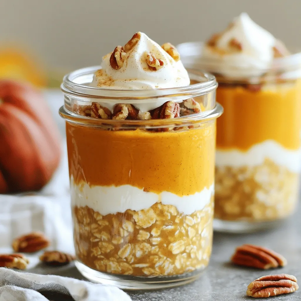 - 1 cup rolled oats - 1 cup unsweetened almond milk (or your choice of milk) - 1/2 cup canned pumpkin puree - 2 tablespoons brown sugar - 1/2 teaspoon pumpkin pie spice - 1/4 teaspoon vanilla extract - Pinch of salt - 1 tablespoon chia seeds (optional) I love using rolled oats because they give a great texture. Almond milk adds a nice creaminess and keeps it light. Canned pumpkin puree brings that lovely fall flavor. Brown sugar adds sweetness, while pumpkin pie spice gives it that warm, cozy depth. The vanilla extract brightens the mix, and a pinch of salt balances the flavors. You can add chia seeds for a boost in fiber and protein. - 1/4 cup chopped pecans - Whipped cream (optional, for garnish) Chopped pecans add crunch and a nutty flavor that pairs well with the oats. If you want to make it extra special, a dollop of whipped cream on top is a treat. It makes the dish feel festive and indulgent. You can even sprinkle some extra pumpkin pie spice for a colorful touch. These ingredients come together to create a delicious breakfast. The flavors blend overnight, making each bite a delightful experience. For the full recipe, check out the detailed instructions. Start by combining the rolled oats and your choice of milk in a mixing bowl. I like using unsweetened almond milk, but any milk works well. Next, mix in the canned pumpkin puree, brown sugar, pumpkin pie spice, and vanilla extract. Don’t forget a pinch of salt for flavor. If you want added texture and nutrition, toss in the chia seeds now. Stir everything together until it is well mixed and the oats are fully soaked. Once your mixture is ready, divide it into two or three jars or containers. Make sure each jar has a uniform amount of the mixture. Seal the jars tightly to keep everything fresh. Place them in the refrigerator. It’s best to let them chill for at least four hours, but overnight is ideal. This allows the oats to soak up all the flavors. When you are ready to eat, give your oats a good stir. If you want a creamier texture, add a splash of milk. Finally, garnish your oats with chopped pecans for a delightful crunch. If you’re feeling indulgent, top it off with a dollop of whipped cream. This simple process turns your oats into a delicious treat! For the complete recipe, check [Full Recipe]. To get the best flavor, soaking time is key. I recommend letting the oats sit overnight. This gives them time to absorb the milk and flavors. If you can’t wait that long, soak them for at least four hours. The longer they soak, the creamier they become. You can adjust the consistency to fit your taste. If you like thicker oats, use less milk. For creamier oats, add a splash of milk in the morning. Stir well to mix it in and enjoy the smooth texture. For a beautiful breakfast, I love using clear glass jars. They show off the lovely layers of oats, pumpkin, and spices. You can also sprinkle extra pumpkin pie spice on top for a pop of color. Try adding some fresh fruit for a bright touch. Sliced bananas or berries pair well with the oats. You could also serve them with yogurt or a side of nuts. This makes breakfast feel special and satisfies your cravings. Check out the [Full Recipe] to create this delicious dish yourself! {{image_4}} You can change the taste of your Brown Sugar Pumpkin Pie Overnight Oats by switching the milk. Use oat milk, coconut milk, or even whole milk to find your favorite flavor. Each type adds a unique twist. For sweetness, try maple syrup instead of brown sugar. It brings a lovely, rich flavor that pairs well with pumpkin. You can also mix in chocolate chips or dried fruit for a fun surprise! If you want gluten-free oats, choose certified gluten-free rolled oats. They are just as tasty and safe for those with gluten issues. For a vegan option, swap regular milk with almond milk or coconut milk. You can also use silken tofu or a nut-based yogurt for a creamy texture. These options keep your oats rich and satisfying, without using dairy. You can store your Brown Sugar Pumpkin Pie Overnight Oats in the fridge for up to five days. This makes them perfect for meal prep! To keep the oats fresh, always use airtight containers. This helps prevent them from drying out or absorbing other smells from the fridge. If you want to enjoy them later in the week, make sure to stir them well before serving. You can add a splash of milk to bring back the creaminess if needed. Yes, you can freeze overnight oats! Just place them in freezer-safe containers. They stay good for about three months. When you’re ready to eat, take them out and let them thaw in the fridge overnight. For a quick fix, you can microwave them for a minute or so. It’s really that easy! Just remember to stir well after thawing to mix everything up again. Enjoy your tasty breakfast whenever you want! To make these oats, follow these steps: 1. In a large mixing bowl, mix 1 cup of rolled oats and 1 cup of unsweetened almond milk. 2. Next, add 1/2 cup of canned pumpkin puree, 2 tablespoons of brown sugar, 1/2 teaspoon of pumpkin pie spice, 1/4 teaspoon of vanilla extract, and a pinch of salt. 3. If you want extra texture and nutrition, include 1 tablespoon of chia seeds. 4. Stir all the ingredients together until well combined. Make sure the oats soak in the liquid. 5. Pour the mixture into two or three jars, ensuring equal servings. 6. Seal the jars tightly and put them in the fridge for at least 4 hours or overnight. 7. In the morning, stir the oats well. If you want creamier oats, add a splash of milk. 8. Top with 1/4 cup of chopped pecans and, if you like, add a dollop of whipped cream. Yes, you can make these oats in advance. I recommend preparing them the night before. They taste best after soaking overnight. You can store them in the fridge for up to 3 days. Just make sure to keep them sealed tightly in jars or containers. This way, they stay fresh and ready for breakfast. To boost the flavor of your oats, consider these mix-ins and toppings: - A drizzle of maple syrup for extra sweetness - A sprinkle of additional pumpkin pie spice for more warmth - Fresh fruit like sliced bananas or apples for added freshness - Nut butter, like almond or peanut, for creaminess - Chocolate chips or shavings for a sweet touch These additions can make your breakfast even more delicious and fun! This article covers how to make Brown Sugar Pumpkin Pie Overnight Oats. You learned about essential ingredients, preparation steps, and serving tips. You also discovered variations and storage options for your oats. Enjoy making this healthy breakfast that you can prepare ahead of time. It’s a simple way to start your day right. Get creative with flavors and toppings to suit your taste. I hope you enjoy every bite!