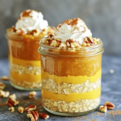 - 1 cup rolled oats - 1 cup unsweetened almond milk - 1/2 cup canned pumpkin puree - 2 tablespoons brown sugar - 1 teaspoon vanilla extract - 1 teaspoon pumpkin pie spice - 1 tablespoon chia seeds - 1/4 cup chopped pecans or walnuts - Whipped cream or coconut whipped topping Gather these ingredients to make your brown sugar pumpkin pie overnight oats. I love using rolled oats as they absorb almond milk well. Canned pumpkin puree adds a rich flavor and creamy texture. For sweetness, I use brown sugar, but feel free to adjust it to your taste. Vanilla extract gives a warm note, while pumpkin pie spice adds that festive touch. Optional ingredients let you customize your oats. Chia seeds thicken the mixture and add fiber. Chopped nuts provide crunch and healthy fats. Finally, a dollop of whipped cream makes it extra special. This recipe is flexible. You can mix and match ingredients based on what you have at home. Check the full recipe for more details on how to combine these flavors! 1. In a large bowl, combine the rolled oats and almond milk. Mix gently until the oats soak up the milk. 2. Next, add the pumpkin puree, brown sugar, vanilla extract, pumpkin pie spice, ground cinnamon, and salt. If you like a thicker texture, toss in chia seeds now. 3. Stir everything well. Make sure each ingredient blends in nicely. You want a smooth mix with no dry spots. 1. Carefully divide the mixture into two or three mason jars or airtight containers. Make sure each jar has an equal amount. 2. Seal the jars tightly. Place them in the fridge overnight. This is key for the oats to absorb all the yummy flavors. 1. In the morning, take your jars out of the fridge. Give the oats a good stir. If they seem too thick, add a splash of almond milk to make them creamier. 2. Top each serving with chopped pecans or walnuts. Add a dollop of whipped cream or coconut whipped topping for a sweet finish. You can find the full recipe above. Enjoy your delicious Brown Sugar Pumpkin Pie Overnight Oats! To get the perfect thickness for your oats, start with the right amount of almond milk. If your oats feel too thick, just add a splash more almond milk. This will help soften the oats and give you that creamy texture. Mixing thoroughly is key. Make sure you stir all the ingredients well. This ensures that every bite has the same great taste. Want to amp up the flavor? Consider adding a pinch of nutmeg or ginger. These spices work well with pumpkin and add warmth. You can also switch up the milk. Try oat milk or coconut milk for a fun twist. Each type of milk brings its own unique taste, making your oats even more exciting. Serving your oats in clear glasses makes them look beautiful. You can see the layers and colors, which is very appealing. Drizzling extra pumpkin puree on top adds a pop of color and flavor. A sprinkle of cinnamon also makes it look fancy. These small touches will impress anyone you serve. {{image_4}} You can easily make this recipe healthier. Instead of brown sugar, try using natural sweeteners like honey or maple syrup. These options add sweetness without refined sugar. You can also adjust the amount of sweetener to fit your taste. Adding protein powder is another great option. This helps make your breakfast more filling. Choose a flavor that complements the pumpkin. Vanilla protein powder works well here. Get creative with flavor! Try mixing in fruits like bananas or apples. These add natural sweetness and extra fiber. You can slice them thin or even mash them up before mixing. You can also experiment with nut toppings. Chopped pecans or walnuts add crunch. Try adding almonds or hazelnuts for a different taste. You can enjoy your overnight oats hot or cold. If you prefer hot oats, warm them up in the microwave for a minute. This can give a cozy feel, especially in colder months. Another fun way to serve is in parfait form. Layer the oats with fruits and nuts in a glass. This makes for a stunning presentation. Plus, it adds a fun texture to each bite. For the full recipe, check out the Brown Sugar Pumpkin Pie Overnight Oats section. To keep your Brown Sugar Pumpkin Pie Overnight Oats fresh, store them in airtight containers. Glass jars work great since they seal tightly. Always place them in the fridge right after making them. This helps the oats soak up the flavor. They can stay good for about 3 to 5 days. Check for any changes in smell or texture before eating. You can freeze these oats if you want to keep them longer. Use freezer-safe containers to avoid freezer burn. Make sure to leave some space in the container for expansion. When you want to eat them, move them to the fridge overnight to thaw. After thawing, stir well to mix everything back together. If they seem too watery, add a little more oats to maintain texture. If you prefer your oats hot, you can reheat them easily. The best method is to use a microwave. Heat them in short bursts, stirring in between. This helps keep the flavor intact. You can also use a stovetop. Just warm them gently in a pot over low heat. If they seem dry, add a splash of almond milk to bring back the creaminess. Enjoy them warm with your favorite toppings from the Full Recipe. Yes, you can easily make this recipe vegan. To do this, simply swap the regular milk for any plant-based milk, like almond or coconut milk. You can also use maple syrup or agave nectar instead of brown sugar. These changes keep the taste rich and sweet, just like the original. You can store your overnight oats in the fridge for up to five days. Just remember to keep them in airtight containers. A good tip is to label them with the date you made them, so you know when to enjoy them. This way, you can always have a quick and tasty breakfast ready! If your oats are too thick in the morning, don't worry! You can easily fix this. Just add a splash of almond milk or your choice of milk and stir well. This will help reach your desired creaminess. Mixing in a little more liquid gives your oats a nice, smooth texture. In this blog post, we explored how to make tasty Brown Sugar Pumpkin Pie Overnight Oats. We covered main ingredients like oats and pumpkin, plus sweeteners and spices. You learned step-by-step instructions, tips for the best texture, and fun variations. Remember, these oats are simple to prepare and customizable. They fit into any diet, whether you want them hot or cold. Try your unique twists to elevate your breakfast. With these easy guides, enjoy a healthy meal that is both delicious and satisfying. Happy cooking!