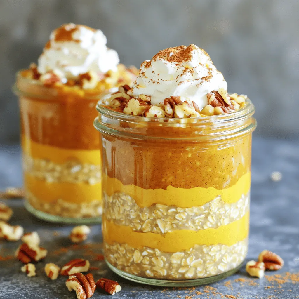 - 1 cup rolled oats - 1 cup unsweetened almond milk - 1/2 cup canned pumpkin puree - 2 tablespoons brown sugar - 1 teaspoon vanilla extract - 1 teaspoon pumpkin pie spice - 1 tablespoon chia seeds - 1/4 cup chopped pecans or walnuts - Whipped cream or coconut whipped topping Gather these ingredients to make your brown sugar pumpkin pie overnight oats. I love using rolled oats as they absorb almond milk well. Canned pumpkin puree adds a rich flavor and creamy texture. For sweetness, I use brown sugar, but feel free to adjust it to your taste. Vanilla extract gives a warm note, while pumpkin pie spice adds that festive touch. Optional ingredients let you customize your oats. Chia seeds thicken the mixture and add fiber. Chopped nuts provide crunch and healthy fats. Finally, a dollop of whipped cream makes it extra special. This recipe is flexible. You can mix and match ingredients based on what you have at home. Check the full recipe for more details on how to combine these flavors! 1. In a large bowl, combine the rolled oats and almond milk. Mix gently until the oats soak up the milk. 2. Next, add the pumpkin puree, brown sugar, vanilla extract, pumpkin pie spice, ground cinnamon, and salt. If you like a thicker texture, toss in chia seeds now. 3. Stir everything well. Make sure each ingredient blends in nicely. You want a smooth mix with no dry spots. 1. Carefully divide the mixture into two or three mason jars or airtight containers. Make sure each jar has an equal amount. 2. Seal the jars tightly. Place them in the fridge overnight. This is key for the oats to absorb all the yummy flavors. 1. In the morning, take your jars out of the fridge. Give the oats a good stir. If they seem too thick, add a splash of almond milk to make them creamier. 2. Top each serving with chopped pecans or walnuts. Add a dollop of whipped cream or coconut whipped topping for a sweet finish. You can find the full recipe above. Enjoy your delicious Brown Sugar Pumpkin Pie Overnight Oats! To get the perfect thickness for your oats, start with the right amount of almond milk. If your oats feel too thick, just add a splash more almond milk. This will help soften the oats and give you that creamy texture. Mixing thoroughly is key. Make sure you stir all the ingredients well. This ensures that every bite has the same great taste. Want to amp up the flavor? Consider adding a pinch of nutmeg or ginger. These spices work well with pumpkin and add warmth. You can also switch up the milk. Try oat milk or coconut milk for a fun twist. Each type of milk brings its own unique taste, making your oats even more exciting. Serving your oats in clear glasses makes them look beautiful. You can see the layers and colors, which is very appealing. Drizzling extra pumpkin puree on top adds a pop of color and flavor. A sprinkle of cinnamon also makes it look fancy. These small touches will impress anyone you serve. {{image_4}} You can easily make this recipe healthier. Instead of brown sugar, try using natural sweeteners like honey or maple syrup. These options add sweetness without refined sugar. You can also adjust the amount of sweetener to fit your taste. Adding protein powder is another great option. This helps make your breakfast more filling. Choose a flavor that complements the pumpkin. Vanilla protein powder works well here. Get creative with flavor! Try mixing in fruits like bananas or apples. These add natural sweetness and extra fiber. You can slice them thin or even mash them up before mixing. You can also experiment with nut toppings. Chopped pecans or walnuts add crunch. Try adding almonds or hazelnuts for a different taste. You can enjoy your overnight oats hot or cold. If you prefer hot oats, warm them up in the microwave for a minute. This can give a cozy feel, especially in colder months. Another fun way to serve is in parfait form. Layer the oats with fruits and nuts in a glass. This makes for a stunning presentation. Plus, it adds a fun texture to each bite. For the full recipe, check out the Brown Sugar Pumpkin Pie Overnight Oats section. To keep your Brown Sugar Pumpkin Pie Overnight Oats fresh, store them in airtight containers. Glass jars work great since they seal tightly. Always place them in the fridge right after making them. This helps the oats soak up the flavor. They can stay good for about 3 to 5 days. Check for any changes in smell or texture before eating. You can freeze these oats if you want to keep them longer. Use freezer-safe containers to avoid freezer burn. Make sure to leave some space in the container for expansion. When you want to eat them, move them to the fridge overnight to thaw. After thawing, stir well to mix everything back together. If they seem too watery, add a little more oats to maintain texture. If you prefer your oats hot, you can reheat them easily. The best method is to use a microwave. Heat them in short bursts, stirring in between. This helps keep the flavor intact. You can also use a stovetop. Just warm them gently in a pot over low heat. If they seem dry, add a splash of almond milk to bring back the creaminess. Enjoy them warm with your favorite toppings from the Full Recipe. Yes, you can easily make this recipe vegan. To do this, simply swap the regular milk for any plant-based milk, like almond or coconut milk. You can also use maple syrup or agave nectar instead of brown sugar. These changes keep the taste rich and sweet, just like the original. You can store your overnight oats in the fridge for up to five days. Just remember to keep them in airtight containers. A good tip is to label them with the date you made them, so you know when to enjoy them. This way, you can always have a quick and tasty breakfast ready! If your oats are too thick in the morning, don't worry! You can easily fix this. Just add a splash of almond milk or your choice of milk and stir well. This will help reach your desired creaminess. Mixing in a little more liquid gives your oats a nice, smooth texture. In this blog post, we explored how to make tasty Brown Sugar Pumpkin Pie Overnight Oats. We covered main ingredients like oats and pumpkin, plus sweeteners and spices. You learned step-by-step instructions, tips for the best texture, and fun variations. Remember, these oats are simple to prepare and customizable. They fit into any diet, whether you want them hot or cold. Try your unique twists to elevate your breakfast. With these easy guides, enjoy a healthy meal that is both delicious and satisfying. Happy cooking!