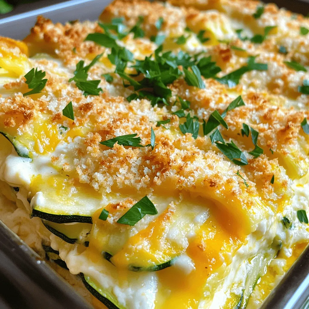 For the creamy cheesy zucchini casserole, here’s what you need: - 4 medium zucchinis, thinly sliced - 1 cup ricotta cheese - 1 cup shredded mozzarella cheese - 1/2 cup grated Parmesan cheese - 1 cup heavy cream - 2 cloves garlic, minced - 1 teaspoon dried oregano - 1 teaspoon salt - 1/2 teaspoon black pepper - 1/2 teaspoon red pepper flakes (optional for a spicy kick) - 1 cup breadcrumbs (preferably panko for extra crunch) - Fresh parsley, chopped (for garnish) Let’s talk about the zucchinis first. You want fresh zucchinis that are firm and shiny. Wash them well, then slice them thin. This helps them cook evenly in the casserole. Next, cheese options are key. I love using ricotta for creaminess. Mozzarella melts beautifully and adds stretch. Parmesan gives that sharp taste that balances the dish. You can mix and match these cheeses based on what you have. Now, let’s not forget the cream. Heavy cream adds richness. Together with the cheese, it creates a silky sauce. Garlic and oregano bring out the flavors. Salt, black pepper, and red pepper flakes add seasoning and a bit of heat. With this complete ingredient list, you're ready for the full recipe of creamy cheesy zucchini casserole! Start by washing your zucchinis. Cut off both ends and slice them thinly. Thin slices cook better and soak up flavor. Next, mix your cheese. In a big bowl, add ricotta, heavy cream, garlic, oregano, salt, black pepper, and red pepper flakes if you want a kick. Blend these until smooth. This mixture gives the dish its creamy base. Layering is key for flavor. Grease a 9x13 inch baking dish lightly. Place half of your zucchini in an even layer on the bottom. Spoon half of your cheese mixture over the zucchini. Then, sprinkle mozzarella and Parmesan cheese on top. Repeat this with the rest of the zucchini and cheese mixture. Make sure you top it well with cheese for that delicious, cheesy finish. Preheat your oven to 375°F (190°C). This step is important to bake your casserole evenly. Cover your dish with aluminum foil. This keeps moisture in and helps cook the zucchini. Bake for 25 minutes. After that, take off the foil. This helps the top brown nicely. Bake for another 15 to 20 minutes. You want the top to be golden and bubbly. After baking, let the casserole cool for a few minutes. This helps it set and makes it easier to cut. When serving, sprinkle fresh parsley on top for color. Drizzle a bit of olive oil to enhance the flavor. Enjoy this creamy cheesy zucchini casserole as a perfect side or main dish! For the complete recipe, check out the Full Recipe. To make your creamy cheesy zucchini casserole even richer, try using full-fat ingredients. You can swap ricotta cheese with mascarpone for a silkier texture. If you want more flavor, consider adding cream cheese. This will give the dish a delightful tang. You can also mix in some sour cream for added creaminess and a slight tartness. Each choice enhances the dish while keeping it delicious. The right breadcrumbs can make all the difference. I recommend using panko breadcrumbs. They are light and create a great crunch. If you want to add flavor to the crumbs, mix in some grated Parmesan or Italian seasoning. You can also toast the breadcrumbs lightly in olive oil before adding them to your casserole. This step adds flavor and keeps them from getting soggy. When serving your casserole, consider fresh herbs like parsley or basil for garnish. They add color and freshness. A drizzle of good olive oil on top enhances the flavor too. Pair this dish with a crisp salad or roasted veggies for a complete meal. You can also serve it with crusty bread to soak up all that creamy goodness. Enjoy this dish with your favorite sides for a delightful dinner! {{image_4}} For a lighter version of this creamy cheesy zucchini casserole, you can use low-fat cheese options. Try part-skim ricotta or low-fat mozzarella. These still provide great flavor without the extra fat. You can also add more vegetables for extra nutrition. Spinach, bell peppers, or carrots blend well with zucchini and boost the dish’s health profile. To enhance the flavor, incorporate herbs and spices. Fresh basil, thyme, or even dill can add a fresh twist. You can also play with different cheeses. Instead of just mozzarella, consider using gouda or feta for a unique taste. Mixing cheeses creates a nice depth of flavor that keeps each bite exciting. If you need gluten-free options, swap regular breadcrumbs for gluten-free ones. For a vegan version, use plant-based cheese and cream alternatives. Silken tofu can replace ricotta, giving a rich texture. These changes keep the casserole delicious while meeting dietary needs. Enjoy experimenting with these variations to find your perfect mix! To keep your creamy cheesy zucchini casserole fresh, store leftovers in an airtight container. Place it in the fridge within two hours of cooking. This will help keep the flavors intact. Make sure you consume it within three to four days for the best taste. When you’re ready to enjoy the leftovers, reheat them in the oven. Preheat your oven to 350°F (175°C). Place the casserole in a baking dish and cover it with foil. This keeps it moist. Heat for about 20 minutes or until it is warmed through. You can also use the microwave, but the oven helps maintain the texture and flavor of the cheese. To freeze the casserole, let it cool completely. Cut it into individual portions for easy meals later. Wrap each portion tightly in plastic wrap and place them in a freezer-safe bag. When you want to eat it, thaw it overnight in the fridge. Then, reheat it using the instructions above. This way, you can enjoy this dish even weeks later! For the full recipe, check the Creamy Cheesy Zucchini Casserole section. You can tell the casserole is done when the top is golden brown and bubbly. The edges will also start to pull away from the sides of the dish. A knife inserted in the center should come out warm and clean. Use these signs for perfect doneness to ensure your dish is ready. The baking time is about 40 to 45 minutes in total. Yes, you can prepare this casserole ahead of time! Layer the zucchini and cheese mixture in the baking dish. Cover it with plastic wrap or foil and store it in the fridge. This dish can sit for up to 24 hours before baking. Just remember to let it sit at room temperature for about 30 minutes before you bake it. This helps it cook evenly. To add some heat to your casserole, mix in extra red pepper flakes. You can also add diced jalapeños for a fresh kick. For a smoky flavor, consider using chipotle peppers in adobo sauce. If you enjoy spicy cheese, try using pepper jack instead of mozzarella. These options will give your dish a delightful zing. This blog post covered all the key steps for making a delicious zucchini casserole. We explored ingredient choices, from fresh zucchinis to various cheeses and creams. The baking process ensures great flavor, while tips and tricks enhance creaminess and crunch. Variations let you customize for any diet and taste. Remember to store leftovers properly and reheat for the best experience. Embrace your creativity in the kitchen and enjoy every bite. A great dish starts with solid skills and a bit of fun!