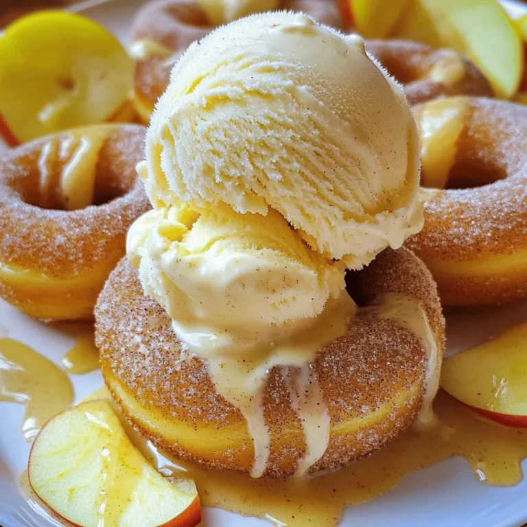 - 2 cups apple cider - 1 cup all-purpose flour - 1 cup whole wheat flour - 1 teaspoon baking powder - 1 teaspoon baking soda - 1 teaspoon ground cinnamon - 1/2 teaspoon freshly grated nutmeg - 1/2 teaspoon sea salt - 1 cup granulated sugar - 1/4 cup unsalted butter, softened - 2 large eggs - 1/2 cup buttermilk - 1/2 teaspoon pure vanilla extract - Additional ingredients for coating - 1 pint of cinnamon or vanilla ice cream - Extra cinnamon-sugar mixture - Leftover apple cider reduction To make these delicious apple cider donut ice cream sandwiches, you need fresh ingredients. Start with apple cider for that authentic fall flavor. I use both all-purpose flour and whole wheat flour for a nice texture. Baking powder and baking soda help the donuts rise. Ground cinnamon and nutmeg add warmth and spice. Don't forget the sea salt to balance the sweetness. For the ice cream filling, I recommend cinnamon or vanilla ice cream. It pairs perfectly with the sweet donuts. For a fun touch, you can sprinkle extra cinnamon sugar on top or drizzle leftover apple cider reduction around the plate. You can find the full recipe linked here to guide you through each step! To make the cider reduction, start by pouring the apple cider into a small saucepan. Set your heat to medium and bring the cider to a boil. Once it starts bubbling, lower the heat. Let it simmer while stirring occasionally. This helps it thicken and reduce. You want it to become about one cup of liquid. This should take 15-20 minutes. Once reduced, remove it from the heat and let it cool slightly. In a large mixing bowl, you need to combine the dry ingredients. Whisk together the all-purpose flour, whole wheat flour, baking powder, baking soda, ground cinnamon, nutmeg, and sea salt. Make sure everything is mixed well. In another bowl, cream the softened butter and sugar together using a hand mixer or stand mixer. Beat until the mixture is light and fluffy. Next, add the eggs, buttermilk, and vanilla. Mix until it is all combined. Now, slowly drizzle in your cooled cider reduction. Stir gently as you pour it in. Then, gradually mix in the dry ingredients. Be careful not to overmix; a few lumps are okay. Preheat your oven to 350°F (175°C). Lightly grease your donut pan or prepare a non-stick skillet if you want donut holes. Fill each cavity of the donut pan about three-quarters full with batter. Bake in the oven for 10-12 minutes. You want the donuts to be golden brown. Check with a toothpick; it should come out clean. If you are using a skillet, drop small portions of dough into hot oil. Flip them until they are browned on all sides. After baking, transfer the donuts to a wire rack to cool completely. To make fluffy donuts, you must avoid overmixing the dough. Mixing too much makes the donuts tough. Mix just until you see no dry flour. This keeps them light and airy. Use a sturdy mixing bowl and a good whisk. A donut pan helps shape the donuts perfectly. If you don't have one, a muffin tin works too! Choosing the right ice cream is key for great sandwiches. Look for ice cream that is soft but not too runny. Vanilla or cinnamon flavors match well with apple cider donuts. You can also try caramel or maple for a twist. Let the ice cream sit at room temperature for a few minutes before scooping. This makes it easier to spread onto the donuts. For a stunning presentation, serve your ice cream sandwiches on a nice platter. You can drizzle leftover apple cider reduction on the side. This adds a beautiful touch and more flavor. Sprinkle extra cinnamon sugar around the platter for a fun look. Use colorful napkins to make the display pop. Enjoy these treats with family and friends! {{image_4}} You can switch up your ice cream flavors for fun. Try apple pie ice cream for a classic twist. Maple ice cream adds a nice autumn touch. If you want something richer, consider caramel swirl ice cream. Want to be adventurous? Try cinnamon roll ice cream for added spice. Each choice gives a new taste to your sandwich. You can easily adapt this recipe for different diets. To make it gluten-free, use a gluten-free flour blend in place of all-purpose and whole wheat flour. For a vegan option, swap out the butter for coconut oil and use flax eggs instead of regular eggs. Replace buttermilk with almond milk mixed with a bit of vinegar. These changes make it friendly for everyone. Toppings can elevate your ice cream sandwiches even more. Try adding crushed nuts like pecans or walnuts for a crunchy texture. Drizzle warm caramel or chocolate sauce for extra sweetness. If you like a bit of zest, add a sprinkle of sea salt on top. You can even throw in some fresh apple slices for a fruity crunch. Each topping brings a new layer of flavor to your dessert. To keep your apple cider donut ice cream sandwiches fresh, store them in an airtight container. Place parchment paper between each sandwich to prevent sticking. This method helps maintain their texture and flavor. Make sure to keep the container in the fridge if you plan to eat them within a few days. For long-term storage, freezing is a great option. Wrap each sandwich in plastic wrap or foil. Then, place the wrapped sandwiches in a freezer-safe bag. This keeps them fresh for up to three months. When you're ready to enjoy them, take them out and let them thaw in the fridge overnight. To refresh your frozen sandwiches, heat them gently. Preheat your oven to 350°F (175°C). Place the sandwiches on a baking sheet and warm them for about 5-10 minutes. This will soften the donuts and make the ice cream creamy again. Enjoy them like they are fresh! Yes, you can make the donuts ahead of time. After baking, let them cool completely. Store them in an airtight container at room temperature for up to two days. If you need to keep them longer, freeze the cooled donuts. Just make sure to wrap them well to avoid freezer burn. When you are ready to enjoy, let them thaw at room temperature before assembling the sandwiches. If you don’t have buttermilk, don’t worry! You can make a simple substitute. Mix one cup of milk with one tablespoon of lemon juice or white vinegar. Let it sit for about five minutes. This will create a tangy milk that works well in the recipe. You can also use plain yogurt or sour cream, thinned with a little milk, for a similar effect. These ice cream sandwiches are best enjoyed fresh. If stored properly, they last about three days in the freezer. Wrap each sandwich in plastic wrap or foil to keep them from getting icy. For the best taste and texture, eat them within a day or two for maximum freshness. You now have a complete guide to making tasty ice cream sandwiches with apple cider donuts. We covered the ingredients, step-by-step instructions, and various tips. You can create fluffy, delicious treats that suit your taste. Feel free to try different ice cream flavors or toppings. Remember, these sandwiches are perfect for sharing or enjoying on your own. With these simple steps, you can make a sweet treat that everyone will love. Enjoy being creative and have fun in the kitchen!