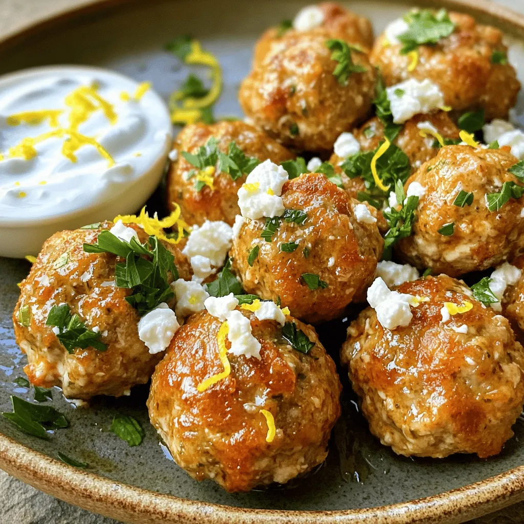 To make Greek chicken meatballs, gather these key ingredients: - 1 lb ground chicken - 1/2 cup whole wheat breadcrumbs - 1/4 cup feta cheese, crumbled - 1/4 cup fresh parsley, finely chopped - 2 cloves garlic, minced - 1 teaspoon dried oregano - 1 teaspoon dried dill - 1 tablespoon fresh lemon juice - Zest of 1 lemon - Salt and freshly ground black pepper, to taste - Olive oil, for frying These ingredients help create a tasty and healthy meal. The ground chicken gives a light base. Feta adds a creamy, tangy flavor. Fresh herbs like parsley and dill brighten up the taste. The lemon juice and zest bring a refreshing twist. To make these meatballs your own, consider adding: - Chopped spinach for extra greens - Red onion for a bit of sweetness - A pinch of cayenne for heat - Sun-dried tomatoes for a burst of flavor - Different types of cheese like goat cheese These options let you play with flavors and textures. You can mix and match to find your favorite combination. Each serving of Greek chicken meatballs contains: - Calories: Approximately 250 - Protein: 25g - Carbohydrates: 15g - Fiber: 2g - Fat: 12g These meatballs are a great source of protein and are lower in carbs than many dishes. They fit well into a balanced meal. You can serve them with a salad or whole grain pita to round out your plate. For the full recipe, check out the detailed instructions. To start, gather your ingredients. You need ground chicken, breadcrumbs, feta cheese, parsley, garlic, oregano, dill, lemon juice, and zest. In a large bowl, add the ground chicken, breadcrumbs, and feta. Next, mix in the chopped parsley, minced garlic, oregano, and dill. Squeeze in the lemon juice and add the lemon zest. Now, season with salt and pepper. Use your hands to mix everything. Make sure it is well combined. This step is key for a tasty meatball. Once your mixture is ready, heat a skillet over medium heat. Add a good amount of olive oil to coat the bottom. Use slightly moistened hands to scoop the meatball mixture. Roll it into balls about the size of a golf ball. Place them on a plate. When the skillet is hot, carefully add the meatballs in batches. Do not overcrowd the pan. Cook them for about 5-7 minutes on each side. You want a golden brown crust. Check that the inside of each meatball reaches 165°F (74°C). After cooking, transfer the meatballs to a plate lined with paper towels. This will help soak up any extra oil. Serve your Greek chicken meatballs warm. They are great on their own or with a yogurt sauce. You can also pair them with a fresh salad or warm pita bread. For a nice touch, drizzle more olive oil on top. A sprinkle of fresh parsley adds color, too. For the full recipe, check the section above. Enjoy your meal! To get the best texture for your Greek chicken meatballs, start with the right ground chicken. Use fresh, high-quality meat. Mixing in whole wheat breadcrumbs adds structure while keeping them light. Crumbled feta cheese brings a creamy texture and salty flavor. Don't overmix your meatball mixture; just blend until everything is combined. This helps keep the meatballs tender. One big mistake is overcrowding the pan. It can steam the meatballs and stop them from browning. Always leave space between each meatball. Another mistake is skipping the resting time after cooking. Let the meatballs sit on paper towels to absorb extra oil. This keeps them from being greasy and helps maintain their structure. To ensure your meatballs stay juicy, add moisture through lemon juice and zest. The feta also helps keep them moist. When mixing, avoid compacting the meat too tightly; this can make them tough. Use slightly wet hands when rolling the meatballs to prevent sticking. Cooking them at medium heat allows for an even cook without drying them out. For the full recipe, check the section above. {{image_4}} If you want to switch things up, try different proteins. Ground turkey works great. It keeps the meal light but still tasty. Ground beef or pork can also work well. These meats add a rich flavor. If you want a meat-free option, try using lentils or chickpeas. Both give a nice texture and flavor. Herbs and spices can make your meatballs pop. I love adding fresh mint for a bright taste. You can also try basil or cilantro for a different flavor profile. If you like heat, add a pinch of red pepper flakes. This will give your meatballs a nice kick. Experimenting with different herbs keeps the dish exciting. You can serve Greek chicken meatballs in many fun ways. Skewers are a great idea for parties. Just thread the meatballs on sticks and grill them. You can also serve them in warm pita wraps. Add lettuce, tomatoes, and tzatziki sauce for a fresh meal. Another option is to serve them over a bed of rice or quinoa. This adds a nice base and makes the dish more filling. Try these variations to keep your Greek chicken meatballs fun and fresh. For the complete recipe, refer to the Full Recipe section. To store leftover meatballs, let them cool first. Place them in an airtight container. You can keep them in the fridge for up to three days. Make sure they are in a single layer if possible. This helps keep them from sticking together. When you reheating meatballs, use the stove for the best taste. Heat a skillet over medium heat. Add a splash of olive oil to the pan. Place the meatballs in the skillet and cover it. Heat them for about 5 minutes, turning halfway through. This method keeps them moist and tasty. If you want to freeze meatballs, first let them cool completely. Lay them out on a baking sheet in a single layer. Freeze them for a few hours until solid. Once frozen, transfer them to a freezer bag. They can last for up to three months. Thaw them overnight in the fridge before reheating. This way, you have a quick meal ready anytime! For the full recipe, check out the details above. The best internal temperature for chicken meatballs is 165°F (74°C). This ensures that they are safe to eat. Use a meat thermometer to check this. Insert it into the center of the meatball. If it reads 165°F, your meatballs are ready! This step is key. Undercooked meatballs can lead to foodborne illness. Always prioritize safety in the kitchen. Yes, you can bake Greek chicken meatballs! Baking is a healthier option and still yields great flavor. Preheat your oven to 400°F (200°C). Place the meatballs on a baking sheet lined with parchment paper. Bake for about 20-25 minutes or until they reach the ideal internal temperature. This method keeps your meatballs moist while also adding a bit of crispness to the outside. Tzatziki sauce is a perfect match for Greek chicken meatballs. It adds a cool, creamy taste that balances the flavors. To make tzatziki, mix yogurt, cucumber, garlic, and lemon juice. You can also try a tomato-based sauce or a simple olive oil drizzle. Each option brings out the best in the meatballs. For a full recipe, check out the Mediterranean Zesty Greek Chicken Meatballs. We covered how to make tasty Greek chicken meatballs. You learned about key ingredients, cooking methods, and tips for a great texture. Remember to try variations with different proteins and herbs to keep things exciting. Store any leftovers properly for future meals. Use our FAQs to clarify doubts and enhance your dish. With these tools, you'll serve up delicious meatballs every time. Enjoy creating your own flavorful versions!