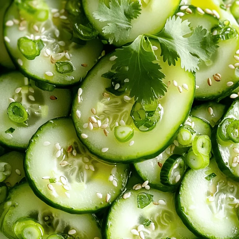 To make a delicious Japanese cucumber salad, you need the following ingredients: - 2 large Japanese cucumbers (or regular cucumbers), thinly sliced - 1 teaspoon salt - 1 tablespoon rice vinegar - 1 tablespoon sesame oil - 1 teaspoon soy sauce - 1 teaspoon sugar - 1 teaspoon freshly grated ginger - 1 tablespoon toasted sesame seeds - 2 green onions, finely chopped - Fresh cilantro sprigs for garnish (optional) This recipe features key ingredients that bring authentic flavors. - Japanese cucumbers: These are long, thin, and have a crisp texture. They have fewer seeds and a delicate skin. - Rice vinegar: This vinegar is milder than other types. It adds a gentle tang to the salad. - Sesame oil: This oil has a rich, nutty flavor. It enhances the overall taste of the dish. - Soy sauce: This adds umami depth. It balances the sweetness from the sugar. Choosing the right cucumbers is vital for this salad. Here are some tips: - Look for cucumbers that are firm and smooth. They should not have soft spots or wrinkles. - Pick cucumbers that feel heavy for their size. This indicates high water content and freshness. - Choose organic cucumbers if possible. They often have better flavor and are free from pesticides. - Avoid cucumbers with a yellow tint, as this suggests overripeness. These tips will help you select the best cucumbers for your salad. For the complete process, check the [Full Recipe]. To start, I slice the cucumbers thinly. You can use either Japanese cucumbers or regular ones. I place the cucumber slices in a colander and sprinkle them with salt. This step is key! The salt draws out extra water and makes the cucumbers crisp. Let them sit for 10 to 15 minutes. After this, I give them a gentle squeeze to remove any remaining moisture. While the cucumbers drain, I mix up the dressing. In a small bowl, I whisk together rice vinegar, sesame oil, soy sauce, sugar, and freshly grated ginger. I mix until the sugar dissolves. This dressing gives the salad its unique flavor. Set it aside until the cucumbers are ready. Once the cucumbers are ready, I transfer them to a clean bowl. Next, I drizzle the dressing over the cucumbers. I toss everything gently so each slice gets a nice coating. Then, I add toasted sesame seeds and chopped green onions. I toss the mixture again, allowing the flavors to blend well. I let the salad sit for about 10 minutes before serving. This waiting time helps the flavors meld together. If I want, I add fresh cilantro sprigs for garnish at the end. This crisp Japanese cucumber salad is a fresh and crunchy delight! For the complete recipe, check the Full Recipe section. To make your cucumbers extra crispy, start by salting them. Salt pulls out water, which keeps your cucumbers firm. Slice the cucumbers thinly. Thin slices absorb flavors better and stay crunchy. Use a colander for draining. This lets excess moisture escape, giving you that perfect crunch. You can change the dressing to fit your taste. Want it sweeter? Add more sugar. Prefer it tangy? Increase the rice vinegar. For a spicy kick, mix in some chili flakes. You can also try citrus juice like lime or lemon for a fresh twist. Each change lets you create a unique flavor. How you serve the salad matters. Use a chilled bowl to keep it fresh. Layer cucumber slices in a circle for a beautiful look. You can also sprinkle extra sesame seeds on top. Adding a few cilantro sprigs gives color and flavor. These simple touches make your salad not just tasty but also pretty. For the full experience, check out the Full Recipe. {{image_4}} You can easily add protein to this salad. Grilled chicken, shrimp, or tofu work well. Simply slice your choice of protein and mix it in with the cucumbers. This change makes your meal more filling. For a fun twist, try adding edamame or chickpeas. They add great texture and flavor too. Feel free to play with other vegetables. Carrots, radishes, or bell peppers add color and crunch. Thinly slice any extra veggies you want to add. You can even toss in some avocado for creaminess. Mixing different textures enhances this salad's appeal and makes it more nutritious. You can customize the flavors to your taste. If you like it sweeter, add a bit more sugar. For a saltier taste, increase the soy sauce. You could also try adding a splash of lime juice for a zesty kick. Experiment with these tweaks to find your perfect balance. For the full details on making this salad, check out the Full Recipe. To keep your Japanese cucumber salad fresh, store it in an airtight container. This will prevent air from getting in and causing the salad to wilt. Place it in the fridge right after serving. If you have extra dressing, store it separately. This way, you can keep the cucumbers crisp for longer. It’s best to eat leftovers within two days for the best flavor and texture. I do not recommend freezing cucumber salad. Cucumbers contain a lot of water. When frozen, they can become mushy and lose their crunch. Refrigerating is the best option. It keeps the salad fresh and tasty. The flavors will also deepen as it sits. Just remember to eat it within a few days for the best experience. When stored properly in the fridge, Japanese cucumber salad lasts about two to three days. After that, the cucumbers may start to lose their crispness. If you notice any signs of spoilage, like an off smell or slimy texture, it’s best to throw it away. For optimal taste, enjoy it fresh. This recipe is great for making ahead, but aim to finish it within that time frame. Japanese cucumber salad, or "kyuri no sunomono," comes from Japan. This dish highlights fresh cucumbers, often served as a side. The salad is part of Japanese cuisine, which values freshness and balance. It is popular in summer when cucumbers are at their best. People enjoy it for its crispness and light flavor. You can find it in many Japanese homes and restaurants. Yes, you can substitute some ingredients if needed. For example, if you can’t find Japanese cucumbers, regular cucumbers work too. You can also swap rice vinegar with apple cider vinegar for a different taste. If you prefer a gluten-free option, choose tamari instead of soy sauce. Feel free to mix in other veggies, like radishes or carrots, for extra crunch. Just remember to keep the balance of flavors. To add some heat, you can include sliced chili peppers or a dash of chili oil. Another option is to mix in some wasabi paste into the dressing. Start with a small amount and taste as you go. You can also try using spicy sesame oil for a unique flavor. Adjust the heat level to suit your taste. Enjoy experimenting with flavors in your salad! Japanese cucumber salad brings fresh flavors and a healthy crunch. We explored the ingredients, from the key components to selecting fresh cucumbers. The step-by-step guide showed how to prepare and mix everything for perfect taste. Tips on making cucumbers crisp and customizing the dressing added depth. We even discussed how to store leftovers and make tasty variations. This salad is easy to make and fun to enjoy. Experiment with flavors and ingredients to make it your own. Dive in and enjoy this refreshing dish!