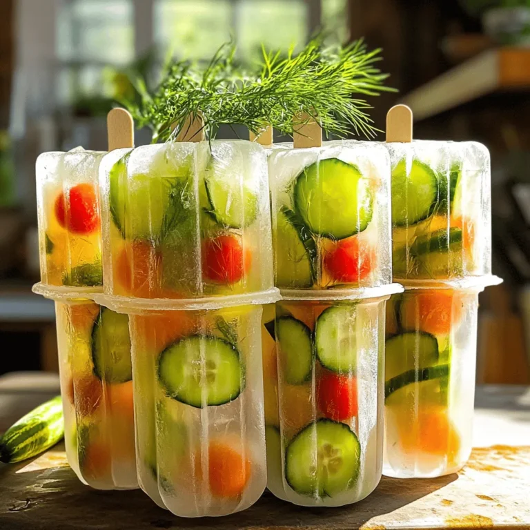 - 1 cup pickle brine - 1 cup tomato juice - 1 tablespoon Worcestershire sauce - 1 teaspoon hot sauce - 1 tablespoon fresh lemon juice - 1/2 teaspoon celery salt - 1/2 teaspoon freshly ground black pepper - Fresh dill sprigs - 1/4 cup ripe cherry tomatoes, halved - 1/4 cup cucumber, diced into small cubes Creating Pickle Brine Bloody Mary Popsicles is simple and fun. The main ingredients give these pops their bold flavor. First, the pickle brine adds a tangy zest. Then, tomato juice brings that classic Bloody Mary taste. Worcestershire sauce and hot sauce give it a kick. Fresh lemon juice brightens the mix. For seasoning, I love using celery salt and black pepper. They enhance the taste and add depth. Fresh dill sprigs not only look nice but also add a fresh herbal note. If you want to be playful, consider add-ins. Cherry tomatoes and cucumber not only add crunch but also make the pops visually appealing. You can customize these pops to your taste! For the full recipe, check the detailed instructions. Enjoy this fun summer treat! Start by blending the base ingredients in a medium mixing bowl. Combine 1 cup of pickle brine, 1 cup of tomato juice, 1 tablespoon of Worcestershire sauce, 1 teaspoon of hot sauce, 1 tablespoon of fresh lemon juice, 1/2 teaspoon of celery salt, and 1/2 teaspoon of black pepper. Use a whisk or spoon to mix until smooth. Taste the mixture and adjust flavors according to your preference. Want more spice? Add extra hot sauce. Need more zing? A bit more lemon juice does the trick. Now it’s time to assemble your popsicles. Carefully place halved cherry tomatoes and diced cucumber in your molds. Make sure to distribute them evenly for a nice look. Then, gently pour the brine mixture into each mold. Fill them just below the top; this allows the mixture to expand as it freezes. Next, insert popsicle sticks into the center of each mold. Make sure they are secure to prevent slipping. If your molds have lids, cover them. If not, use plastic wrap to keep freezer odors out. Freeze the molds for at least 6 hours or until they are completely solid. To enjoy your popsicles, hold the molds under warm running water for a few seconds. Gently pull on the sticks until they slide out easily. Enjoy your Pickle Brine Bloody Mary Popsicles as a refreshing summer treat! You can make these popsicles your own. - Adjust the spice level with hot sauce to suit your taste. - Add extra veggies like bell peppers or herbs like parsley for new flavors. To get the best popsicles, follow these tips: - Make sure to freeze them for at least six hours. This ensures they become solid. - Use warm water to run over the molds. This helps release the popsicles easily. A great look makes these popsicles even better. - Garnish with fresh dill before serving. It adds color and flavor. - Serve with extra garnishes like olives or celery sticks for a fun display. For a complete guide, check out the Full Recipe to make your Pickle Brine Bloody Mary Popsicles! {{image_4}} You can add fun flavors to your popsicles. Try mixing in beet juice for a sweet twist. Carrot juice also adds a nice color and taste. If you want something unique, experiment with flavored pickle brine. There are many types, like garlic or spicy brine, that can change the flavor profile. Want a family-friendly treat? Make a virgin version! Simply use only tomato juice and pickle brine. This way, everyone can enjoy them. You can also swap Worcestershire sauce with a vegan option. This makes the popsicle taste just as delicious without animal products. Make your popsicles even more special by using seasonal fruits or veggies. In summer, ripe tomatoes add freshness. In fall, you might use roasted squash. Adding herbs like basil or cilantro can elevate the taste. These herbs provide a fresh burst of flavor that pairs well with the brine. For the full recipe, check out the Pickle Brine Bloody Mary Popsicles! To keep your Pickle Brine Bloody Mary Popsicles fresh, store them in popsicle molds. This helps them freeze well. Make sure to keep them away from strong-smelling foods in the freezer. Strong odors can change their taste. These popsicles taste best within 1-2 weeks after making them. Always check for signs of freezer burn before serving. If they look frosty or dry, it's best to toss them. Fresh popsicles give the best flavor. When you're ready to enjoy your popsicles, thaw them in warm water. This will help them slide out easily. Avoid using the microwave, as it can change their texture. You want them to stay nice and firm! Yes, store-bought pickle brine is a convenient option. It saves time and effort. Many brands offer tasty brines that work well in this recipe. Just choose one that you enjoy. They require a minimum of 6 hours to freeze completely. This allows the flavors to set, giving you a delicious treat. If you can, leave them in the freezer overnight for the best results. Simply double the ingredients and use larger molds. This way, you can make more popsicles at once. It’s great for parties or gatherings. Enjoy sharing these fun treats with friends! These savory popsicles blend bold flavors with fun. We used pickle brine, tomato juice, and spices for a unique treat. You learned how to prepare, freeze, and serve them. Don't forget the options for personal touches and seasonal ingredients. Experiment with flavors and enjoy your creations. These popsicles can surprise your friends and family with their taste and presentation. Enjoy your culinary journey and share these fun recipes in your kitchen!