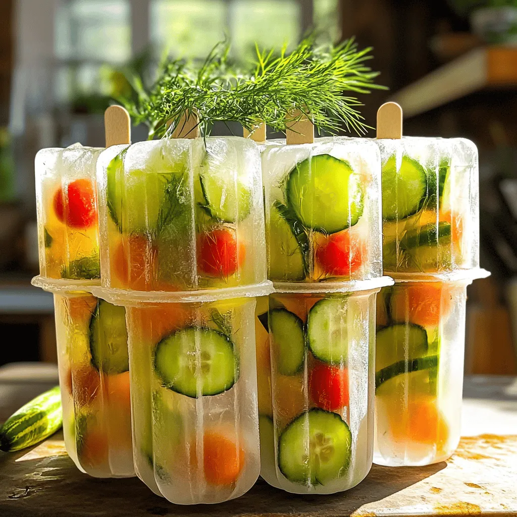 - 1 cup pickle brine - 1 cup tomato juice - 1 tablespoon Worcestershire sauce - 1 teaspoon hot sauce - 1 tablespoon fresh lemon juice - 1/2 teaspoon celery salt - 1/2 teaspoon freshly ground black pepper - Fresh dill sprigs - 1/4 cup ripe cherry tomatoes, halved - 1/4 cup cucumber, diced into small cubes Creating Pickle Brine Bloody Mary Popsicles is simple and fun. The main ingredients give these pops their bold flavor. First, the pickle brine adds a tangy zest. Then, tomato juice brings that classic Bloody Mary taste. Worcestershire sauce and hot sauce give it a kick. Fresh lemon juice brightens the mix. For seasoning, I love using celery salt and black pepper. They enhance the taste and add depth. Fresh dill sprigs not only look nice but also add a fresh herbal note. If you want to be playful, consider add-ins. Cherry tomatoes and cucumber not only add crunch but also make the pops visually appealing. You can customize these pops to your taste! For the full recipe, check the detailed instructions. Enjoy this fun summer treat! Start by blending the base ingredients in a medium mixing bowl. Combine 1 cup of pickle brine, 1 cup of tomato juice, 1 tablespoon of Worcestershire sauce, 1 teaspoon of hot sauce, 1 tablespoon of fresh lemon juice, 1/2 teaspoon of celery salt, and 1/2 teaspoon of black pepper. Use a whisk or spoon to mix until smooth. Taste the mixture and adjust flavors according to your preference. Want more spice? Add extra hot sauce. Need more zing? A bit more lemon juice does the trick. Now it’s time to assemble your popsicles. Carefully place halved cherry tomatoes and diced cucumber in your molds. Make sure to distribute them evenly for a nice look. Then, gently pour the brine mixture into each mold. Fill them just below the top; this allows the mixture to expand as it freezes. Next, insert popsicle sticks into the center of each mold. Make sure they are secure to prevent slipping. If your molds have lids, cover them. If not, use plastic wrap to keep freezer odors out. Freeze the molds for at least 6 hours or until they are completely solid. To enjoy your popsicles, hold the molds under warm running water for a few seconds. Gently pull on the sticks until they slide out easily. Enjoy your Pickle Brine Bloody Mary Popsicles as a refreshing summer treat! You can make these popsicles your own. - Adjust the spice level with hot sauce to suit your taste. - Add extra veggies like bell peppers or herbs like parsley for new flavors. To get the best popsicles, follow these tips: - Make sure to freeze them for at least six hours. This ensures they become solid. - Use warm water to run over the molds. This helps release the popsicles easily. A great look makes these popsicles even better. - Garnish with fresh dill before serving. It adds color and flavor. - Serve with extra garnishes like olives or celery sticks for a fun display. For a complete guide, check out the Full Recipe to make your Pickle Brine Bloody Mary Popsicles! {{image_4}} You can add fun flavors to your popsicles. Try mixing in beet juice for a sweet twist. Carrot juice also adds a nice color and taste. If you want something unique, experiment with flavored pickle brine. There are many types, like garlic or spicy brine, that can change the flavor profile. Want a family-friendly treat? Make a virgin version! Simply use only tomato juice and pickle brine. This way, everyone can enjoy them. You can also swap Worcestershire sauce with a vegan option. This makes the popsicle taste just as delicious without animal products. Make your popsicles even more special by using seasonal fruits or veggies. In summer, ripe tomatoes add freshness. In fall, you might use roasted squash. Adding herbs like basil or cilantro can elevate the taste. These herbs provide a fresh burst of flavor that pairs well with the brine. For the full recipe, check out the Pickle Brine Bloody Mary Popsicles! To keep your Pickle Brine Bloody Mary Popsicles fresh, store them in popsicle molds. This helps them freeze well. Make sure to keep them away from strong-smelling foods in the freezer. Strong odors can change their taste. These popsicles taste best within 1-2 weeks after making them. Always check for signs of freezer burn before serving. If they look frosty or dry, it's best to toss them. Fresh popsicles give the best flavor. When you're ready to enjoy your popsicles, thaw them in warm water. This will help them slide out easily. Avoid using the microwave, as it can change their texture. You want them to stay nice and firm! Yes, store-bought pickle brine is a convenient option. It saves time and effort. Many brands offer tasty brines that work well in this recipe. Just choose one that you enjoy. They require a minimum of 6 hours to freeze completely. This allows the flavors to set, giving you a delicious treat. If you can, leave them in the freezer overnight for the best results. Simply double the ingredients and use larger molds. This way, you can make more popsicles at once. It’s great for parties or gatherings. Enjoy sharing these fun treats with friends! These savory popsicles blend bold flavors with fun. We used pickle brine, tomato juice, and spices for a unique treat. You learned how to prepare, freeze, and serve them. Don't forget the options for personal touches and seasonal ingredients. Experiment with flavors and enjoy your creations. These popsicles can surprise your friends and family with their taste and presentation. Enjoy your culinary journey and share these fun recipes in your kitchen!