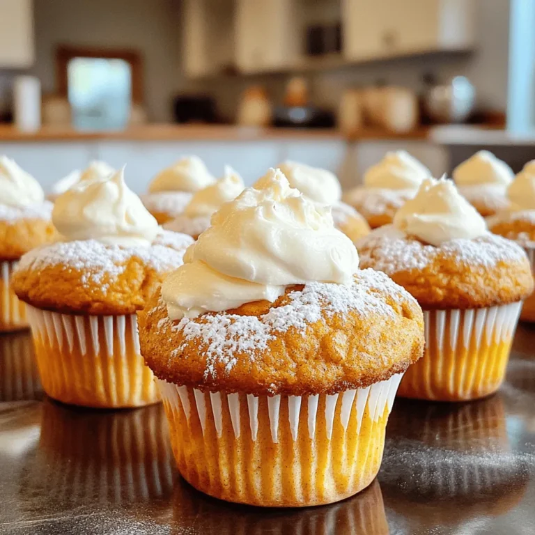 To make the best Pumpkin Cream Cheese Muffins, you need the right ingredients. Here’s a detailed list: - 1 cup canned pumpkin puree - 1/2 cup cream cheese, softened at room temperature - 1/2 cup granulated sugar - 1/2 cup packed brown sugar - 1/4 cup vegetable oil - 2 large eggs, at room temperature - 1 teaspoon vanilla extract - 1 1/2 cups all-purpose flour - 1 teaspoon baking powder - 1 teaspoon baking soda - 1/2 teaspoon ground cinnamon - 1/4 teaspoon ground nutmeg - 1/4 teaspoon salt - 1/4 cup chopped walnuts or pecans (optional) Using fresh ingredients can make a big difference in taste. I recommend using high-quality cream cheese. For pumpkin, canned is fine, but fresh pumpkin adds a unique flavor. Make sure your eggs and cream cheese are at room temperature. This helps them mix better. For a fun twist, feel free to add nuts. They add crunch and flavor. If you want a sweeter muffin, you can adjust the sugar levels. This recipe is flexible, so feel free to make it your own! For the complete recipe, check out the [Full Recipe]. Start by preheating your oven to 350°F (175°C). This step is key for even baking. Next, prepare your muffin tin. You can line it with paper liners or grease it well with cooking spray. This will help prevent your muffins from sticking. Now, let’s mix the cream cheese and sugars. In a large bowl, combine 1/2 cup of softened cream cheese with 1/2 cup of granulated sugar and 1/2 cup of brown sugar. Use an electric mixer on medium speed. Beat the mixture until it feels smooth and creamy. Make sure there are no lumps in the mix. Next, we’ll add the pumpkin and other wet ingredients. Gradually mix in 1 cup of canned pumpkin puree, 1/4 cup of vegetable oil, 2 large eggs, and 1 teaspoon of vanilla extract. Use low speed to avoid splashes. Mix until everything is well combined and the batter is smooth. In another bowl, whisk together 1 1/2 cups of all-purpose flour, 1 teaspoon of baking powder, 1 teaspoon of baking soda, 1/2 teaspoon of ground cinnamon, 1/4 teaspoon of ground nutmeg, and 1/4 teaspoon of salt. This helps the leavening agents mix evenly with the flour. Now, gently fold the dry ingredients into the wet mixture. Use a spatula and be careful not to overmix. It’s okay if there are a few lumps. If you want nuts, fold in 1/4 cup of chopped walnuts or pecans at this stage. To fill your muffin liners, use a spoon or a cookie scoop. Fill each liner about two-thirds full. This gives your muffins room to rise in the oven. Place the muffin tin in your preheated oven. Bake for 18-20 minutes. To check for doneness, insert a toothpick into the center of a muffin. It should come out clean or with a few moist crumbs. After baking, let the muffins cool in the tin for 5 minutes. Then, carefully transfer them to a wire rack to cool completely before serving. You can find the full recipe for these delightful treats to ensure you follow each step precisely. Enjoy your delicious Pumpkin Cream Cheese Muffins! To bake great muffins, avoid overmixing the batter. This can lead to dense muffins. Mix until just combined and leave some lumps. Another common pitfall is filling the muffin liners too full. Aim for two-thirds full to allow room for rising. For optimal rise, always use fresh baking powder and baking soda. Check the dates on the packages. This ensures your muffins rise well and are light. Adding spices can boost flavor. Consider using ginger or allspice along with cinnamon. A pinch of cloves can add depth too. You can also add a splash of maple syrup for sweet notes. Use room temperature ingredients for a smoother batter. Cold eggs or cream cheese can make mixing harder. Let them sit out for about 30 minutes before starting. This small step makes a big difference in texture. Muffins should look as good as they taste. Serve them warm for the best experience. Lightly dust with powdered sugar for a sweet touch. For a special treat, top each muffin with whipped cream cheese. A sprinkle of cinnamon on top adds visual appeal and flavor. You can also place a few chopped nuts on top for crunch. {{image_4}} You can easily make Pumpkin Cream Cheese Muffins fit your needs. For a dairy-free option, use plant-based cream cheese. Almond milk or oat milk works well instead of regular milk. If you need gluten-free muffins, swap all-purpose flour for a gluten-free blend. You can also change the nuts in the recipe. Instead of walnuts or pecans, try using almonds or sunflower seeds. They add a nice crunch and flavor. Pumpkin spice is a classic choice, but you can mix it up. Try adding ginger or cloves for extra warmth. If you love chocolate, toss in some chocolate chips. They give a sweet surprise in each bite. You can also add fruits like cranberries or blueberries. They brighten the muffins and add more taste. Each of these changes makes your muffins unique and delicious. For the full recipe, check out the detailed instructions above. To keep your pumpkin cream cheese muffins fresh, store them in an airtight container. You can keep them at room temperature for up to three days. If you want them to last longer, consider freezing them. Just wrap each muffin in plastic wrap and place them in a freezer bag. They will stay fresh for about three months when frozen. To enjoy your muffins warm again, use the oven or microwave. If using the oven, preheat it to 350°F (175°C). Place the muffins on a baking sheet and heat for about 5-10 minutes. This method helps keep them soft. If you’re in a hurry, the microwave works too. Heat each muffin for about 15-20 seconds. Be careful not to overheat, as this can dry them out. Enjoy your muffins warm, paired with a cup of coffee or tea! For the full recipe, check the earlier section. To keep your muffins moist, follow these tips: - Store muffins in an airtight container. - Use a kitchen towel to cover them. - Add sour cream or yogurt to the batter. - Don’t overbake them. Check them at 18 minutes. - Let muffins cool completely before storing. These steps help keep your muffins fresh and soft. I often find that the right storage can make a big difference. Yes, you can make the batter ahead of time. Here’s how: - Store the batter in the fridge for up to 24 hours. - Use a covered bowl to keep it fresh. - You can also fill muffin trays and freeze them. - Bake them straight from the freezer; just add a few minutes to the time. Making the batter ahead saves time and makes baking easier! To check if your muffins are done, look for these signs: - The tops should be golden brown and spring back when touched. - A toothpick inserted in the center should come out clean. - If the toothpick has a few moist crumbs, they are still good. Trust your senses; they usually guide you well in baking. Keep these tips in mind for perfect muffins! Making Pumpkin Cream Cheese Muffins is fun and rewarding. We covered essential ingredients and precise measurements to ensure your success. You learned the steps to mix and bake them beautifully. I shared tips to enhance flavor and avoid common mistakes. You even explored variations to personalize your muffins. In the end, these muffins can warm any gathering. With care, they can be a staple in your kitchen. So, gather your supplies and enjoy baking these tasty treats!