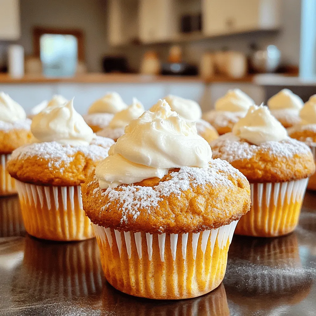 To make the best Pumpkin Cream Cheese Muffins, you need the right ingredients. Here’s a detailed list: - 1 cup canned pumpkin puree - 1/2 cup cream cheese, softened at room temperature - 1/2 cup granulated sugar - 1/2 cup packed brown sugar - 1/4 cup vegetable oil - 2 large eggs, at room temperature - 1 teaspoon vanilla extract - 1 1/2 cups all-purpose flour - 1 teaspoon baking powder - 1 teaspoon baking soda - 1/2 teaspoon ground cinnamon - 1/4 teaspoon ground nutmeg - 1/4 teaspoon salt - 1/4 cup chopped walnuts or pecans (optional) Using fresh ingredients can make a big difference in taste. I recommend using high-quality cream cheese. For pumpkin, canned is fine, but fresh pumpkin adds a unique flavor. Make sure your eggs and cream cheese are at room temperature. This helps them mix better. For a fun twist, feel free to add nuts. They add crunch and flavor. If you want a sweeter muffin, you can adjust the sugar levels. This recipe is flexible, so feel free to make it your own! For the complete recipe, check out the [Full Recipe]. Start by preheating your oven to 350°F (175°C). This step is key for even baking. Next, prepare your muffin tin. You can line it with paper liners or grease it well with cooking spray. This will help prevent your muffins from sticking. Now, let’s mix the cream cheese and sugars. In a large bowl, combine 1/2 cup of softened cream cheese with 1/2 cup of granulated sugar and 1/2 cup of brown sugar. Use an electric mixer on medium speed. Beat the mixture until it feels smooth and creamy. Make sure there are no lumps in the mix. Next, we’ll add the pumpkin and other wet ingredients. Gradually mix in 1 cup of canned pumpkin puree, 1/4 cup of vegetable oil, 2 large eggs, and 1 teaspoon of vanilla extract. Use low speed to avoid splashes. Mix until everything is well combined and the batter is smooth. In another bowl, whisk together 1 1/2 cups of all-purpose flour, 1 teaspoon of baking powder, 1 teaspoon of baking soda, 1/2 teaspoon of ground cinnamon, 1/4 teaspoon of ground nutmeg, and 1/4 teaspoon of salt. This helps the leavening agents mix evenly with the flour. Now, gently fold the dry ingredients into the wet mixture. Use a spatula and be careful not to overmix. It’s okay if there are a few lumps. If you want nuts, fold in 1/4 cup of chopped walnuts or pecans at this stage. To fill your muffin liners, use a spoon or a cookie scoop. Fill each liner about two-thirds full. This gives your muffins room to rise in the oven. Place the muffin tin in your preheated oven. Bake for 18-20 minutes. To check for doneness, insert a toothpick into the center of a muffin. It should come out clean or with a few moist crumbs. After baking, let the muffins cool in the tin for 5 minutes. Then, carefully transfer them to a wire rack to cool completely before serving. You can find the full recipe for these delightful treats to ensure you follow each step precisely. Enjoy your delicious Pumpkin Cream Cheese Muffins! To bake great muffins, avoid overmixing the batter. This can lead to dense muffins. Mix until just combined and leave some lumps. Another common pitfall is filling the muffin liners too full. Aim for two-thirds full to allow room for rising. For optimal rise, always use fresh baking powder and baking soda. Check the dates on the packages. This ensures your muffins rise well and are light. Adding spices can boost flavor. Consider using ginger or allspice along with cinnamon. A pinch of cloves can add depth too. You can also add a splash of maple syrup for sweet notes. Use room temperature ingredients for a smoother batter. Cold eggs or cream cheese can make mixing harder. Let them sit out for about 30 minutes before starting. This small step makes a big difference in texture. Muffins should look as good as they taste. Serve them warm for the best experience. Lightly dust with powdered sugar for a sweet touch. For a special treat, top each muffin with whipped cream cheese. A sprinkle of cinnamon on top adds visual appeal and flavor. You can also place a few chopped nuts on top for crunch. {{image_4}} You can easily make Pumpkin Cream Cheese Muffins fit your needs. For a dairy-free option, use plant-based cream cheese. Almond milk or oat milk works well instead of regular milk. If you need gluten-free muffins, swap all-purpose flour for a gluten-free blend. You can also change the nuts in the recipe. Instead of walnuts or pecans, try using almonds or sunflower seeds. They add a nice crunch and flavor. Pumpkin spice is a classic choice, but you can mix it up. Try adding ginger or cloves for extra warmth. If you love chocolate, toss in some chocolate chips. They give a sweet surprise in each bite. You can also add fruits like cranberries or blueberries. They brighten the muffins and add more taste. Each of these changes makes your muffins unique and delicious. For the full recipe, check out the detailed instructions above. To keep your pumpkin cream cheese muffins fresh, store them in an airtight container. You can keep them at room temperature for up to three days. If you want them to last longer, consider freezing them. Just wrap each muffin in plastic wrap and place them in a freezer bag. They will stay fresh for about three months when frozen. To enjoy your muffins warm again, use the oven or microwave. If using the oven, preheat it to 350°F (175°C). Place the muffins on a baking sheet and heat for about 5-10 minutes. This method helps keep them soft. If you’re in a hurry, the microwave works too. Heat each muffin for about 15-20 seconds. Be careful not to overheat, as this can dry them out. Enjoy your muffins warm, paired with a cup of coffee or tea! For the full recipe, check the earlier section. To keep your muffins moist, follow these tips: - Store muffins in an airtight container. - Use a kitchen towel to cover them. - Add sour cream or yogurt to the batter. - Don’t overbake them. Check them at 18 minutes. - Let muffins cool completely before storing. These steps help keep your muffins fresh and soft. I often find that the right storage can make a big difference. Yes, you can make the batter ahead of time. Here’s how: - Store the batter in the fridge for up to 24 hours. - Use a covered bowl to keep it fresh. - You can also fill muffin trays and freeze them. - Bake them straight from the freezer; just add a few minutes to the time. Making the batter ahead saves time and makes baking easier! To check if your muffins are done, look for these signs: - The tops should be golden brown and spring back when touched. - A toothpick inserted in the center should come out clean. - If the toothpick has a few moist crumbs, they are still good. Trust your senses; they usually guide you well in baking. Keep these tips in mind for perfect muffins! Making Pumpkin Cream Cheese Muffins is fun and rewarding. We covered essential ingredients and precise measurements to ensure your success. You learned the steps to mix and bake them beautifully. I shared tips to enhance flavor and avoid common mistakes. You even explored variations to personalize your muffins. In the end, these muffins can warm any gathering. With care, they can be a staple in your kitchen. So, gather your supplies and enjoy baking these tasty treats!