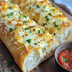 - 1 large baguette - 1/2 cup unsalted butter - 4 cloves of garlic - 1 cup shredded mozzarella cheese - 1/2 cup grated Parmesan cheese - 1 tablespoon fresh parsley - 1 teaspoon garlic powder - 1/2 teaspoon crushed red pepper flakes - Salt to taste Cheesy garlic bread is both tasty and satisfying. Each serving has around 200 calories. It gives you a nice mix of carbs, fats, and protein. The bread provides energy, while the butter adds richness. Garlic has health benefits, too. It is known to help with heart health and boost the immune system. Mozzarella and Parmesan cheeses offer calcium for strong bones. So, enjoying cheesy garlic bread can be both a treat and a part of a balanced meal. If you want a full recipe, check out the Cheesy Garlic Bliss Bread 🧄 for step-by-step cooking instructions! 1. Preheating the oven correctly: Set your oven to 375°F (190°C). Let it heat fully before baking. This step is key to getting a nice, golden crust. 2. Preparing the garlic butter mixture: In a bowl, mix 1/2 cup of softened unsalted butter with 4 minced garlic cloves. Add 1 teaspoon of garlic powder and a pinch of salt. Blend it well until it’s smooth. This garlic butter makes the bread super flavorful. 1. Spreading the garlic butter: Take your baguette, sliced in half lengthwise, and spread the garlic butter generously on both sides. Make sure to cover every inch for the best taste. 2. Adding and layering cheeses: Now, sprinkle 1 cup of shredded mozzarella cheese and 1/2 cup of grated Parmesan cheese on top of the butter. Layering the cheeses adds depth. If you like heat, add a pinch of crushed red pepper flakes on top. 1. Baking tips for perfect cheese melt: Place the baguette halves on a baking sheet lined with parchment paper. Bake them for 15-20 minutes. Watch closely for a golden brown color and bubbling cheese. 2. Cooling and slicing recommendations: After baking, let the bread cool for a few minutes. This helps you slice it easily. Cut it into pieces and serve warm. For the full recipe, check out the recipe section. Enjoy your cheesy garlic bread! To get a golden-brown crust, watch your baking time closely. Bake for 15-20 minutes at 375°F. Check often to avoid burning. If you want extra crunch, broil the bread for the last 2 minutes. This will give it a nice finish. Herb freshness matters too. Fresh parsley adds bright flavor. Dried herbs can taste flat. Always choose fresh when you can. If you want to try different herbs, basil or oregano work well. They add a unique twist to the classic taste. For storing leftovers, let the bread cool first. Wrap it in foil or plastic wrap. Keep it in the fridge for up to three days. If you want it to last longer, freeze it. Just wrap it tightly and store it for up to a month. When reheating, avoid the microwave. It can make the bread soggy. Instead, use the oven. Preheat to 350°F and bake for 5-10 minutes. This keeps the crust crispy and the cheese melty. For parties, serve the cheesy garlic bread on a rustic board. It looks great and is easy to share. Add a small bowl of marinara sauce on the side for dipping. This makes it even more fun to eat. To get creative with plating, cut the bread into triangles or strips. Arrange them in a fan shape on a plate. Sprinkle extra parsley on top for color. These small touches can impress your guests and make the dish pop! {{image_4}} You can switch up the bread for your cheesy garlic bread. Sourdough is a great option. It has a nice tang and a crusty outside. You can also try gluten-free bread for a different texture. This way, everyone can enjoy this dish. If you want to spice things up, add some jalapeños to your garlic mix. This will give your cheesy garlic bread a fun kick. You can also use herbs like rosemary or thyme. These herbs add a fresh taste that pairs well with garlic. Want a vegan option? Use vegan cheese instead of regular cheese. This still gives you that cheesy flavor without dairy. You can also mix different cheeses like cheddar or gouda. This adds depth to the flavor and makes every bite special. For the full recipe, check out the Cheesy Garlic Bliss Bread section above. Cheesy garlic bread stays fresh for about 2-3 days when stored properly. To keep it tasty, wrap it in plastic wrap or foil. If you want to keep it longer, you can freeze it. Frozen cheesy garlic bread lasts up to 3 months. Just remember to store it in an airtight container to prevent freezer burn. Yes, you can prepare cheesy garlic bread ahead of time! You can make the garlic butter mix and spread it on the bread. Wrap it tightly and store it in the fridge for up to 24 hours. If you want to freeze it, just follow the same steps. When ready to bake, add the cheese on top and pop it in the oven. To reheat cheesy garlic bread, I recommend using the oven. Preheat it to 350°F (175°C). Place the bread on a baking sheet and cover it with foil. Heat for about 10-15 minutes, or until warm. This keeps the bread soft and the cheese gooey. Avoid the microwave, as it can make the bread chewy. Enjoy your cheesy garlic delight! To make cheesy garlic bread, follow these steps: - Preheat your oven to 375°F. - Mix softened butter, minced garlic, garlic powder, and salt. - Add parsley and half of the mozzarella cheese to the butter mix. - Spread the garlic butter on baguette halves evenly. - Top with the rest of the cheese and red pepper flakes if desired. - Place on a baking sheet and bake for 15-20 minutes. - Let cool, slice, and serve. Cheesy garlic bread pairs well with many meals. Here are some ideas: - Serve it alongside a fresh salad for a light meal. - Enjoy it with spaghetti or lasagna for a classic combo. - Use it as a side for soups, like tomato basil or minestrone. - Try it with marinara or ranch dressing for dipping. If you want to try store-bought cheesy garlic bread, consider these options: - Oroweat offers a tasty frozen garlic bread that you can bake at home. - Newman’s Own has a garlic bread that many find delicious and easy to use. - For dining out, check out Olive Garden for their famous breadsticks, which come with garlic flavors. - Carrabba’s Italian Grill also serves a great version that many love. These recommendations help you enjoy cheesy garlic bread, whether homemade or from your favorite place. For the full recipe, check out the details above. You can create delicious cheesy garlic bread at home with simple steps. We covered key ingredients, preparation, baking tips, and creative variations. Remember to use fresh herbs and the right cheeses for the best flavor. Serve this bread at your next gathering for a crowd-pleasing treat. Whether you choose a classic version or a spicy twist, this dish is sure to impress. Enjoy making it your own and savor each bite!
