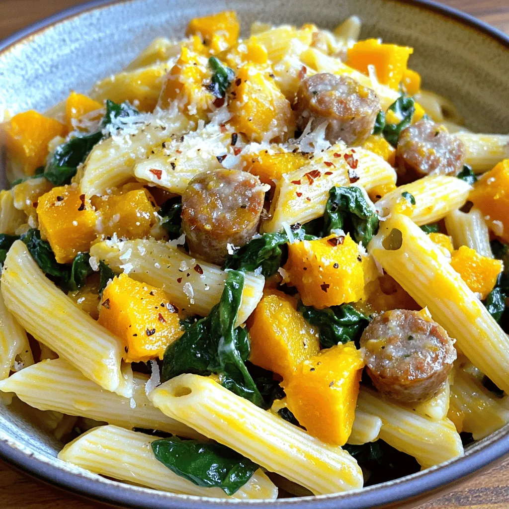 - Pasta: You can choose either penne or fettuccine. Both work well and hold sauce nicely. - Butternut Squash: Use about 2 cups of butternut squash. Make sure it is peeled and diced into small cubes. This helps it cook evenly. - Olive Oil: This adds richness and helps cook the squash evenly. It gives the dish a nice base flavor. - Garlic: I use three cloves of minced garlic. It adds a fresh, aromatic punch to the dish. - Spices: I add one teaspoon of dried oregano and half a teaspoon of nutmeg. These spices bring warmth and depth to the flavor profile. Don’t forget to season with salt and pepper to taste. - Sausage: I recommend using one pound of Italian chicken sausage. You can also try turkey sausage for a lighter option. - Serving Suggestions: Top with half a cup of grated Parmesan cheese. For those who like heat, sprinkle red pepper flakes for a spicy kick. This adds flavor and enhances the overall dish experience. For the full recipe, check out the details above. Start by filling a large pot with salted water. The salt adds flavor. Bring it to a rolling boil. Then, add your choice of pasta. Cook it according to the package instructions. Aim for al dente, usually around 8-10 minutes. Before draining, reserve 1 cup of the pasta cooking water. This water helps adjust the sauce later. Drain the pasta and set it aside. In a large skillet, heat 1 tablespoon of olive oil over medium heat. Once the oil is hot, add the diced butternut squash. Sauté it for about 5-7 minutes. Stir occasionally to avoid burning. You want the squash to become tender and slightly caramelized. It’s ready when it has a golden color and a soft texture. Now, move the cooked squash to one side of the skillet. Create space for the Italian sausage. Add the sausage to the other side. Use a wooden spoon to break it apart while it cooks. Cook for about 5-6 minutes, until browned and fully cooked. After the sausage is browned, add 3 cloves of minced garlic. Sauté for about 1 minute until fragrant. Next, sprinkle in the chopped spinach. Stir everything together and cook until the spinach wilts, about 2-3 minutes. Gently fold the cooked pasta into the skillet with the sausage and vegetables. Season with 1 teaspoon of dried oregano, 1/2 teaspoon of nutmeg, plus salt and pepper to taste. Gradually pour in some of the reserved pasta water. Mix until you reach your desired creaminess. This step is key to a well-balanced dish. Finally, stir in 1/2 cup of grated Parmesan cheese. Allow it to melt and combine fully with the pasta. Taste the dish to see if it needs more seasoning. When serving, plate the pasta in shallow bowls. Top with extra grated Parmesan. For a bit of spice, sprinkle some red pepper flakes on top. A drizzle of olive oil adds a nice touch too. To ensure your pasta has a great texture, you should cook it al dente. This means it should be firm when you bite it. Start with a large pot of salted water. Once it boils, add the pasta. Check the package for cooking time, usually around 8-10 minutes. Before draining, save a cup of that pasta water. This water helps make the sauce creamy later. Caramelizing butternut squash takes some care. Start by cutting it into small cubes. Heat olive oil in a large skillet over medium heat. Add the squash and stir it often. Cook for about 5-7 minutes. It should be tender and golden brown. This brings out its natural sweetness. You can easily swap ingredients to fit your diet. For a lower-fat option, try turkey sausage or a plant-based sausage. If you prefer a vegetarian meal, just leave out the sausage. Use mushrooms or lentils for extra protein. You can also add more veggies like bell peppers or zucchini for added color and nutrients. If you want to make this dish vegan, skip the cheese and use nutritional yeast instead. It adds a cheesy flavor without dairy. For side dishes, a simple green salad pairs well. A light lemon vinaigrette adds brightness. You could also serve some garlic bread on the side for a tasty crunch. When it comes to drinks, a crisp white wine like Pinot Grigio complements this dish nicely. If you prefer non-alcoholic options, a sparkling water with a splash of lemon works too. For the full recipe, check out the recipe section above. {{image_4}} You can use many pasta types for this dish. Penne and fettuccine work well, but you can try others too. Each shape holds sauce differently. For example, rotini catches more sauce in its twists. Shells can add a fun bite. The key is to pick a pasta that you love. Cooking time may vary, so check your package for details. You can switch out the Italian sausage for other proteins. Turkey sausage is a great option if you want less fat. Plant-based sausage works well for those who prefer vegan meals. If you love seafood, shrimp is a tasty substitute. Just cook the shrimp until pink and tender. No matter your choice, the flavors will still shine. Using seasonal veggies can change the taste of your pasta. In the fall, add roasted Brussels sprouts or kale. In spring, peas or asparagus can lighten the dish. Summer brings fresh tomatoes or zucchini, adding bright flavors. These swaps let you enjoy the dish year-round and keep it exciting. You can find fresh, local produce to enhance your meals and support your community. To keep your Butternut Squash Sausage Spinach Pasta fresh, store leftovers properly. First, let the pasta cool down. Then, transfer it to an airtight container. Make sure to seal it well to avoid air exposure. Refrigerate it. This will keep it good for about 3 to 4 days. If you want to save some for later, freezing is a great option. Divide the pasta into single portions. Use freezer-safe bags or containers. Remove as much air as possible before sealing. This helps prevent freezer burn. You can freeze it for up to 3 months. Reheating your pasta is easy. For the best results, use the stovetop. Place your pasta in a pan over medium heat. Add a little water or olive oil to keep it moist. Stir often until it warms through. This helps maintain the texture of the ingredients. If you prefer using a microwave, that works too. Transfer your portion to a microwave-safe bowl. Add a splash of water to keep it from drying out. Cover it with a microwave-safe lid. Heat in short bursts, stirring in between, until hot. This method is quick but might not keep the texture as nice as the stovetop. For the full recipe, check out the detailed instructions on how to make this delicious dish! You can use gluten-free pasta instead of regular pasta. Many brands offer good options. Just check the label to ensure it fits your needs. Cook it as you would regular pasta. Follow the same timing and steps from the Full Recipe. Yes, you can prepare this dish in advance. Cook the pasta and the sauce but leave out the cheese until you’re ready to serve. Store them in separate containers in the fridge. You can reheat them together when you're ready to eat. If you don’t have Parmesan cheese, try using Pecorino Romano or nutritional yeast. Nutritional yeast gives a nice cheesy flavor without dairy. Grate it and add it the same way as Parmesan. You can also use a dairy-free cheese if you prefer. The sausage is fully cooked when it reaches an internal temperature of 165°F (74°C). You can cut into a piece to check. It should not be pink inside. The outside should look golden brown. Absolutely! You can add more vegetables like bell peppers, zucchini, or mushrooms. Just chop them small and sauté them with the squash. This adds more flavor and nutrition to your dish. This blog post covered how to make Butternut Squash Sausage Spinach Pasta. We explored the main ingredients like pasta, butternut squash, and spices. I shared step-by-step cooking tips and tricks to ensure your dish is flavorful and creamy. You can customize it with different proteins or pasta shapes. Remember, this dish is versatile and easy to adapt to your needs. Enjoy experimenting with flavors and making it your own. Happy cooking!