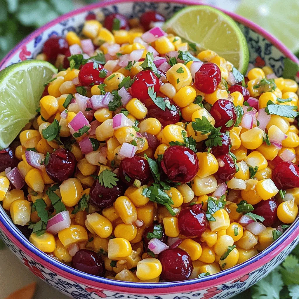 To create a delicious Caramelized Corn and Cherry Salsa, you need fresh and vibrant ingredients. Each one plays a key role in building flavor. Here’s what you will need: - Fresh corn kernels - Cherries - Red onion - Jalapeño - Extra virgin olive oil - Honey - Lime juice - Fresh cilantro - Salt and pepper Using fresh corn kernels is vital. They give a sweet crunch. Cherries add a unique twist with their juicy sweetness. Red onion provides a nice bite, while jalapeño adds heat. Extra virgin olive oil helps to caramelize the corn, creating a rich flavor. Honey balances the heat and acidity. Lime juice brightens the whole dish. Fresh cilantro brings freshness and aroma. Finally, salt and pepper enhance all the flavors. For the full recipe, check the details above. With these ingredients, you can create a salsa that bursts with flavor and color. Enjoy the process of making your salsa! First, gather your skillet and heat it up. Pour in the extra virgin olive oil. Wait until the oil is hot. Then add the fresh corn kernels. Cook the corn for about 8 to 10 minutes. Stir it every now and then. This will help the corn get that nice golden color. The heat brings out the sweet taste of the corn. Now, it’s time to add the diced red onion. Toss it into the skillet with the corn. Keep cooking for 2 to 3 minutes. Watch for the onion to turn translucent. The sweet smell of the onion will fill your kitchen. Next, add the minced jalapeño. This will add a nice kick. Cook for one more minute. After cooking, take the skillet off the heat. Carefully move the corn mixture to a mixing bowl. Let it cool for a bit. Once it’s cool, mix in the chopped cherries, honey, and lime juice. Don’t forget the fresh cilantro! Finally, season with salt and pepper. Stir everything well. Each bite should burst with flavor. Let the salsa sit for at least 15 minutes. This will help all the flavors blend perfectly. For the full recipe, check it out [Full Recipe]. For great caramelization, set your heat to medium-high. This helps the corn cook evenly. Stir the corn every two to three minutes. This way, it cooks well and browns nicely. Watch closely; too high heat can burn it. You want a golden color, which means it’s sweet and tasty. Want a sweeter taste? Add a drizzle of honey. This simple step enhances the flavor. If you prefer heat, chop up a jalapeño. It adds a nice kick. Just remember to remove the seeds first. Adjusting these flavors makes the salsa unique to your taste. Presentation is key when serving salsa. Use a bright bowl to show off those colors. Garnish with fresh cilantro leaves for a pop of green. You can also add lime wedges on the side. This gives your guests a fresh squeeze option. Serve the salsa with grilled chicken or tortilla chips for a fun mix! {{image_4}} You can change the fruits in your salsa. Instead of cherries, use diced peaches or mangoes. Both add sweetness and a tropical flair. If you want a twist, try adding diced strawberries for a fresh taste. Herbs also make a big difference. While cilantro is great, you can swap it for fresh basil or mint. These herbs will give your salsa a new twist. Each herb brings its own unique flavor that can brighten the dish. This salsa pairs well with many proteins. Serve it on top of grilled chicken or fish. The sweet and spicy notes enhance the meat's flavor. You can also use it as a topping for tacos or burritos. If you're in a snack mood, enjoy it as a dip. Serve it with tortilla chips for a crunchy bite. The salsa's vibrant flavor makes it a hit at parties. You can even use it as a topping for nachos to elevate your snack experience. Using seasonal produce can make your salsa even better. In summer, fresh corn and cherries shine. In fall, swap cherries for apples or pears to match the season. Each fruit adds its own special taste. You can adjust flavors for different seasons too. In winter, add roasted red peppers for warmth. In spring, mix in fresh herbs like dill or chives. This keeps your salsa fresh and exciting all year long. To keep your Caramelized Corn and Cherry Salsa fresh, store it in an airtight container. This helps keep flavors locked in. Place it in the fridge right after you finish enjoying it. The cool temperature helps slow down spoilage. The salsa lasts about 3 to 5 days in the fridge. However, it tastes best within the first few days. After that, the flavors may dull. Always check for any off smells or changes in texture before using it. When you have leftovers, serving them can be easy and fun. You can enjoy the salsa cold or at room temperature. If you want to warm it up, gently heat it on the stove. Use low heat and stir often to avoid burning. To refresh the salsa, add a squeeze of fresh lime juice. This brightens the flavors and makes it taste fresh again. You can also toss in more chopped cilantro for a vibrant touch. Enjoy your Caramelized Corn and Cherry Salsa with tortilla chips or as a topping for grilled meats. Caramelized Corn and Cherry Salsa can last 3 to 5 days in the fridge. To keep it fresh, store it in an airtight container. This helps prevent the salsa from absorbing other odors in the fridge. Always make sure to check for any signs of spoilage before enjoying it again. Yes, you can make this salsa a day in advance. Preparing it ahead of time allows the flavors to develop more. Just remember to store it in the fridge in an airtight container. Take it out about 15 minutes before serving, so it warms up slightly. This will enhance the taste and freshness when you serve it. This salsa pairs well with many dishes. Here are some ideas: - Grilled chicken: The sweetness of the salsa complements the smoky flavors. - Fish tacos: The fresh taste adds a vibrant twist. - Tortilla chips: It makes a great dip for a fun snack. - Tacos or burritos: Use it as a topping for added flavor. - Quesadillas: The salsa adds a refreshing contrast. You can also serve it as an appetizer with cheese or crackers. The possibilities are endless! For the full recipe, check out the instructions above. This post covered how to make a delicious Caramelized Corn and Cherry Salsa. We explored the ingredients, cooking steps, tips for flavor, and ways to store it. You can customize it to fit your taste. Whether you want it sweet, spicy, or both, the options are many. This salsa works well as a dip or a topping for proteins. Enjoy making and sharing this tasty treat.
