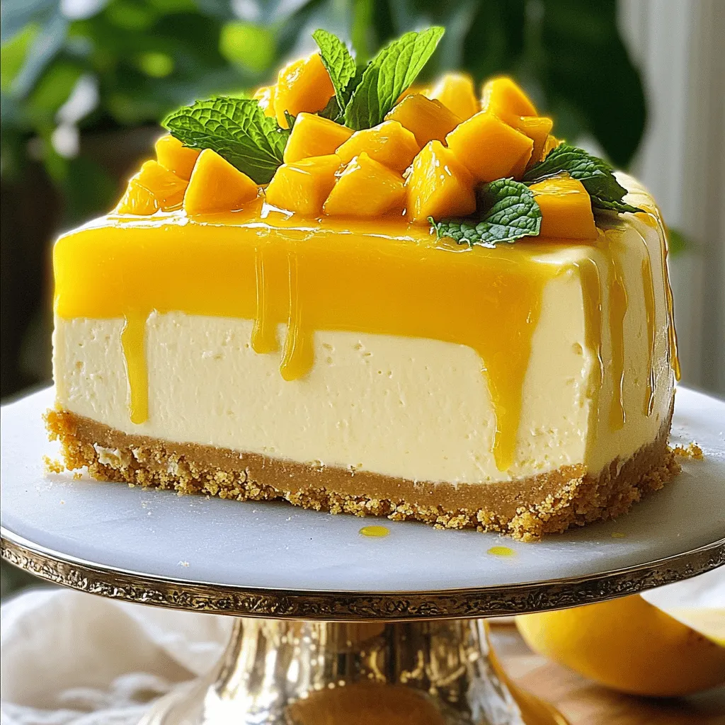 - 1 ½ cups graham cracker crumbs - ½ cup unsalted butter, melted - 2 cups cream cheese, softened to room temperature - 1 cup granulated sugar - 2 ripe mangoes, pureed (set aside a portion diced for garnish) - 2 teaspoons pure vanilla extract - 3 large eggs - 1 tablespoon fresh lime juice - 1 cup sour cream - ¼ cup unflavored gelatin powder - ¾ cup cold water Gathering the right ingredients is key to a great mango cheesecake. Each part plays an important role. The graham cracker crumbs give a nice crunch. They form the base and add a sweet flavor. The unsalted butter helps hold the crust together. Cream cheese is the star of the filling. It gives the cheesecake its rich and creamy texture. Granulated sugar sweetens the mix. This balances the tartness of the mango and lime juice. Using ripe mangoes is a must. They add natural sweetness and a bright flavor. Be sure to puree them well. Set aside some diced mango for topping later. Pure vanilla extract enhances the overall taste. Eggs bind everything together, making it set nicely after baking. Sour cream adds a tangy twist and smoothness. The unflavored gelatin powder is important too. It helps the cheesecake hold its shape. Mixing it with cold water ensures it dissolves well. - For the graham cracker crust, you can use crushed cookies like Oreos or digestive biscuits. - If you need dairy-free options, try vegan cream cheese and coconut yogurt instead of sour cream. - For sweeteners, you can use honey, maple syrup, or a sugar substitute like stevia. These substitutions allow you to enjoy the cheesecake in different ways. Feel free to experiment, but keep the balance of flavors in mind. For the full recipe, check out the detailed instructions on how to create this delightful dessert! First, preheat your oven to 325°F (160°C). This step is key for even baking. In a medium bowl, mix the graham cracker crumbs with the melted butter. You want it to feel like wet sand. Then, take this mixture and press it into a 9-inch springform pan. Make sure it covers the bottom evenly. Bake the crust for 10 minutes. Once done, take it out and let it cool completely. Next, grab a large bowl and beat the softened cream cheese with a hand mixer. Mix until it’s smooth and creamy. Slowly add in the granulated sugar, blending it well. Now, pour in the mango puree, vanilla extract, lime juice, and sour cream. Mix until the batter is nice and smooth, free of lumps. Now it's time to add the eggs. Add one egg at a time, mixing gently after each. Avoid overmixing; just blend enough to combine. This keeps your cheesecake light and fluffy. In a small saucepan, whisk together the gelatin powder and cold water over low heat. Stir until it dissolves. Let it cool slightly, then stir it into the cheesecake batter. Carefully pour the cheesecake mixture into the cooled crust in your springform pan. Use a spatula to smooth the top. Bake the cheesecake for about 50-60 minutes. It should be set but still a bit jiggly in the center. After baking, turn off the oven and leave the door slightly open. This allows the cheesecake to cool slowly, which helps prevent cracks. Once it cools to room temperature, cover it tightly and refrigerate for at least 4 hours. For best results, chill it overnight. This helps the flavors blend and firms up the cheesecake. When you're ready to serve, top it with diced mango for a fresh look. Enjoy your Mango Cheesecake Delight! You can find the Full Recipe to explore more. To stop cracks on your cheesecake, bake it gently. Keep the oven door slightly open to let out steam. This slow cooling helps keep the surface smooth. For a creamy texture, use room temperature cream cheese. Mix it well until smooth before adding other ingredients. Avoid overmixing after adding eggs. This keeps your cheesecake light and airy. Garnish your cheesecake with fresh mango and mint. Dice some mango to add a pop of color on top. Place mint leaves for a fresh touch. This not only looks great but also adds flavor. Try pairing your cheesecake with a light dessert wine or herbal tea. These drinks enhance the sweet and tangy flavors of the mango. Use a springform pan for easy removal. This pan helps you serve the cheesecake without breaking it. A hand mixer or stand mixer is key for smooth batter. Having these tools makes mixing quick and easy. {{image_4}} For a quick treat, try a no-bake mango cheesecake. This version skips the oven and uses simple ingredients. Ingredients: - 1 ½ cups graham cracker crumbs - ½ cup unsalted butter, melted - 2 cups cream cheese, softened - 1 cup sweetened condensed milk - 2 ripe mangoes, pureed - 2 teaspoons pure vanilla extract - 1 tablespoon fresh lime juice - ¼ cup unflavored gelatin powder - ¾ cup cold water Method: 1. Mix graham cracker crumbs and melted butter in a bowl. 2. Press the mixture into a springform pan for the crust. 3. In another bowl, blend the cream cheese and sweetened condensed milk. 4. Add mango puree, vanilla, and lime juice. Mix until smooth. 5. Dissolve gelatin in cold water over low heat, then cool slightly. 6. Stir dissolved gelatin into the cream cheese mixture. 7. Pour this filling over the crust and chill for at least 4 hours. Benefits of no-bake option: - It saves time and energy. - You avoid the risk of cracks. - It stays creamy and smooth. - Perfect for hot days when you want a cool dessert. You can easily make a vegan version of mango cheesecake. Just switch a few ingredients. Plant-based substitute ingredients: - Use vegan cream cheese instead of regular cream cheese. - Replace sweetened condensed milk with coconut cream. - Use agar-agar instead of gelatin for a plant-based thickener. Adjusting the recipe for vegan diets: 1. Follow the same steps as the original recipe. 2. Blend vegan cream cheese and coconut cream to a smooth mix. 3. Use the agar-agar according to package directions to thicken. 4. Chill the vegan cheesecake until set. Mango cheesecake is versatile. You can mix in other flavors for fun twists. Adding coconut: - Mix shredded coconut into the filling before pouring it into the crust. - Top with toasted coconut for a crunchy finish. Mixing with other fruits: - Try blending mango with pineapple for a tropical taste. - You can swirl in raspberry or berry puree for a fruity twist. These variations can help you enjoy mango cheesecake in different ways! To keep your mango cheesecake fresh, store leftovers in the fridge. Use an airtight container or cover it tightly with plastic wrap. This helps maintain its creamy texture and flavor. You can refrigerate the cheesecake for up to five days. After that, it may lose its taste and texture. Always check for freshness before serving. If you want to keep your mango cheesecake for longer, freezing is a great option. To freeze it, wrap the cheesecake tightly in plastic wrap and then in aluminum foil. This prevents freezer burn. You can freeze it for up to two months. When you're ready to enjoy it again, take it out and place it in the fridge. Let it thaw slowly for several hours or overnight. Serve it cold and top it with fresh mango pieces for a tasty treat. For the full recipe, check out Mango Bliss Cheesecake. Making mango cheesecake takes about 5 hours in total. Here’s the breakdown: - Prep Time: 30 minutes - Bake Time: 50-60 minutes - Cooling Time: 1 hour in the oven - Chilling Time: At least 4 hours, but overnight is best Yes, you can make this cheesecake ahead of time. It’s best to prepare it one day in advance. This helps the flavors develop and the texture to firm up. Just store it in the fridge until you are ready to serve. Mango cheesecake pairs well with a few delightful options: - Fresh fruit: Slices of mango or berries - Whipped cream: Light and sweet topping - Mint leaves: For a pop of color and flavor - Drinks: Serve with iced tea or a light wine Yes, you can use frozen mangoes for this recipe. Here are a few adjustments: - Thaw the mangoes: Let them sit at room temp or use the microwave. - Drain excess moisture: This keeps the cheesecake creamy. - Blend them: Make sure to puree them well for a smooth texture. For the full recipe, refer to the provided details above. This blog post covers mango cheesecake from ingredients to storage and FAQs. You learned about key ingredients, alternatives, and tips for a creamy texture. We also explored variations, like no-bake and vegan options, to suit different tastes. In summary, this sweet treat is easy to make and fun to enjoy. Remember, with the right steps, your cheesecake can shine at any gathering. Now, get ready to impress your family or friends with this delicious recipe!