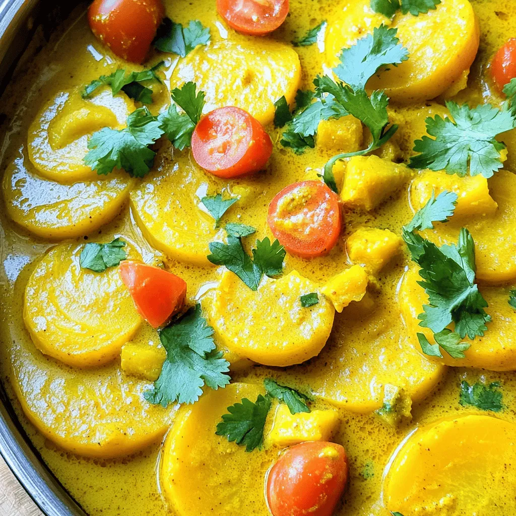- 2 medium yellow squashes, sliced into half-moons - 1 tablespoon coconut oil - 1 small onion, finely chopped - 2 cloves garlic, minced - 1 teaspoon freshly grated ginger - 1 medium tomato, diced - 1 can (400ml) creamy coconut milk - 1 teaspoon curry powder - 1/2 teaspoon ground turmeric - 1/2 teaspoon ground cumin - Sea salt, to taste - Fresh cilantro, chopped, for garnish Selecting fresh yellow squash is key for this dish. Always look for firm, unblemished squashes. Choose medium-sized squashes to get the best flavor. They should feel heavy for their size. This tells you they are full of moisture. If you want to add more to your curry, think about optional add-ins. Bell peppers or spinach can boost nutrition and color. Lentils also work well for a protein boost. They make the curry heartier and more filling. For the full recipe, see the details above. It will guide you to create a delicious and comforting meal. - Heat coconut oil in a skillet over medium heat. - Sauté onion until translucent. First, you want to heat the coconut oil in a large skillet. The oil should shimmer but not smoke. It usually takes about one minute to heat. Next, add the finely chopped onion. Sauté it for about five minutes. You want the onion to become soft and translucent. This step builds a nice base flavor. - Add garlic, ginger, and tomato, cooking until soft. - Stir in yellow squash and spices, then add coconut milk. Once the onion is ready, add minced garlic and grated ginger. Stir for about one minute until it smells amazing. Then, add the diced tomato. Cook it for about three to four minutes. You want the tomato to soften and break down. Now, it’s time to add the sliced yellow squash. Make sure to mix it well with the onion and tomato. Next, sprinkle in the curry powder, turmeric, and cumin. Stir everything for about two minutes. This helps the spices bloom. Finally, pour in the creamy coconut milk. Stir gently and bring it to a simmer. - Cover and let simmer for 10-15 minutes. - Check for tenderness of the squash. Now, lower the heat and cover the skillet. Let the curry simmer for about 10 to 15 minutes. This allows the flavors to meld beautifully. Check the squash for tenderness. You want it to be soft but still have a slight bite. If it needs more time, let it simmer a bit longer. Once perfect, season with sea salt to taste before serving. You can find the full recipe for this dish [Full Recipe]. - Overcooking the squash for mushy texture: Squash cooks quickly. Keep an eye on it. Aim for a slight bite, or "al dente," to keep it firm and tasty. - Not adjusting spices to taste: Your palate is unique. Start with the recipe, then taste. Add more spices as you like. Trust your taste buds. - Best methods for sautéing onions and garlic: Heat your coconut oil first. Add onions and let them soften. This step builds the base flavor. After that, add garlic for a quick cook. This brings out its aroma and flavor. - Importance of gentle simmering for flavor development: Simmering brings all the flavors together. Keep the heat low and let it bubble softly. This way, the spices blend well with the squash and coconut milk. - How to plate the curry beautifully: Use a wide bowl or plate. Serve the curry in the center, allowing space around it. This gives it room to breathe and look inviting. - Suggestions for garnishing with cilantro: Fresh cilantro adds color and a pop of flavor. Chop it finely and sprinkle it on top just before serving. This brightens the dish instantly. Now you are ready to make a delightful yellow squash curry with these tips and tricks in mind. For the complete process, refer to the Full Recipe. {{image_4}} You can change the flavor of your yellow squash curry by using other vegetables. Zucchini works well, adding a nice texture. Butternut squash can give a sweet twist. If you enjoy leafy greens, add spinach or kale for more nutrition. Instead of coconut milk, you can use vegetable broth. This change makes the dish lighter. The broth adds a nice savory taste without the creaminess. If you like a kick, try adding green chilies. Slice them and toss them in early while cooking. Red pepper flakes also work well. Just sprinkle them in when you add the spices. Adjust the heat to your liking. To keep the dish vegan, check that all your ingredients are plant-based. Most of the ingredients in this recipe are vegan-friendly. For gluten-free, ensure your spices and broth are certified gluten-free. This way, everyone can enjoy your yellow squash curry without worry. For the full recipe, you can refer to the [Full Recipe]. After you make Simple Yellow Squash Curry, let it cool down. Place leftovers in a clean, airtight container. This keeps the flavors fresh. Store the container in your fridge. It is best to eat the curry within three to five days. When you want to reheat, use a pot on low heat. Stir often to warm it evenly. You can also use a microwave. Heat it in short bursts, stirring in between. To freeze the curry, let it cool completely. Portion it into freezer-safe containers. Leave some space at the top for expansion. Seal the containers tightly and label them with the date. You can freeze it for up to three months. When you are ready to eat, thaw it overnight in your fridge. Reheat it on the stove or in the microwave. In the fridge, your yellow squash curry stays fresh for about three to five days. If you notice any off smells or colors, it’s best to throw it away. Always trust your senses when it comes to food safety. For the best taste, consume the curry sooner rather than later. By following these steps, you ensure your curry remains flavorful and safe to enjoy. For the full recipe, check out the delightful Yellow Squash Curry. Yes, you can use other squashes. Zucchini is a great choice. Its mild taste pairs well with the spices. Butternut squash also works well, adding sweetness. You can even mix different squashes for fun. Just remember to cut them into similar sizes for even cooking. To add more heat, try fresh chilies. You can slice green or red chilies and add them when cooking the onion. Another option is to use red pepper flakes. Start with a small amount and taste as you go. Remember, you can always add more, but it’s hard to take it out! Absolutely! This curry is ideal for meal prep. You can make it ahead and store it in the fridge for up to four days. Just let it cool before you store it. For longer storage, freeze it in airtight containers. It will keep well for about three months. This curry pairs well with rice or quinoa. You can also serve it with naan or flatbreads. A side salad with fresh greens adds a nice crunch. If you want more protein, add chickpeas or lentils. Each option complements the curry's flavors beautifully. For the full recipe, visit the link above. In this blog post, we explored a simple and tasty yellow squash curry. We covered ingredients, cooking steps, and storage tips. Fresh yellow squash adds great flavor, while coconut milk makes it creamy. Remember to avoid overcooking the squash and adjust spices to your liking. You can also customize this dish with veggies or spices. Enjoy making this recipe for an easy meal! You'll love how it warms your kitchen and your stomach.
