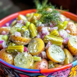 - Baby potatoes - Dill pickles - Mayonnaise - Red onion - Celery - Dijon mustard - Apple cider vinegar - Fresh or dried dill - Hard-boiled egg Gathering the right ingredients is key to making a great Dill Pickle Potato Salad. The main ingredients include baby potatoes, dill pickles, and mayonnaise. The baby potatoes give this salad a nice texture. I recommend using small potatoes because they cook evenly and stay firm. The dill pickles add a tangy punch that makes every bite exciting. Next, you have the additional ingredients. Red onion and celery bring crunch and flavor. I love the pop of color from the red onion. Celery adds a refreshing crispness that balances the creaminess of the mayo. Dijon mustard is a must for depth; it enhances the overall flavor. For extra flair, consider optional ingredients like apple cider vinegar, fresh or dried dill, and hard-boiled egg. The vinegar adds a nice acidity. Fresh dill gives a herbal note, while the egg can make the salad richer. This combination of flavors and textures creates a refreshing summer dish. You can find the full recipe to help you make this delightful salad easily. To start, we need to boil the potatoes. Take 2 pounds of baby potatoes and cut them in half. In a large pot, fill it with salted water. Add the halved potatoes and bring the water to a boil over medium-high heat. Once it boils, lower the heat to a simmer. Cook the potatoes for 10-12 minutes. They should be fork-tender but not mushy. After boiling, drain the potatoes and let them cool to room temperature. While the potatoes cool, you can prepare your mix-ins. Dice 1 cup of dill pickles, chop 1/2 cup of red onion, and dice 1/2 cup of celery. In a large mixing bowl, combine the cooled potatoes with the diced vegetables. Stir gently to mix them well without breaking the potatoes. Now, let’s make the dressing. In a small bowl, whisk together 1 cup of mayonnaise, 2 tablespoons of Dijon mustard, and 1 tablespoon of apple cider vinegar. Add a pinch of salt and pepper to taste. Keep whisking until the dressing is smooth and creamy. Drizzle the dressing over the potato and vegetable mix. Toss everything together gently. Make sure the potatoes and vegetables are well-coated in the dressing. If you want, you can add 1 chopped hard-boiled egg at this stage. Just fold it in gently to avoid breaking it apart. Chilling is key! Cover the bowl with plastic wrap and place it in the fridge. Let the salad chill for at least 1 hour before serving. This time allows all the flavors to meld together, making each bite taste even better. To get the best flavor, taste your salad after mixing. If it needs more zing, add salt, pepper, or even a touch of vinegar. These small tweaks can make a big difference. If you want more flavor, try mixing in a bit of garlic powder or even some chopped fresh herbs. These can boost the taste and make it more fun! Presentation matters! Serve your potato salad in a bright bowl to draw attention. Add fresh dill sprigs on top for a lovely touch. You can also place colorful cherry tomatoes or radish slices around the edges. For sides, this salad pairs well with grilled chicken or burgers. It’s a great dish for summer BBQs! Want to save time? Cook the potatoes a day in advance. Store them in the fridge. This lets you mix the salad quickly later. For busy days, use pre-diced pickles and veggies. This saves chopping time and keeps things simple. Enjoy your Dill Pickle Potato Salad without the hassle! Don’t forget to check the Full Recipe for more tips. {{image_4}} If you want a vegan version of this dish, it is easy to make. You can swap mayonnaise for a plant-based mayo. These options taste great and keep the creamy texture. When choosing plant-based ingredients, try using chickpeas or silken tofu. Both can bring a lovely richness. You can also add a splash of lemon juice for a fresh twist. For a flavor boost, consider adding crispy bacon or shredded cheese. Bacon adds a nice crunch and saltiness. Cheese brings creaminess and depth. You can also play with herbs and spices. Try adding garlic powder or smoked paprika for a fun twist. Fresh herbs like chives or parsley can brighten the dish. Dill pickle potato salad has many styles worldwide. In some places, people add hard-boiled eggs or even green peas. These ingredients can change the texture and flavor. You can also substitute ingredients based on what you have. For example, swap dill pickles for sweet pickles for a different taste. Or, use red potatoes instead of baby potatoes for a heartier salad. For more details, check the Full Recipe for all the ingredients and steps! To keep your Dill Pickle Potato Salad fresh, use airtight containers. Glass or plastic containers with tight lids work best. Before sealing, ensure the salad is cool. This step helps prevent moisture build-up, which can spoil your dish. Store the salad in the fridge. It keeps well when chilled. Your potato salad lasts about three to five days in the fridge. Check for signs of spoilage before eating. If you see mold or an off smell, it’s best to toss it out. Safety first! Always trust your senses when it comes to food. Can you freeze potato salad? Yes, but it may change texture. If you want to freeze it, do so before adding mayo or eggs. Store in a freezer-safe container. Leave some space for expansion. When you’re ready to enjoy it, thaw in the fridge overnight. Stir well before serving to bring it back to life. For a detailed guide on making this dish, check out the Full Recipe. Yes! Making this salad early helps the flavors blend. I recommend letting it chill for at least an hour. However, it tastes even better after a full night in the fridge. The longer it sits, the more the dill and pickle flavors come through. I love using baby potatoes for this salad. They cook evenly and have a nice texture. You can also use Yukon Gold or red potatoes. These varieties hold their shape well and add a creamy taste. This recipe is naturally gluten-free! Just check your mayonnaise and mustard labels to confirm. Some brands add gluten, but many do not. Always read the ingredient list to be safe. Absolutely! You can use Greek yogurt instead of mayonnaise for a lighter option. Adding more veggies, like bell peppers or cucumbers, boosts nutrition too. You can also skip the hard-boiled egg for fewer calories. You can keep this salad in the fridge for about three to five days. Store it in an airtight container to keep it fresh. Always check for any off smells or changes in texture before eating. Dill Pickle Potato Salad is a mix of flavors from different places. It became popular in the U.S. during the mid-20th century. It reflects a love for pickles in American cuisine. Many families enjoy it at barbecues and picnics, making it a true summer favorite! Dill pickle potato salad is simple and tasty. We explored key ingredients like baby potatoes, dill pickles, and mayo. I shared how to cook the potatoes and mix in the veggies. Making the dressing adds flavor, while chilling lets everything blend nicely. Consider your preferences with tips on seasoning, serving, and time-saving tricks. You can also try variations to fit your style. Remember, storing is important for freshness. Enjoy crafting this dish, and make it your own!
