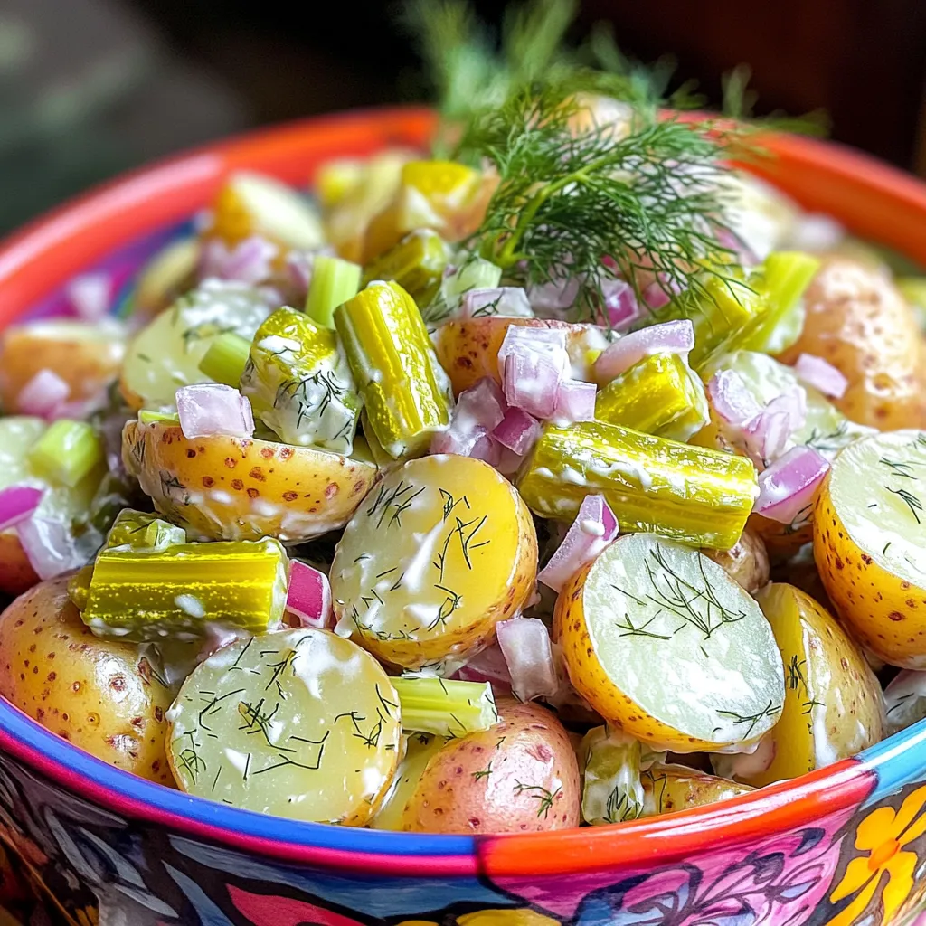 - Baby potatoes - Dill pickles - Mayonnaise - Red onion - Celery - Dijon mustard - Apple cider vinegar - Fresh or dried dill - Hard-boiled egg Gathering the right ingredients is key to making a great Dill Pickle Potato Salad. The main ingredients include baby potatoes, dill pickles, and mayonnaise. The baby potatoes give this salad a nice texture. I recommend using small potatoes because they cook evenly and stay firm. The dill pickles add a tangy punch that makes every bite exciting. Next, you have the additional ingredients. Red onion and celery bring crunch and flavor. I love the pop of color from the red onion. Celery adds a refreshing crispness that balances the creaminess of the mayo. Dijon mustard is a must for depth; it enhances the overall flavor. For extra flair, consider optional ingredients like apple cider vinegar, fresh or dried dill, and hard-boiled egg. The vinegar adds a nice acidity. Fresh dill gives a herbal note, while the egg can make the salad richer. This combination of flavors and textures creates a refreshing summer dish. You can find the full recipe to help you make this delightful salad easily. To start, we need to boil the potatoes. Take 2 pounds of baby potatoes and cut them in half. In a large pot, fill it with salted water. Add the halved potatoes and bring the water to a boil over medium-high heat. Once it boils, lower the heat to a simmer. Cook the potatoes for 10-12 minutes. They should be fork-tender but not mushy. After boiling, drain the potatoes and let them cool to room temperature. While the potatoes cool, you can prepare your mix-ins. Dice 1 cup of dill pickles, chop 1/2 cup of red onion, and dice 1/2 cup of celery. In a large mixing bowl, combine the cooled potatoes with the diced vegetables. Stir gently to mix them well without breaking the potatoes. Now, let’s make the dressing. In a small bowl, whisk together 1 cup of mayonnaise, 2 tablespoons of Dijon mustard, and 1 tablespoon of apple cider vinegar. Add a pinch of salt and pepper to taste. Keep whisking until the dressing is smooth and creamy. Drizzle the dressing over the potato and vegetable mix. Toss everything together gently. Make sure the potatoes and vegetables are well-coated in the dressing. If you want, you can add 1 chopped hard-boiled egg at this stage. Just fold it in gently to avoid breaking it apart. Chilling is key! Cover the bowl with plastic wrap and place it in the fridge. Let the salad chill for at least 1 hour before serving. This time allows all the flavors to meld together, making each bite taste even better. To get the best flavor, taste your salad after mixing. If it needs more zing, add salt, pepper, or even a touch of vinegar. These small tweaks can make a big difference. If you want more flavor, try mixing in a bit of garlic powder or even some chopped fresh herbs. These can boost the taste and make it more fun! Presentation matters! Serve your potato salad in a bright bowl to draw attention. Add fresh dill sprigs on top for a lovely touch. You can also place colorful cherry tomatoes or radish slices around the edges. For sides, this salad pairs well with grilled chicken or burgers. It’s a great dish for summer BBQs! Want to save time? Cook the potatoes a day in advance. Store them in the fridge. This lets you mix the salad quickly later. For busy days, use pre-diced pickles and veggies. This saves chopping time and keeps things simple. Enjoy your Dill Pickle Potato Salad without the hassle! Don’t forget to check the Full Recipe for more tips. {{image_4}} If you want a vegan version of this dish, it is easy to make. You can swap mayonnaise for a plant-based mayo. These options taste great and keep the creamy texture. When choosing plant-based ingredients, try using chickpeas or silken tofu. Both can bring a lovely richness. You can also add a splash of lemon juice for a fresh twist. For a flavor boost, consider adding crispy bacon or shredded cheese. Bacon adds a nice crunch and saltiness. Cheese brings creaminess and depth. You can also play with herbs and spices. Try adding garlic powder or smoked paprika for a fun twist. Fresh herbs like chives or parsley can brighten the dish. Dill pickle potato salad has many styles worldwide. In some places, people add hard-boiled eggs or even green peas. These ingredients can change the texture and flavor. You can also substitute ingredients based on what you have. For example, swap dill pickles for sweet pickles for a different taste. Or, use red potatoes instead of baby potatoes for a heartier salad. For more details, check the Full Recipe for all the ingredients and steps! To keep your Dill Pickle Potato Salad fresh, use airtight containers. Glass or plastic containers with tight lids work best. Before sealing, ensure the salad is cool. This step helps prevent moisture build-up, which can spoil your dish. Store the salad in the fridge. It keeps well when chilled. Your potato salad lasts about three to five days in the fridge. Check for signs of spoilage before eating. If you see mold or an off smell, it’s best to toss it out. Safety first! Always trust your senses when it comes to food. Can you freeze potato salad? Yes, but it may change texture. If you want to freeze it, do so before adding mayo or eggs. Store in a freezer-safe container. Leave some space for expansion. When you’re ready to enjoy it, thaw in the fridge overnight. Stir well before serving to bring it back to life. For a detailed guide on making this dish, check out the Full Recipe. Yes! Making this salad early helps the flavors blend. I recommend letting it chill for at least an hour. However, it tastes even better after a full night in the fridge. The longer it sits, the more the dill and pickle flavors come through. I love using baby potatoes for this salad. They cook evenly and have a nice texture. You can also use Yukon Gold or red potatoes. These varieties hold their shape well and add a creamy taste. This recipe is naturally gluten-free! Just check your mayonnaise and mustard labels to confirm. Some brands add gluten, but many do not. Always read the ingredient list to be safe. Absolutely! You can use Greek yogurt instead of mayonnaise for a lighter option. Adding more veggies, like bell peppers or cucumbers, boosts nutrition too. You can also skip the hard-boiled egg for fewer calories. You can keep this salad in the fridge for about three to five days. Store it in an airtight container to keep it fresh. Always check for any off smells or changes in texture before eating. Dill Pickle Potato Salad is a mix of flavors from different places. It became popular in the U.S. during the mid-20th century. It reflects a love for pickles in American cuisine. Many families enjoy it at barbecues and picnics, making it a true summer favorite! Dill pickle potato salad is simple and tasty. We explored key ingredients like baby potatoes, dill pickles, and mayo. I shared how to cook the potatoes and mix in the veggies. Making the dressing adds flavor, while chilling lets everything blend nicely. Consider your preferences with tips on seasoning, serving, and time-saving tricks. You can also try variations to fit your style. Remember, storing is important for freshness. Enjoy crafting this dish, and make it your own!