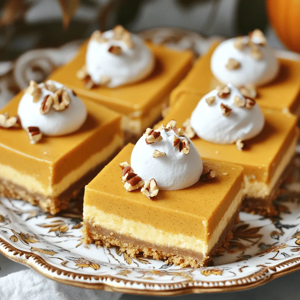 To make No-Bake Pumpkin Cheesecake Bars, you need the following ingredients: - 1 ½ cups graham cracker crumbs - ½ cup unsalted butter, melted - 1 cup cream cheese, softened - 1 cup pumpkin puree - ½ cup powdered sugar - 1 teaspoon vanilla extract - 1 teaspoon pumpkin pie spice - 1 cup whipped cream (for topping) - Optional: Chopped pecans or walnuts for garnish These ingredients create a rich and creamy dessert. The graham cracker crumbs give a nice crunch. The melted butter helps bind the crust. Cream cheese makes the filling smooth and creamy. Pumpkin puree adds the classic fall flavor. Using powdered sugar sweetens the filling just right. Vanilla extract gives a warm note, while pumpkin pie spice adds that cozy autumn aroma. The whipped cream on top adds a light, airy touch. You can also sprinkle chopped nuts for extra texture and flavor. For the full recipe, follow the steps provided to create this delightful treat. Trust me, you'll want to make this dessert again and again! - Combine 1 ½ cups graham cracker crumbs and ½ cup melted unsalted butter in a bowl. - Stir until the crumbs look like damp sand. - Press the mixture into a greased 9x9-inch pan. - Use your fingers or the back of a measuring cup to make it even. - Chill the crust in the fridge while you make the filling. - In a large bowl, beat 1 cup of softened cream cheese until smooth. - Add 1 cup of pumpkin puree, ½ cup powdered sugar, 1 teaspoon vanilla extract, and 1 teaspoon pumpkin pie spice. - Mix on low speed until everything is smooth and combined. - Gently fold in 1 cup of whipped cream. - Do this slowly to keep the filling light and fluffy. - Spread the cheesecake filling over the chilled crust. - Use a spatula to make the top smooth and even. - Cover the pan with plastic wrap and chill for at least 4 hours, or overnight for best results. - When ready, cut the cheesecake into bars. - Top each one with whipped cream or chopped nuts if you like. For the full recipe, check out the complete instructions. Enjoy your delicious no-bake pumpkin cheesecake bars! To get the best texture for your No-Bake Pumpkin Cheesecake Bars, you must ensure your cream cheese is softened. Soft cream cheese mixes smoothly and prevents lumps. Leave it out for about 30 minutes before you start. When you fold in the whipped cream, do it gently. This keeps the mixture light and fluffy. If you mix too hard, the filling will be dense. Remember, fluffy is key! Presentation matters, even for no-bake treats! Serve your cheesecake bars on a beautiful platter. It makes them look special. You can sprinkle a little cinnamon on top or drizzle caramel sauce for added flair. Chopped nuts, like pecans or walnuts, also add a nice touch and extra flavor. A common mistake is using pumpkin pie filling instead of pure pumpkin puree. Pumpkin pie filling has added spices and sugar. Stick with plain pumpkin puree for the best taste. Another mistake is overmixing the cheesecake filling. Once you add the whipped cream, mix just until combined. If you overmix, the filling can become too thick. Keep it smooth and light for the best bars! {{image_4}} You can make your no-bake pumpkin cheesecake bars even more fun! One way is to add chocolate or caramel. Drizzle some melted chocolate on top or mix in caramel to the filling. This adds a sweet twist. You can also try different spices. Instead of pumpkin pie spice, use cinnamon or nutmeg. These changes give the bars a unique taste. If you need gluten-free options, you can use gluten-free graham crackers. They work just as well! For those who want dairy-free, swap cream cheese for a dairy-free version. Look for brands made with nuts or soy. These swaps keep the flavor great while catering to dietary needs. These bars are perfect with coffee or tea. The flavors blend well, making a nice treat. For parties, serve the bars on a pretty platter. You can add a sprinkle of cinnamon or a drizzle of caramel for extra charm. These ideas make your no-bake pumpkin cheesecake bars stand out on any table. To keep your no-bake pumpkin cheesecake bars fresh, store them properly. First, let the bars cool completely in the fridge. Then, cut them into squares. Place each square in an airtight container. This keeps them moist and tasty. If you have a lot of bars, stack them with parchment paper between layers. This prevents sticking. For short-term storage, use a glass or plastic container. For long-term storage, freezer-safe containers work best. Ensure they fit snugly to avoid freezer burn. When stored in the fridge, these bars last about 5 days. Make sure to check for any signs of spoilage before eating. If you want to keep them longer, consider freezing. To freeze, wrap each bar tightly in plastic wrap. Then, place them in a freezer-safe bag. They can stay fresh for up to 3 months. When you're ready to eat, take them out and let them thaw in the fridge overnight. This keeps them creamy and delicious. Enjoy your sweet treat anytime! It takes about 20 minutes to prep. After that, you need to chill the bars. The chilling time is at least 4 hours, but overnight is best. So, in total, you should plan for around 4 hours and 20 minutes from start to finish. Yes, you can make these bars up to two days in advance. Keep them in the fridge until you are ready to serve. This gives the flavors time to blend and the filling to set well. If you do not have whipped cream, you can use Greek yogurt. It adds a nice tang. You can also try cool whip or even a dairy-free option like coconut whipped cream. Just ensure you mix it in gently to keep the texture light. You now know how to make delicious no-bake pumpkin cheesecake bars. We covered the key ingredients, step-by-step preparation, and important tips to ensure success. Remember to soften your cream cheese and avoid overmixing. Feel free to experiment with flavors or dietary adjustments to fit your needs. Store leftovers in the fridge or freezer to enjoy later. With these bars, you’ll impress friends and family at any gathering. Enjoy making this tasty treat, and have fun sharing it!