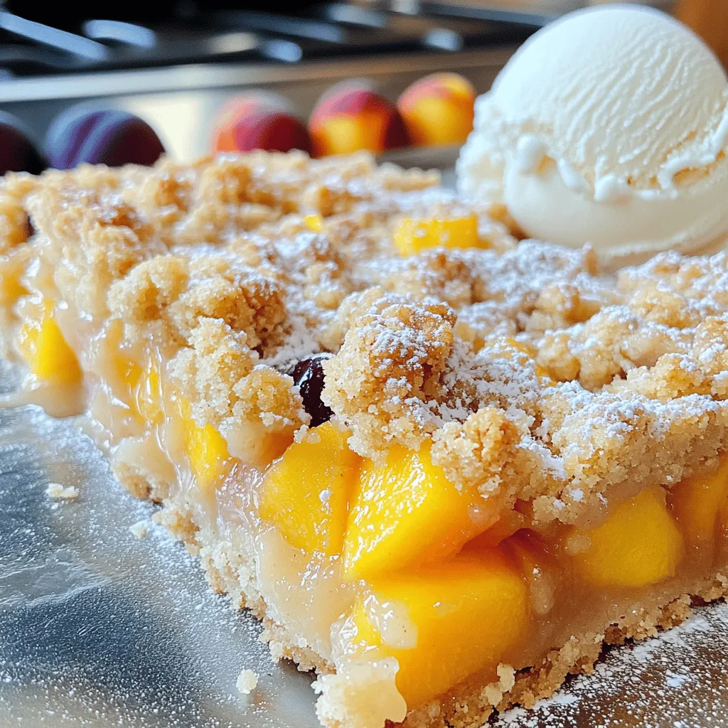 - 2 cups ripe peaches, diced - 2 cups ripe plums, diced - 1 tablespoon fresh lemon juice - ½ cup granulated sugar - ½ teaspoon pure vanilla extract - 1 teaspoon cornstarch - 1 ½ cups all-purpose flour - ½ cup rolled oats - ½ cup packed brown sugar - ½ teaspoon baking powder - ½ teaspoon salt - ½ cup cold unsalted butter, cut into small cubes - 1 large egg When we make Peach Plum Crumble Bars, we need fresh fruit. Ripe peaches and plums create a sweet filling. The lemon juice adds a nice zing to the mix. Sugar balances the tartness of the fruit, making it just right. We also need some basic baking ingredients. All-purpose flour forms the base. Rolled oats add a chewy texture. Brown sugar gives a deeper flavor than white sugar. Baking powder helps our bars rise. Salt enhances all the flavors. Finally, cold unsalted butter is key. It mixes with the dry ingredients to create a crumbly topping. An egg binds everything together. Check the Full Recipe for details on how to combine these ingredients. Enjoy the fresh tastes of summer in every bite! First, preheat your oven to 350°F (175°C). Grab an 8-inch square baking dish. Line it with parchment paper, letting the edges hang over. This step helps when you remove the bars later. Next, you will prepare the fruit filling. In a medium bowl, combine 2 cups of diced peaches and 2 cups of diced plums. Add 1 tablespoon of fresh lemon juice, ½ cup of granulated sugar, ½ teaspoon of pure vanilla extract, and 1 teaspoon of cornstarch. Gently fold the ingredients together. This helps coat the fruit evenly. Set this bowl aside. Let the fruit marinate while you make the crust. Now, it's time to make the crust and topping. In a large bowl, whisk together 1 ½ cups of all-purpose flour, ½ cup of rolled oats, ½ cup of packed brown sugar, ½ teaspoon of baking powder, and ½ teaspoon of salt. This mix creates a great base for the bars. Next, add ½ cup of cold, cubed unsalted butter to the dry mix. Use a fork or pastry cutter to work the butter into the flour mix. Keep mixing until it looks like coarse crumbs, with some small pieces still visible. Now, add 1 large egg to the mixture. Stir until you form a cohesive dough. Divide the dough in half, and set one half aside. Press the other half evenly into the bottom of your prepared baking dish. This will be your crust layer. Spread the marinated fruit mixture evenly over the crust. Make sure the fruit is spread out well. Now, take the remaining dough and crumble it over the top of the fruit. This creates a nice rustic topping. Place your baking dish in the oven. Bake for 35-40 minutes until the topping turns golden brown and the fruit bubbles. Once baked, remove it from the oven. Allow the bars to cool in the pan for at least 20 minutes. After that, use the parchment paper to lift the bars out. Transfer to a wire rack to cool completely before slicing. For the full recipe, refer back to the ingredients and detailed steps I provided above. To get the right texture for your crumble, focus on the butter. Use cold, unsalted butter and cut it into small cubes. This helps create a light and airy topping. When mixing, use a fork or pastry cutter. Work the butter into the dry mix until it resembles coarse crumbs. Some small chunks should remain. This adds texture and crunch to your bars. For more flavor, consider adding spices or extracts. A pinch of cinnamon pairs well with the fruit. You can also add a splash of almond extract for a nutty taste. If you want a fresh zing, try adding a little orange zest. These small tweaks can make a big difference in taste. After baking, let your bars cool in the pan for at least 20 minutes. This helps them set properly. Once cool, lift them out using the parchment paper. Cut into squares for serving. For an extra treat, serve with vanilla ice cream or a drizzle of caramel sauce. You can also dust the bars with powdered sugar for a pretty finish. Enjoy the mix of sweet, fruity flavors with each bite! {{image_4}} You can change the fruits in these bars. Try using cherries, blackberries, or raspberries. Each fruit brings its own taste and color. Mixing fruits can give you a fun twist. You can also use apples or pears if you prefer. Just remember to adjust the sugar based on the fruit's sweetness. To make Peach Plum Crumble Bars gluten-free, swap the all-purpose flour. Use a gluten-free flour blend that works for baking. This will give you a similar texture. Ensure that all other ingredients are gluten-free, like oats. Always check labels to avoid gluten. Want to make these bars vegan? It's simple! Replace the butter with coconut oil or vegan butter. Use a flax egg instead of the large egg. To make a flax egg, mix 1 tablespoon of ground flaxseed with 2.5 tablespoons of water. Let it sit for a few minutes until it thickens. These swaps will keep the bars tasty and plant-based. For the full recipe, check the main article. To keep your Peach Plum Crumble Bars fresh, store them in an airtight container. This will prevent them from drying out. Place parchment paper between layers to avoid sticking. They can stay at room temperature for up to two days. If you want them to last longer, refrigerate them. In the fridge, they will stay good for about a week. Freezing is a great way to save your bars for later. First, let the bars cool completely. Then, cut them into squares. Wrap each square in plastic wrap. After that, place the wrapped bars in a freezer-safe bag. Be sure to remove as much air as possible. Frozen Peach Plum Crumble Bars can last for up to three months. To enjoy your bars warm, reheating is easy. Preheat your oven to 350°F (175°C). Place the bars on a baking sheet. Heat them for about 10-15 minutes. This will restore their crisp topping and warm the fruit. You can also use the microwave for a quick fix. Heat on low power for about 30 seconds. Enjoy the warm, fruity goodness! Yes, you can use frozen fruit for the bars. Just ensure you thaw and drain the fruit well. This avoids excess moisture in the bars. Frozen peaches and plums work well and save you time. These bars can last up to five days when stored in an airtight container. Keep them at room temperature for the best flavor. If you need more time, refrigerate them, and they can last a week. Absolutely! You can prepare the bars a day ahead. Just bake them, let them cool, and store them in the fridge. When ready to serve, let them sit at room temperature for a bit or warm them slightly in the oven. These bars are great on their own, but they shine with a scoop of vanilla ice cream or a dollop of whipped cream. You can also serve them with a drizzle of caramel sauce for extra sweetness. For more ideas, check out the Full Recipe for Peach Plum Crumble Bars. This blog post guides you to make delicious Peach Plum Crumble Bars. Start with fresh, ripe fruit and a tasty crust. We covered preheating your oven, preparing the filling, and making the crumble. Plus, I shared tips for the best texture and flavor. You can even tweak the recipe for gluten-free or vegan options. Store leftovers correctly to keep them fresh. Enjoy these bars warm or cold, with ice cream or just as they are. Get baking, and delight in the sweet taste of summer fruits!