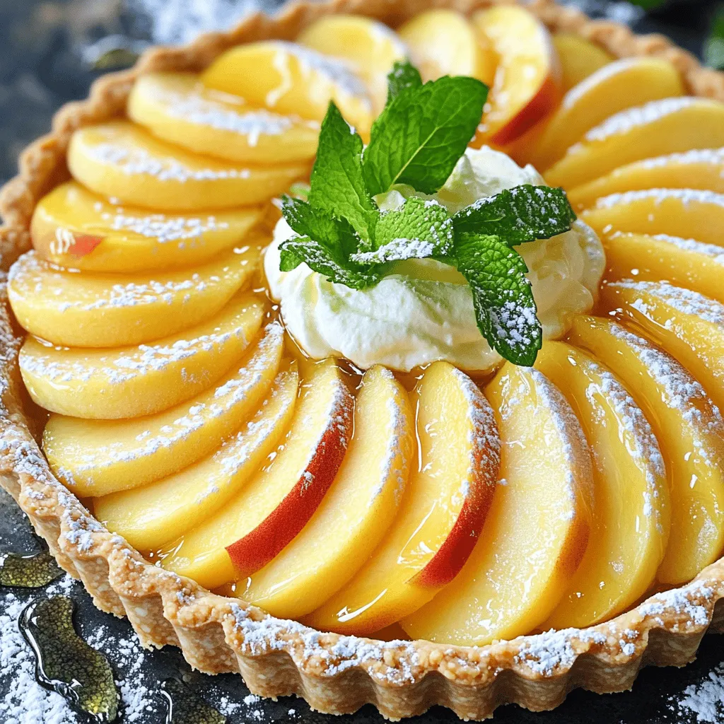 - 1 pre-made tart shell (9-inch) - 2 ripe white peaches, thinly sliced - 1 cup mascarpone cheese - 1/2 cup heavy cream - 1/4 cup powdered sugar - 1 teaspoon vanilla extract - Zest of 1 lemon - Fresh mint leaves for garnish - Optional: Honey for drizzling For this tart, I love using ripe white peaches. They add a sweet and juicy touch. The creamy mascarpone gives a rich flavor that pairs well with the peaches. The heavy cream makes it light and airy. I also add lemon zest for a fresh kick. - Mixing bowls - Hand mixer or whisk - Spatula - Serving platter You’ll need a few basic tools. Mixing bowls help combine ingredients easily. A hand mixer or whisk will whip the mascarpone and cream together. A spatula is great for smoothing the mixture into the tart shell. Lastly, a serving platter is perfect for a beautiful display. Gather these items before you start. You’ll find it helps to have everything ready to go. This way, you can focus on making a delicious tart. For the Full Recipe, keep reading. 1. In a medium bowl, combine the mascarpone cheese, heavy cream, powdered sugar, vanilla extract, and lemon zest. 2. Use a hand mixer or whisk to beat the mixture until it is light and fluffy. This should take about 2-3 minutes. Aim for a smooth mix that holds soft peaks. 1. Carefully pour the whipped mascarpone mixture into the pre-made tart shell. 2. Use a spatula to smooth it out evenly across the surface. 3. Next, artfully arrange the thinly sliced peaches on top of the mascarpone layer. Overlap them slightly to create a pretty pattern. 1. Place the tart in the refrigerator and chill for at least 1 hour. This helps the flavors blend and the tart to set. 2. Just before serving, garnish the tart with fresh mint leaves. This adds a pop of color and a hint of freshness. This delightful White Peach Mascarpone Tart is simple yet impressive. For the complete recipe, check out the Full Recipe section. To get the best whipped mascarpone, start with cold ingredients. Cold mascarpone and cream whip better. Use a medium mixing bowl for easy handling. Beat the mascarpone and cream together with a hand mixer. Start on low speed to blend, then increase to high. You want the mixture to be fluffy but not too runny. Aim for soft peaks, which means it holds its shape but is still creamy. This usually takes about 2-3 minutes. If you overbeat, it may turn grainy. Keep an eye on it! A well-presented tart makes a big impact. Before serving, dust the top with a little powdered sugar. This adds a touch of elegance. Cut the tart into neat wedges for easy serving. You can place extra peach slices around the tart for a colorful display. Fresh mint leaves also make a great garnish. They add color and a hint of freshness. Arrange everything nicely on your serving platter to impress your guests. To elevate the sweetness, consider adding toppings. Honey drizzled over the peaches adds both shine and flavor. You might also try a berry sauce for a fruity twist. A sprinkle of cinnamon can add warmth to the dish. If you want a bit of crunch, chopped nuts work well, too. These enhancements can take the tart to a new level of deliciousness. Enjoy experimenting with flavors to find your favorite combination! {{image_4}} You can use many fruits in this tart. Some great options include: - Ripe strawberries - Juicy nectarines - Sweet raspberries - Plump blackberries These fruits add their own flavor and color. You can mix and match to create your favorite combination. Each fruit brings a new taste, making the tart special. You can flavor the mascarpone in fun ways. Here are some ideas: - Add almond extract for a nutty taste - Mix in citrus zest like orange or lime - Stir in a splash of maple syrup for sweetness - Try a pinch of cinnamon or nutmeg for warmth These flavors change the tart. They make it unique and exciting. Feel free to experiment and find your favorite blend. Making a gluten-free tart shell is easy. You need gluten-free flour, butter, and sugar. Here’s how to do it: 1. Mix 1 ½ cups gluten-free flour with ½ cup softened butter and ¼ cup sugar. 2. Press this mixture into your tart pan. 3. Bake at 350°F for about 15 minutes or until golden. This crust is just as tasty as the regular one. It holds the creamy mascarpone and sweet fruit well. Enjoy your gluten-free dessert! To keep your White Peach Mascarpone Tart fresh, store it in the fridge. Use an airtight container or cover it tightly with plastic wrap. This keeps the tart moist and prevents it from absorbing other smells. Make sure to chill the tart for at least an hour before serving. This helps set the flavors and makes it taste even better. If you want to save the tart for later, freezing is a great option. Wrap the tart in plastic wrap first, then place it in a freezer-safe bag. This way, it stays fresh for up to three months. To enjoy the tart again, take it out of the freezer and let it thaw in the fridge overnight. This slow thaw helps to keep the texture smooth and tasty. When stored properly in the fridge, the tart lasts about three to four days. After that, the quality may drop. If you freeze it, you can enjoy it for about three months without losing flavor. Always check for any signs of spoilage before serving. Yes, you can! Cream cheese is a good choice. It has a tangier taste. Ricotta is also nice but will be grainier. If you want a lighter option, use Greek yogurt. Each cheese will change the tart's flavor. Mascarpone is rich and creamy. If you swap, remember to adjust sugar. To slice the tart well, use a sharp knife. Warm the knife in hot water first. This helps cut through the creamy layer. Make clean cuts by wiping the knife after each slice. You want neat, pretty pieces. This makes your dessert look great on a plate. You can prepare the tart a day ahead. First, make the mascarpone filling and fill the tart shell. Chill it overnight. However, wait to add the peaches until the day you serve it. This keeps them fresh and bright. You can also drizzle honey just before serving. This keeps the flavor fresh and tasty. In this blog post, I guided you through making a delightful peach tart. We covered the key ingredients, from ripe peaches to creamy mascarpone. You learned how to assemble, chill, and serve your dessert perfectly. I shared tips for achieving the right texture and creative variations for flavor. Finally, I explained how to store your tart for freshness. This peach tart not only tastes amazing but enhances any gathering. Enjoy this sweet treat and feel proud of your creation!