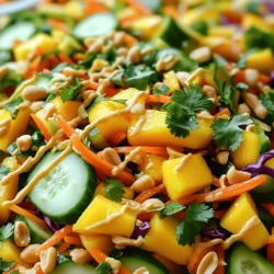To create a vibrant Thai Mango Salad, you need fresh ingredients. Here’s what you will need: - 2 ripe mangoes - 1 cup cucumber - 1 bell pepper (red or yellow) - 1 cup carrots - 1 cup red cabbage - 1/4 cup fresh cilantro - 1/4 cup roasted peanuts - 2 tablespoons lime juice - 1 tablespoon fish sauce or soy sauce - 1 tablespoon sesame oil - 1 tablespoon honey or agave syrup - 1 small red chili (optional) - Salt to taste Each ingredient adds a unique flavor and texture. Ripe mangoes bring sweetness, while cucumber adds crunch. Bell peppers add color, and carrots provide a nice bite. Red cabbage gives a lovely crunch and color. Fresh cilantro brings herbal notes, and roasted peanuts add depth. The dressing combines lime juice, fish sauce (or soy sauce), sesame oil, and honey (or agave syrup) to balance the flavors. You can add a red chili for spice if you like a little heat. Check out the Full Recipe for more details on preparing this delicious salad! - Peel and julienne mangoes and cucumber. - Slice the bell pepper thinly. - Shred carrots and red cabbage. Start by peeling the mangoes. Use a sharp knife to cut them into thin strips, called julienne. You want them to be the same size for even texture. Next, peel the cucumber and julienne it too. This adds a nice crunch. Thinly slice the bell pepper. You can use red or yellow for color. Finally, shred the carrots and red cabbage. These ingredients will make the salad bright and colorful. - Whisk lime juice, fish sauce (or soy sauce), sesame oil, and honey (or agave syrup). In a small bowl, add two tablespoons of lime juice. This gives the salad a fresh taste. Next, add one tablespoon of fish sauce or soy sauce, depending on your choice. Then, pour in one tablespoon of sesame oil for that nutty flavor. Finally, add one tablespoon of honey or agave syrup to balance the tanginess. Whisk all these ingredients together until smooth. If you want some heat, add a small red chili, finely sliced. - Combine all the vegetables and fruits in a large bowl. - Drizzle dressing over the salad and toss well. In a large mixing bowl, combine all the prepared vegetables and fruits. Gently toss them together to mix well. Next, drizzle the prepared dressing over the salad. Toss everything again until all the pieces are coated with the dressing. This ensures every bite is flavorful. - Allow salad to rest for 10 minutes. - Garnish with cilantro and roasted peanuts before serving. Let the salad sit for about 10 minutes. This resting time helps the flavors blend perfectly. Just before serving, sprinkle chopped cilantro and roasted peanuts on top. This adds a nice crunch and fresh aroma to your dish. Enjoy your Thai mango salad fresh and colorful! Using fresh lime juice makes your salad bright and zesty. Lime juice adds a fresh taste that lifts the flavors. You can also experiment with chili for heat. If you like spice, add thin slices of red chili. Start small, so you can control the heat level. Serve the salad in a large bowl or on individual plates. A large bowl allows guests to help themselves. Individual plates make it easy for serving. For garnishing, add extra cilantro leaves on top. A lime wedge on the side not only looks good but lets you add more lime juice if you want. When cutting ingredients, try to make them the same size. This helps the salad look nice and makes each bite even. Choose ripe mangoes for the best flavor. Look for mangoes that are slightly soft when you press them. They should smell sweet at the stem. Using the ripest mangoes gives your salad that perfect taste. For the full recipe, you can check [Full Recipe]. {{image_4}} You can change the veggies in the salad for more color and taste. Try using bell peppers or radishes. Both add a nice crunch and flavor. Bell peppers give a sweet touch, while radishes add spice. If you want to skip fish sauce, use soy sauce instead. Coconut aminos is another great vegan option. This keeps the salad tasty without losing the special umami flavor. Mango salad changes from one area of Thailand to another. In the north, people might add herbs like mint. In the south, you can find more seafood mixed in, like shrimp. Each region uses what is fresh and local. Outside Thailand, other countries have their own takes. In Vietnam, for example, they often add more herbs and a different dressing. This shows how mango salad can be a fun dish to explore around the world. You can easily change the spice in your salad. To make it mild, skip the red chili or use less. If you love heat, add more chili slices. You can also try different chili types for unique flavors. Remember, taste as you go! This way, you create the salad just right for you. To keep your Thai mango salad fresh, store it in an airtight container. This will help prevent moisture loss. Place the salad in the fridge right after serving. Try to eat any leftovers within two days. The salad is best when fresh, but it can last up to three days if stored well. For meal prep, you can make parts of the salad ahead of time. Prepare the mangoes, cucumbers, bell peppers, and carrots in advance. Store each ingredient separately in airtight containers. This way, you can quickly assemble the salad when you’re ready to eat. The chopped cilantro and peanuts can also be stored in small containers. Just mix everything together right before serving. Enjoy the freshness of your salad with ease! I recommend using ripe, sweet mangoes like Haden or Tommy Atkins. These mango varieties provide a nice balance of sweetness and tang. When choosing mangoes, look for ones that yield slightly to gentle pressure. This means they are ripe and ready for your salad. Using the right mango helps create a fresh and vibrant dish. Yes, you can make this salad ahead of time. However, I suggest preparing the dressing separately. Keep the salad fresh by mixing it just before serving. If you prepare it too early, the veggies can become soggy. Aim to make this salad within a few hours of serving for the best taste. Absolutely! To make this salad gluten-free, just use gluten-free soy sauce. Many brands offer gluten-free options that taste great. Always check the label to ensure there are no hidden gluten ingredients. This way, everyone can enjoy this delicious salad without worry. This salad pairs well with grilled chicken or shrimp. You can also serve it with rice dishes like jasmine rice or fried rice. It adds bright flavors to any meal. For a light lunch, enjoy it with spring rolls or a fresh soup. The full recipe yields about four servings. Each serving is generous, so it works well for sharing. If you’re feeding a crowd, feel free to double the recipe. You'll have a colorful and tasty dish that everyone will love! This Thai mango salad combines fresh ingredients for a vibrant dish. You start with ripe mangoes, crunchy cucumbers, and colorful veggies. The dressing brings it all together, making each bite delicious. Remember to let it rest before serving, and feel free to customize based on your taste. In the end, this salad is not just tasty; it’s easy to prepare and share. Enjoy making it your own by substituting ingredients or adjusting the spice level. With these tips, you're ready to impress at any meal!