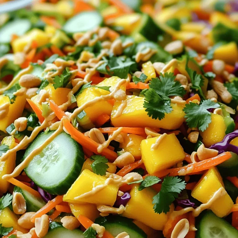 To create a vibrant Thai Mango Salad, you need fresh ingredients. Here’s what you will need: - 2 ripe mangoes - 1 cup cucumber - 1 bell pepper (red or yellow) - 1 cup carrots - 1 cup red cabbage - 1/4 cup fresh cilantro - 1/4 cup roasted peanuts - 2 tablespoons lime juice - 1 tablespoon fish sauce or soy sauce - 1 tablespoon sesame oil - 1 tablespoon honey or agave syrup - 1 small red chili (optional) - Salt to taste Each ingredient adds a unique flavor and texture. Ripe mangoes bring sweetness, while cucumber adds crunch. Bell peppers add color, and carrots provide a nice bite. Red cabbage gives a lovely crunch and color. Fresh cilantro brings herbal notes, and roasted peanuts add depth. The dressing combines lime juice, fish sauce (or soy sauce), sesame oil, and honey (or agave syrup) to balance the flavors. You can add a red chili for spice if you like a little heat. Check out the Full Recipe for more details on preparing this delicious salad! - Peel and julienne mangoes and cucumber. - Slice the bell pepper thinly. - Shred carrots and red cabbage. Start by peeling the mangoes. Use a sharp knife to cut them into thin strips, called julienne. You want them to be the same size for even texture. Next, peel the cucumber and julienne it too. This adds a nice crunch. Thinly slice the bell pepper. You can use red or yellow for color. Finally, shred the carrots and red cabbage. These ingredients will make the salad bright and colorful. - Whisk lime juice, fish sauce (or soy sauce), sesame oil, and honey (or agave syrup). In a small bowl, add two tablespoons of lime juice. This gives the salad a fresh taste. Next, add one tablespoon of fish sauce or soy sauce, depending on your choice. Then, pour in one tablespoon of sesame oil for that nutty flavor. Finally, add one tablespoon of honey or agave syrup to balance the tanginess. Whisk all these ingredients together until smooth. If you want some heat, add a small red chili, finely sliced. - Combine all the vegetables and fruits in a large bowl. - Drizzle dressing over the salad and toss well. In a large mixing bowl, combine all the prepared vegetables and fruits. Gently toss them together to mix well. Next, drizzle the prepared dressing over the salad. Toss everything again until all the pieces are coated with the dressing. This ensures every bite is flavorful. - Allow salad to rest for 10 minutes. - Garnish with cilantro and roasted peanuts before serving. Let the salad sit for about 10 minutes. This resting time helps the flavors blend perfectly. Just before serving, sprinkle chopped cilantro and roasted peanuts on top. This adds a nice crunch and fresh aroma to your dish. Enjoy your Thai mango salad fresh and colorful! Using fresh lime juice makes your salad bright and zesty. Lime juice adds a fresh taste that lifts the flavors. You can also experiment with chili for heat. If you like spice, add thin slices of red chili. Start small, so you can control the heat level. Serve the salad in a large bowl or on individual plates. A large bowl allows guests to help themselves. Individual plates make it easy for serving. For garnishing, add extra cilantro leaves on top. A lime wedge on the side not only looks good but lets you add more lime juice if you want. When cutting ingredients, try to make them the same size. This helps the salad look nice and makes each bite even. Choose ripe mangoes for the best flavor. Look for mangoes that are slightly soft when you press them. They should smell sweet at the stem. Using the ripest mangoes gives your salad that perfect taste. For the full recipe, you can check [Full Recipe]. {{image_4}} You can change the veggies in the salad for more color and taste. Try using bell peppers or radishes. Both add a nice crunch and flavor. Bell peppers give a sweet touch, while radishes add spice. If you want to skip fish sauce, use soy sauce instead. Coconut aminos is another great vegan option. This keeps the salad tasty without losing the special umami flavor. Mango salad changes from one area of Thailand to another. In the north, people might add herbs like mint. In the south, you can find more seafood mixed in, like shrimp. Each region uses what is fresh and local. Outside Thailand, other countries have their own takes. In Vietnam, for example, they often add more herbs and a different dressing. This shows how mango salad can be a fun dish to explore around the world. You can easily change the spice in your salad. To make it mild, skip the red chili or use less. If you love heat, add more chili slices. You can also try different chili types for unique flavors. Remember, taste as you go! This way, you create the salad just right for you. To keep your Thai mango salad fresh, store it in an airtight container. This will help prevent moisture loss. Place the salad in the fridge right after serving. Try to eat any leftovers within two days. The salad is best when fresh, but it can last up to three days if stored well. For meal prep, you can make parts of the salad ahead of time. Prepare the mangoes, cucumbers, bell peppers, and carrots in advance. Store each ingredient separately in airtight containers. This way, you can quickly assemble the salad when you’re ready to eat. The chopped cilantro and peanuts can also be stored in small containers. Just mix everything together right before serving. Enjoy the freshness of your salad with ease! I recommend using ripe, sweet mangoes like Haden or Tommy Atkins. These mango varieties provide a nice balance of sweetness and tang. When choosing mangoes, look for ones that yield slightly to gentle pressure. This means they are ripe and ready for your salad. Using the right mango helps create a fresh and vibrant dish. Yes, you can make this salad ahead of time. However, I suggest preparing the dressing separately. Keep the salad fresh by mixing it just before serving. If you prepare it too early, the veggies can become soggy. Aim to make this salad within a few hours of serving for the best taste. Absolutely! To make this salad gluten-free, just use gluten-free soy sauce. Many brands offer gluten-free options that taste great. Always check the label to ensure there are no hidden gluten ingredients. This way, everyone can enjoy this delicious salad without worry. This salad pairs well with grilled chicken or shrimp. You can also serve it with rice dishes like jasmine rice or fried rice. It adds bright flavors to any meal. For a light lunch, enjoy it with spring rolls or a fresh soup. The full recipe yields about four servings. Each serving is generous, so it works well for sharing. If you’re feeding a crowd, feel free to double the recipe. You'll have a colorful and tasty dish that everyone will love! This Thai mango salad combines fresh ingredients for a vibrant dish. You start with ripe mangoes, crunchy cucumbers, and colorful veggies. The dressing brings it all together, making each bite delicious. Remember to let it rest before serving, and feel free to customize based on your taste. In the end, this salad is not just tasty; it’s easy to prepare and share. Enjoy making it your own by substituting ingredients or adjusting the spice level. With these tips, you're ready to impress at any meal!