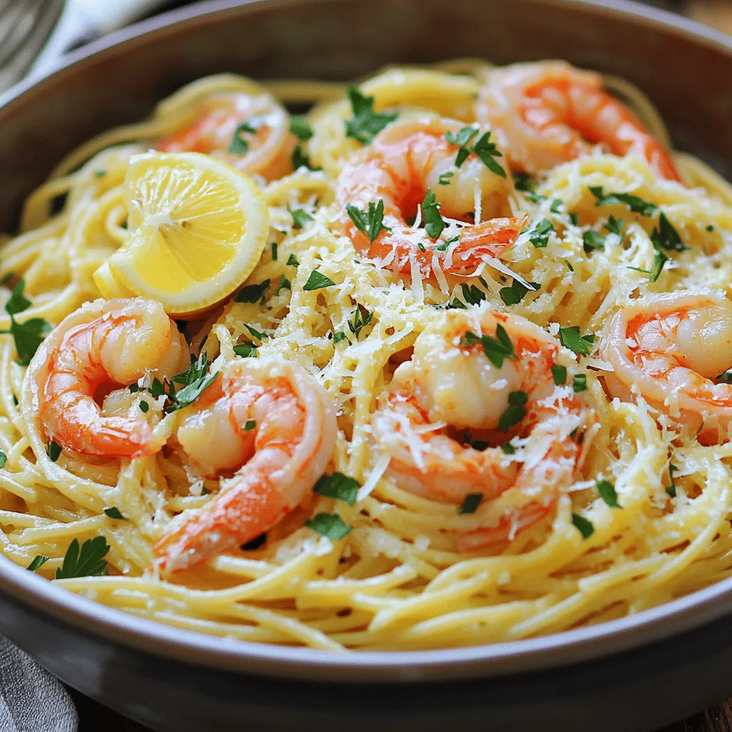 Garlic Butter Shrimp Pasta is a simple yet tasty meal. It takes about 25 minutes to make. This dish serves four people. You can find the full recipe below to guide you. To make this dish, you need a few key ingredients: - 8 oz spaghetti or linguine - 1 lb large shrimp, peeled and deveined - 4 cloves garlic, finely minced - 1/2 cup unsalted butter - 1/4 teaspoon red pepper flakes (optional) - 1/2 cup chicken broth or seafood broth - 1 tablespoon fresh lemon juice - 1/4 cup fresh parsley, finely chopped - Salt and pepper, to taste - Grated Parmesan cheese, for serving These ingredients create a rich and flavorful pasta that shines. The large shrimp bring a sweet taste, while garlic adds depth. Butter forms a creamy base for the sauce. You can add a few optional ingredients to amp up the flavor: - Fresh herbs like basil or thyme - Cherry tomatoes for a juicy burst - A splash of white wine for extra richness These extras can change the taste and make your dish unique. Feel free to experiment and find what you like best! Start by bringing a large pot of salted water to a boil. Use about 4 quarts of water for 8 ounces of pasta. Add the spaghetti or linguine and cook it until it is just al dente. This usually takes about 8 to 10 minutes. Make sure to check the package for exact times. Once cooked, drain the pasta but save about 1/2 cup of the pasta water. This water will help your sauce later. In a large skillet, melt 1/2 cup of unsalted butter over medium heat. Once it's melted, add 4 cloves of finely minced garlic. If you like a little heat, toss in 1/4 teaspoon of red pepper flakes. Stir everything for about 1 minute. You want the garlic to smell great but not turn brown. Then, add 1 pound of peeled and deveined shrimp to the skillet. Season the shrimp with salt and pepper. Cook them for about 2 to 3 minutes on each side. They should turn pink and opaque. Once they are cooked, take them out of the skillet and set them aside. In the same skillet, pour in 1/2 cup of chicken broth and 1 tablespoon of fresh lemon juice. Bring this mix to a gentle simmer. Scrape any tasty bits from the skillet. Let it cook for about 2 to 3 minutes. This helps the flavors blend well. Now, add the drained pasta to the skillet. Toss it well in the garlic butter sauce. If the pasta looks dry, add some of the reserved pasta water until it’s creamy. Return the shrimp to the skillet and mix everything gently. Finally, stir in 1/4 cup of finely chopped parsley for a fresh touch. For the full recipe, check out [Full Recipe]. To make your garlic butter shrimp pasta truly shine, focus on fresh ingredients. Fresh shrimp adds a sweet taste. Fresh garlic gives a strong, bold flavor. Use high-quality pasta for the best texture. Choose spaghetti or linguine; both work well. A good rule is to cook pasta al dente. This keeps it firm and helps it hold the sauce better. Overcooked shrimp can become rubbery and tough. To avoid this, cook them just until they turn pink. This usually takes about 2-3 minutes per side. Remove them from heat as soon as they are opaque. If you’re unsure, use a timer. Timing is key for perfectly cooked shrimp. Mistakes happen in the kitchen. If your pasta seems dry, add a little reserved pasta water. This helps loosen the dish without losing flavor. If you over-salt your sauce, add a bit of sugar. This can balance the saltiness. For a lack of flavor, fresh herbs or lemon juice can brighten the dish. Don’t hesitate to adjust and taste as you go. Cooking should be fun and creative! For the full recipe, check out the [Full Recipe]. {{image_4}} To spice things up, you can add more heat. Use more red pepper flakes or fresh chili peppers. This change gives a bold kick. You can also try hot sauce for an even stronger flavor. This variation works well with the garlic butter sauce. It adds depth and excitement to your meal. If you enjoy creamy pasta, this variation is for you. Add heavy cream or cream cheese to the garlic butter sauce. This makes the dish rich and smooth. You can also use a splash of milk for a lighter option. Pair it with a sprinkle of grated cheese for extra flavor. This creamy version is comforting and filling. You can create a vegetarian version too. Replace shrimp with sautéed mushrooms or zucchini. Cook them in the same garlic butter sauce. This keeps the dish flavorful and hearty. You can add spinach or cherry tomatoes for freshness. This adaptation shows that everyone can enjoy garlic butter pasta! To store leftover garlic butter shrimp pasta, let it cool first. Place it in an airtight container. Make sure to seal the container well to keep out air. Store it in the fridge for up to three days. If you need to keep it longer, consider freezing it. When you reheat garlic butter shrimp pasta, do it slowly. Use a pan on low heat. Add a splash of chicken broth or water to keep it moist. Stir gently until heated through. You can also use the microwave. Heat in short bursts, stirring in between. This way, the pasta stays tender. If you want to freeze your garlic butter shrimp pasta, portion it first. Use freezer-safe bags or containers. Remove as much air as possible before sealing. Label the bag with the date. You can freeze it for up to three months. When you’re ready to eat, thaw it in the fridge overnight. Reheat it using the methods above for the best taste. For the full recipe, check out the detailed steps! Yes, you can use frozen shrimp. Just thaw them first. Place the shrimp in cold water for about 15 minutes. This helps them defrost safely. Once thawed, pat them dry before cooking. This prevents extra water from making the dish soggy. If you want a butter substitute, try olive oil or ghee. Both give a nice flavor. Coconut oil works too, but it adds a different taste. You can also use vegan butter for a dairy-free option. Adjust the amount based on your taste preference. To reduce saltiness, use low-sodium broth. You can also skip adding extra salt. If you find it too salty after cooking, add more pasta. This will help balance the flavors. Adding more parsley or lemon juice can also brighten the dish without more salt. Spaghetti and linguine are great choices. They catch the sauce well. You can also try fettuccine or tagliatelle for a thicker bite. Use any pasta you enjoy. The key is to cook it al dente for the best texture. Check the package for cooking times to avoid overcooking. This blog post covered all you need for Garlic Butter Shrimp Pasta. We looked at key ingredients and exciting options to enhance the flavor. I shared step-by-step instructions for cooking and tips to avoid mistakes. You can even explore tasty variations, from spicy to creamy. Plus, there’s great info on storing leftovers. Remember, this dish is easy to customize. Enjoy making it your own!