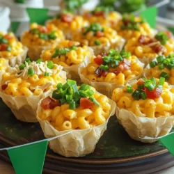 - 2 cups elbow macaroni - 2 tablespoons unsalted butter - 2 cups whole milk These main ingredients form the base of our loaded mac and cheese. The elbow macaroni gives a nice bite. The butter adds richness, while whole milk makes the sauce creamy. - 2 cups shredded sharp cheddar cheese - 1 cup cooked chicken, shredded - 1/2 cup cooked bacon bits (optional) For flavor, I love using sharp cheddar cheese. It gives a strong, tasty kick. Adding shredded chicken makes it filling, while bacon bits add a smoky crunch. If you don’t like bacon, you can skip it. - 1/4 cup green onions, finely chopped - 1 teaspoon garlic powder - Optional toppings: diced tomatoes, jalapeños Garnishes bring extra color and taste. Green onions add freshness, and garlic powder boosts flavor. You can also sprinkle on diced tomatoes or jalapeños for some spice. These extras make each bite exciting. For the full recipe, see the section below. 1. Cooking elbow macaroni: Start by boiling water in a large pot. Once it’s boiling, add 2 cups of elbow macaroni. Cook it according to the package directions. You want it to be al dente, so check it a minute early. After cooking, drain the macaroni in a colander and set it aside. 2. Creating the cheese sauce: In the same pot, lower the heat to medium. Add 2 tablespoons of unsalted butter. Let it melt completely. Then, whisk in 2 tablespoons of all-purpose flour. Stir this mix for about a minute. You want to cook it until it bubbles a bit. This helps to remove the raw flour taste. Now, slowly pour in 2 cups of whole milk while whisking. Keep cooking for 2-3 minutes. You want the mix to thicken into a creamy sauce. Stir in 2 cups of shredded sharp cheddar cheese, 1 teaspoon of garlic powder, salt, and pepper. Keep stirring until the cheese melts and the sauce is smooth. Finally, gently fold in the drained macaroni, 1 cup of shredded chicken, and 1/2 cup of cooked bacon bits if you’re using them. Add half of the chopped green onions too. 1. Filling mini phyllo pastry cups: Grab your package of mini phyllo pastry cups. Using a spoon, carefully fill each cup with the macaroni and cheese mix. Make sure to pack it a little to fit well. 2. Packing technique for best results: Packing is key! Press down gently so the mixture holds together. This helps each cup stay intact when baked and makes them easier to serve. 1. Preheating the oven: Preheat your oven to 350°F (175°C). This step is important for even cooking. 2. Baking times and indicators for doneness: Place the filled cups on a baking sheet. Bake them for 15-20 minutes. You’ll know they are done when the tops are golden brown and bubbling. Once they are ready, carefully remove them from the oven. Let them cool for a few minutes before serving. Don’t forget to check out the Full Recipe for more details! To make a smooth and creamy cheese sauce, start with fresh ingredients. Use high-quality cheese, as it melts better. Warm your milk before adding it to the butter and flour mixture. This helps create a silky sauce. Stir constantly as you add cheese to avoid clumps. Never rush this step; patience is key. Common pitfalls with melting cheese include using low-fat options. They often don't melt well. Also, avoid overheating the cheese. This can make it grainy. If your sauce gets too thick, add a splash of milk to loosen it up. For maximum appeal, arrange your football cups on a large platter. Create a fun football field look with fresh herbs. You can add little flags to enhance the game day vibe. Stack the cups in groups of three for a great look. Garnishing adds flair. Consider topping with extra cheese or chopped green onions. Diced tomatoes and jalapeños also bring color and flavor. Choose fun toppings to make each cup unique. You can prepare these cups in advance. Make your macaroni and cheese and fill the cups. Store them in the fridge until game day. Just bake them when you’re ready to serve. This saves time and stress. For ideal pairings, serve with crispy potato chips or soft pretzels. A fresh veggie platter adds a nice crunch. You can also offer dips like ranch or salsa. These snacks complement the creamy mac and cheese perfectly. For the full recipe, check out the loaded mac and cheese football cups. {{image_4}} You can change the flavor of your Loaded Mac and Cheese Football Cups easily. Here are some great ideas: - Different cheese options: Try using gouda, mozzarella, or pepper jack cheese. Each cheese adds its unique taste and texture. Mixing cheeses is also a fun way to play with flavors. - Adding vegetables to the mix: You can sneak in some veggies for added nutrition. Try spinach, bell peppers, or broccoli. They blend well with the cheese and add color to your cups. If you have dietary needs, you can still enjoy these tasty cups. Here’s how: - Making it gluten-free: Use gluten-free pasta and a gluten-free flour mix in your cheese sauce. This way, you can enjoy the same creamy goodness without the gluten. - Vegetarian alternatives: Skip the chicken and bacon if you want a veggie version. You can add more veggies or even some lentils for protein. This keeps it hearty and satisfying. You can adapt these cups for any sports event or holiday. Here are a few fun ideas: - How to adapt for different sports events: Change the toppings to match your favorite team colors. Use blue cheese for a blue team or add red peppers for a red team. - Holiday-themed versions: For Halloween, use pumpkin puree in your cheese sauce. In winter, sprinkle some nutmeg on top for a festive twist. This makes your game day fun and seasonal! Try these variations to make your Loaded Mac and Cheese Football Cups even more exciting. For the complete recipe, check out the [Full Recipe]. To keep your loaded mac and cheese cups fresh, follow these tips: - Store leftovers in airtight containers. This keeps them fresh longer. - Avoid using the original packaging. It may not seal tightly. - Let the cups cool completely before storing them. This prevents moisture buildup. Reheating your mac and cheese cups can be easy. Here are some methods: - Use the oven for the best texture. Preheat it to 350°F (175°C) and bake for about 10-15 minutes. - You can also use the microwave. Place a cup on a plate, cover it with a damp paper towel, and heat for 1-2 minutes. - To avoid sogginess, do not overheat. Check them often as they warm. Freezing your loaded cups is a great option for later. Here’s how: - Place the cooled cups in a single layer on a tray. Freeze them for a couple of hours. - Once frozen, move them to a freezer bag. This saves space and keeps them fresh. - For thawing, move the cups to the fridge overnight. Reheat them in the oven for the best results. You can enjoy these tasty treats anytime! For the complete recipe, check out the Full Recipe section. Yes, you can use other pasta shapes. Try using shells, penne, or fusilli. These shapes hold cheese sauce well. They also add fun textures to your dish. Just remember to cook them until they are al dente. You want them firm enough to fill the cups without breaking. The football cups stay fresh for about three to four days in the fridge. Store them in an airtight container to keep them from drying out. Before serving, reheat them in the oven. This helps restore their crisp texture and cheesy goodness. Yes, you can make these cups gluten-free. Use gluten-free elbow macaroni instead of regular pasta. For the cheese sauce, substitute all-purpose flour with gluten-free flour. This keeps the sauce thick and creamy. Always check labels for any hidden gluten ingredients. Serve these cups on a large platter for a fun display. You can arrange them in rows or create a football field design. Use fresh herbs or decorative flags to enhance the look. Place some extra toppings nearby for guests to customize their cups. This makes it easy and fun for everyone. To add heat, mix in some diced jalapeños or hot sauce into the cheese sauce. You can also sprinkle some cayenne pepper for a kick. Adding pepper jack cheese instead of cheddar gives a nice spicy flavor too. Adjust the spice level based on your taste. Enjoy experimenting with flavors! For the full recipe, check out Loaded Mac and Cheese Football Cups. Loaded mac and cheese football cups are fun and tasty for any game day. We talked about the main ingredients, how to prepare them, and tips to make them shine. Remember, you can customize the flavors and make them fit your crowd's needs. Whether you want spicy or gluten-free options, there’s a version for everyone. Get ready to impress your friends and family with this easy recipe. Enjoy the game and your delicious snacks!