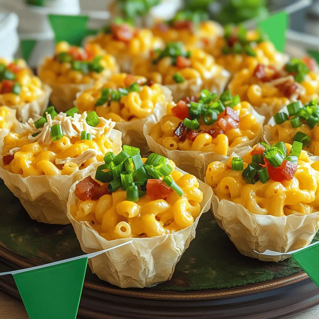 - 2 cups elbow macaroni - 2 tablespoons unsalted butter - 2 cups whole milk These main ingredients form the base of our loaded mac and cheese. The elbow macaroni gives a nice bite. The butter adds richness, while whole milk makes the sauce creamy. - 2 cups shredded sharp cheddar cheese - 1 cup cooked chicken, shredded - 1/2 cup cooked bacon bits (optional) For flavor, I love using sharp cheddar cheese. It gives a strong, tasty kick. Adding shredded chicken makes it filling, while bacon bits add a smoky crunch. If you don’t like bacon, you can skip it. - 1/4 cup green onions, finely chopped - 1 teaspoon garlic powder - Optional toppings: diced tomatoes, jalapeños Garnishes bring extra color and taste. Green onions add freshness, and garlic powder boosts flavor. You can also sprinkle on diced tomatoes or jalapeños for some spice. These extras make each bite exciting. For the full recipe, see the section below. 1. Cooking elbow macaroni: Start by boiling water in a large pot. Once it’s boiling, add 2 cups of elbow macaroni. Cook it according to the package directions. You want it to be al dente, so check it a minute early. After cooking, drain the macaroni in a colander and set it aside. 2. Creating the cheese sauce: In the same pot, lower the heat to medium. Add 2 tablespoons of unsalted butter. Let it melt completely. Then, whisk in 2 tablespoons of all-purpose flour. Stir this mix for about a minute. You want to cook it until it bubbles a bit. This helps to remove the raw flour taste. Now, slowly pour in 2 cups of whole milk while whisking. Keep cooking for 2-3 minutes. You want the mix to thicken into a creamy sauce. Stir in 2 cups of shredded sharp cheddar cheese, 1 teaspoon of garlic powder, salt, and pepper. Keep stirring until the cheese melts and the sauce is smooth. Finally, gently fold in the drained macaroni, 1 cup of shredded chicken, and 1/2 cup of cooked bacon bits if you’re using them. Add half of the chopped green onions too. 1. Filling mini phyllo pastry cups: Grab your package of mini phyllo pastry cups. Using a spoon, carefully fill each cup with the macaroni and cheese mix. Make sure to pack it a little to fit well. 2. Packing technique for best results: Packing is key! Press down gently so the mixture holds together. This helps each cup stay intact when baked and makes them easier to serve. 1. Preheating the oven: Preheat your oven to 350°F (175°C). This step is important for even cooking. 2. Baking times and indicators for doneness: Place the filled cups on a baking sheet. Bake them for 15-20 minutes. You’ll know they are done when the tops are golden brown and bubbling. Once they are ready, carefully remove them from the oven. Let them cool for a few minutes before serving. Don’t forget to check out the Full Recipe for more details! To make a smooth and creamy cheese sauce, start with fresh ingredients. Use high-quality cheese, as it melts better. Warm your milk before adding it to the butter and flour mixture. This helps create a silky sauce. Stir constantly as you add cheese to avoid clumps. Never rush this step; patience is key. Common pitfalls with melting cheese include using low-fat options. They often don't melt well. Also, avoid overheating the cheese. This can make it grainy. If your sauce gets too thick, add a splash of milk to loosen it up. For maximum appeal, arrange your football cups on a large platter. Create a fun football field look with fresh herbs. You can add little flags to enhance the game day vibe. Stack the cups in groups of three for a great look. Garnishing adds flair. Consider topping with extra cheese or chopped green onions. Diced tomatoes and jalapeños also bring color and flavor. Choose fun toppings to make each cup unique. You can prepare these cups in advance. Make your macaroni and cheese and fill the cups. Store them in the fridge until game day. Just bake them when you’re ready to serve. This saves time and stress. For ideal pairings, serve with crispy potato chips or soft pretzels. A fresh veggie platter adds a nice crunch. You can also offer dips like ranch or salsa. These snacks complement the creamy mac and cheese perfectly. For the full recipe, check out the loaded mac and cheese football cups. {{image_4}} You can change the flavor of your Loaded Mac and Cheese Football Cups easily. Here are some great ideas: - Different cheese options: Try using gouda, mozzarella, or pepper jack cheese. Each cheese adds its unique taste and texture. Mixing cheeses is also a fun way to play with flavors. - Adding vegetables to the mix: You can sneak in some veggies for added nutrition. Try spinach, bell peppers, or broccoli. They blend well with the cheese and add color to your cups. If you have dietary needs, you can still enjoy these tasty cups. Here’s how: - Making it gluten-free: Use gluten-free pasta and a gluten-free flour mix in your cheese sauce. This way, you can enjoy the same creamy goodness without the gluten. - Vegetarian alternatives: Skip the chicken and bacon if you want a veggie version. You can add more veggies or even some lentils for protein. This keeps it hearty and satisfying. You can adapt these cups for any sports event or holiday. Here are a few fun ideas: - How to adapt for different sports events: Change the toppings to match your favorite team colors. Use blue cheese for a blue team or add red peppers for a red team. - Holiday-themed versions: For Halloween, use pumpkin puree in your cheese sauce. In winter, sprinkle some nutmeg on top for a festive twist. This makes your game day fun and seasonal! Try these variations to make your Loaded Mac and Cheese Football Cups even more exciting. For the complete recipe, check out the [Full Recipe]. To keep your loaded mac and cheese cups fresh, follow these tips: - Store leftovers in airtight containers. This keeps them fresh longer. - Avoid using the original packaging. It may not seal tightly. - Let the cups cool completely before storing them. This prevents moisture buildup. Reheating your mac and cheese cups can be easy. Here are some methods: - Use the oven for the best texture. Preheat it to 350°F (175°C) and bake for about 10-15 minutes. - You can also use the microwave. Place a cup on a plate, cover it with a damp paper towel, and heat for 1-2 minutes. - To avoid sogginess, do not overheat. Check them often as they warm. Freezing your loaded cups is a great option for later. Here’s how: - Place the cooled cups in a single layer on a tray. Freeze them for a couple of hours. - Once frozen, move them to a freezer bag. This saves space and keeps them fresh. - For thawing, move the cups to the fridge overnight. Reheat them in the oven for the best results. You can enjoy these tasty treats anytime! For the complete recipe, check out the Full Recipe section. Yes, you can use other pasta shapes. Try using shells, penne, or fusilli. These shapes hold cheese sauce well. They also add fun textures to your dish. Just remember to cook them until they are al dente. You want them firm enough to fill the cups without breaking. The football cups stay fresh for about three to four days in the fridge. Store them in an airtight container to keep them from drying out. Before serving, reheat them in the oven. This helps restore their crisp texture and cheesy goodness. Yes, you can make these cups gluten-free. Use gluten-free elbow macaroni instead of regular pasta. For the cheese sauce, substitute all-purpose flour with gluten-free flour. This keeps the sauce thick and creamy. Always check labels for any hidden gluten ingredients. Serve these cups on a large platter for a fun display. You can arrange them in rows or create a football field design. Use fresh herbs or decorative flags to enhance the look. Place some extra toppings nearby for guests to customize their cups. This makes it easy and fun for everyone. To add heat, mix in some diced jalapeños or hot sauce into the cheese sauce. You can also sprinkle some cayenne pepper for a kick. Adding pepper jack cheese instead of cheddar gives a nice spicy flavor too. Adjust the spice level based on your taste. Enjoy experimenting with flavors! For the full recipe, check out Loaded Mac and Cheese Football Cups. Loaded mac and cheese football cups are fun and tasty for any game day. We talked about the main ingredients, how to prepare them, and tips to make them shine. Remember, you can customize the flavors and make them fit your crowd's needs. Whether you want spicy or gluten-free options, there’s a version for everyone. Get ready to impress your friends and family with this easy recipe. Enjoy the game and your delicious snacks!