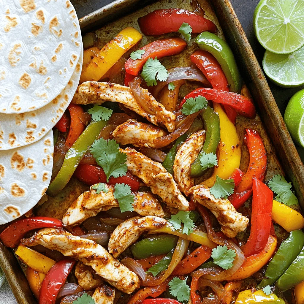 - 1 pound chicken breast, sliced into thin strips - 3 bell peppers (red, yellow, green), sliced into strips - 1 large onion, sliced into wedges - Chili powder - Ground cumin - Smoked paprika - Garlic powder - Onion powder - 3 tablespoons olive oil - 1/2 teaspoon salt - 1/4 teaspoon black pepper - Warm tortillas - Lime wedges - Fresh cilantro for garnish When making easy sheet pan fajitas, you need fresh, vibrant ingredients. The chicken breast gives your dish a protein boost. I love using a mix of red, yellow, and green bell peppers. They add color and sweetness. The onion provides a nice flavor, too. The spice and seasoning mix is key. Chili powder and cumin bring warmth. Smoked paprika adds a fun, smoky taste. Garlic powder and onion powder round out the flavors. A drizzle of olive oil helps blend everything and keeps it moist. For serving, warm tortillas are a must. They hold the fajitas, making every bite delightful. Fresh lime wedges add a zesty kick. And don’t forget cilantro! It adds a fresh touch to the dish. For the full recipe, check out the complete guide. - Preheat the oven to 400°F (200°C). - Line a large sheet pan with parchment paper or foil. This setup makes cleanup easy. It also helps the fajitas cook evenly. A hot oven gives you great flavors. - Mix chicken and vegetables in a bowl. - Whisk together the spice-infused olive oil. In a big bowl, add sliced chicken, red, yellow, and green peppers, and onion. This mix brings color and crunch. In another small bowl, whisk olive oil with chili powder, cumin, smoked paprika, garlic powder, onion powder, salt, and black pepper. This spice blend brings out the best flavors. - Toss the mixture together and spread on the sheet pan. - Bake for 20-25 minutes, stirring halfway through for even cooking. Drizzle the spice mix over the chicken and veggies. Toss well to coat everything. Spread it out on the prepared sheet pan, making sure it's in one layer. Bake for 20-25 minutes. Stir halfway for even cooking. The chicken should reach 165°F (74°C). Enjoy the nice smell as it cooks! For the full recipe, don’t hesitate to check it out. To get the best flavor, coat your chicken and veggies well. Mix the spices with olive oil before adding to the food. This way, every bite bursts with taste. Toss the chicken and veggies until they are fully covered in the spice mix. This ensures even cooking and a great flavor. For chicken, the safe temperature is 165°F (74°C). Use a meat thermometer to check this. This helps you avoid undercooking, which can lead to food safety issues. Remove the chicken from the oven as soon as it reaches this temperature. Serve warm tortillas in a lovely stack. It makes your meal look inviting. You can use a colorful serving platter for a nice touch. Lay the tortillas next to the fajitas for easy access. Add lime wedges to the plate for a zesty finish. Guests can squeeze fresh lime over their fajitas. This adds brightness and enhances the flavors. A sprinkle of fresh cilantro adds a nice pop of color too. Cooking time can change based on how thick the chicken strips are. Thinner strips cook faster, while thicker strips take longer. Keep an eye on them to avoid overcooking. If you want to serve a larger crowd, you can double the recipe. Just make sure to use two sheet pans. If you have fewer people, you can cut the recipe in half. Adjust the cooking time as needed to ensure everything cooks evenly. For the full recipe, you can refer to the original instructions provided. {{image_4}} You can switch up the protein in your sheet pan fajitas. If you love shrimp, use one pound of peeled and deveined shrimp. Shrimp cooks fast, so check for doneness after 10 minutes. For beef lovers, thinly slice flank steak and replace the chicken. Beef adds a rich taste that pairs well with the spices. Want a vegetarian option? Use one pound of firm tofu, cut into strips. Tofu absorbs flavors well, making it a tasty choice. Feel free to get creative with veggies. You can use seasonal options like zucchini or mushrooms. Zucchini adds a nice crunch, while mushrooms create a savory depth. Try adding corn for sweetness or cherry tomatoes for a burst of flavor. If you love greens, toss in some spinach or kale during the last few minutes of baking. This keeps them fresh and vibrant. To spice things up, add sliced jalapeños for heat. They bring a kick that many enjoy. If you prefer less spice, skip them or use mild peppers. Adding fresh herbs like cilantro or parsley can brighten the dish. You can also try different spices like oregano or cayenne pepper for a unique twist. Consider using a splash of lime juice before serving for extra zest. You can find the full recipe for these easy sheet pan fajitas [Full Recipe]. After enjoying your delicious sheet pan fajitas, store the leftovers right away. Place them in an airtight container. This keeps them fresh and tasty. Make sure to cool the fajitas to room temperature before sealing. In the fridge, they stay good for about three to four days. When you’re ready to eat again, you can reheat them. The oven works best for this. Preheat to 350°F (175°C). Spread the fajitas on a baking sheet. Heat for about 10-15 minutes until warm. This keeps the flavors intact. If you're in a hurry, the microwave is a quick option. Use a microwave-safe dish and cover it. Heat in short bursts, stirring in between, until warm. If you want to save fajitas for later, freezing is a great choice. First, let them cool completely. Then, divide them into portions. Use freezer-safe bags or containers to store. Remove as much air as possible to avoid freezer burn. They will last for about two to three months in the freezer. When you’re ready to eat them, you need to thaw them. The best way is to move them to the fridge for a few hours or overnight. If you’re in a rush, you can use the microwave to defrost. Once thawed, reheat them in the oven or microwave until hot. Leftover fajitas can last in the fridge for three to four days. If you freeze them, they can stay good for two to three months. Always check for any signs of spoilage, like off smells or changes in texture. Proper storage helps keep your fajitas fresh and safe to eat. Enjoy your flavorful meal anytime you want! For the full recipe, check out the earlier section. Yes, you can use frozen chicken. It saves time and is easy to work with. Here’s how to cook it: - Preheat your oven to 400°F (200°C). - Just like fresh chicken, use the same spices and veggies. - Spread everything on the sheet pan. - Bake for 30-35 minutes, checking for an internal temperature of 165°F (74°C). Cooking from frozen may add a few more minutes. Just keep an eye on it. Sheet pan fajitas are great on their own, but sides make them even better! Here are some ideas: - Spanish rice adds a nice touch. - Black beans offer protein and fiber. - Guacamole gives a creamy flavor. - Fresh salsa adds a punch of zest. - A side salad freshens up the meal. You can mix and match to find your favorite combo! Yes, you can prep ahead! Here are some tips: - Slice the chicken and veggies the night before. - Store them in the fridge in airtight containers. - Mix the spices in a small bowl and keep it handy. - When you're ready, just toss everything together and bake. This way, dinner is quick and easy! Making vegetarian fajitas is simple. Swap the chicken for these options: - Use sliced bell peppers and zucchini. - Try portobello mushrooms for a meaty texture. - Add extra beans or tofu for protein. These swaps keep the fajitas tasty and filling! Yes, you can make it gluten-free! Here’s how: - Look for gluten-free tortillas at your store. - Check labels on condiments like salsa and guacamole. - Most spices are naturally gluten-free. You can enjoy fajitas without worry while staying on budget! This blog post covered easy and tasty sheet pan fajitas. You learned about key ingredients, cooking steps, and helpful tips. We explored variations to fit your taste and options for leftovers. My final thought is that these fajitas are versatile and fun to make. Try them with your favorite veggies or proteins. You can enjoy a delicious meal with family or friends any night. Get creative and enjoy every bite!