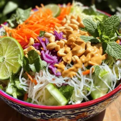- 1 cup rice vermicelli noodles - 1 cup shredded cabbage (your choice of green or purple) - 1 cup shredded carrots - 1 cup cucumber (cut into matchstick julienne) - 1 red bell pepper (thinly sliced) - 1/2 cup fresh mint leaves, chopped - 1/2 cup fresh cilantro, chopped - 1/2 cup green onions, sliced - 1/4 cup roasted peanuts, roughly chopped (for garnish) - Lime wedges (for serving) - 1/3 cup creamy peanut butter - 2 tablespoons soy sauce - 1 tablespoon rice vinegar - 1 tablespoon lime juice - 1 tablespoon honey or maple syrup - 1 teaspoon sriracha or chili paste (adjust according to your heat preference) - 2-3 tablespoons warm water (for thinning the sauce) This Spring Roll Salad with Peanut Sauce is a bright and fresh dish. The rice vermicelli noodles serve as the base. They are light and chewy, making them a great choice. The shredded cabbage and carrots add crunch and color. For preparation, the cucumber and red bell pepper enrich the salad with more textures. Fresh mint and cilantro bring a burst of flavor. They keep the salad vibrant and refreshing. The peanut sauce is the star of this dish. It combines creamy peanut butter with soy sauce for a savory kick. Rice vinegar and lime juice add a tangy twist. Honey or maple syrup balances the flavors with sweetness. You can adjust the spice level with sriracha or chili paste, making it as mild or hot as you like. This recipe provides a fun mix of tastes and textures. You can find the full recipe above to guide you through every step. Enjoy making this delightful and colorful salad! - Bring water to a boil. Start with a large pot. Fill it with water and heat it until it bubbles. - Cook rice vermicelli noodles. Add the noodles to the boiling water. Cook them for about 3-5 minutes. Follow the package instructions to avoid overcooking. - Drain and rinse under cold water. Once cooked, pour the noodles into a colander. Rinse them well under cold water. This stops the cooking process and keeps them from sticking. - Wash and shred cabbage and carrots. Rinse them under cold water and then shred them finely. This helps with texture and flavor. - Julienne the cucumber and red bell pepper. Cut the cucumber and bell pepper into thin matchstick strips. This adds crunch and color to your salad. - Chop mint, cilantro, and slice green onions. These herbs add freshness and flavor. Use a sharp knife for clean cuts. - Combine peanut butter and liquid ingredients. In a bowl, mix the creamy peanut butter with soy sauce, rice vinegar, lime juice, and honey or maple syrup. - Whisk until smooth and drizzle consistency achieved. Use a whisk to blend the ingredients. If the sauce is too thick, add warm water one tablespoon at a time. Aim for a pourable texture. You can find the full recipe with all the amazing details in the article above! To make the best peanut sauce, balance sweetness and spice. You can adjust the honey or maple syrup to add more sweetness. If you prefer heat, add more sriracha or chili paste. Start with a small amount and taste as you go. This way, you can control the flavor. For the right sauce consistency, mix peanut butter with warm water. Add one tablespoon at a time. Your goal is a pourable sauce, not too runny or thick. Whisk until smooth, and it will blend well with the salad. When mixing the salad, handle the noodles gently. This avoids breakage and keeps them intact. Use your hands or a soft spatula. Toss the salad lightly to combine all the ingredients evenly. Make sure to mix all the veggies and herbs well with the noodles. It helps to distribute flavors throughout the dish. A gentle touch goes a long way in keeping everything intact. To make your salad look stunning, serve it in bright, contrasting bowls. This makes the colors pop and grabs attention. You can use a white bowl to highlight vibrant veggies. Add a sprinkle of fresh herbs and chopped peanuts on top. This not only adds flavor but also makes it look appealing. A well-presented dish enhances the dining experience, so take your time! For more detailed steps, check the Full Recipe. {{image_4}} You can boost your Spring Roll Salad with proteins like grilled chicken, shrimp, or tofu. Grilled chicken adds a savory taste and pairs well with the crunchy veggies. Shrimp cooks fast and brings a sweet sea flavor. Tofu is a great choice for vegan diets. It absorbs flavors well and adds a nice texture. You can marinate tofu in soy sauce for extra taste. Feel free to customize your salad with seasonal veggies. In spring, use fresh radishes or snap peas for crunch. In summer, try adding zucchini or cherry tomatoes for a sweet bite. You can swap cabbage for kale or spinach for a different texture. If you can’t find bell peppers, use shredded beets or carrots instead. Add extra toppings or dressings to enhance flavors. Try crispy fried onions or sesame seeds for a delightful crunch. You can also sprinkle on fresh herbs like basil or dill. If you want more heat, add crushed red pepper flakes. For a twist, mix in a splash of coconut aminos instead of soy sauce. These changes make each bite exciting and unique. For the full recipe, check out the Spring Roll Salad Delight 🥗🥢. To keep your Spring Roll Salad fresh, store it in an airtight container. This helps prevent the salad from wilting. You can keep it in the fridge for up to three days. The peanut sauce can also be stored separately in the fridge for about one week. This way, the flavors stay bright and tasty. If you want to freeze the salad, it's best to freeze the ingredients separately. You can freeze the peanut sauce in an ice cube tray. This allows you to use only what you need later. For the salad, freeze the vegetables without the noodles. When you’re ready to eat, thaw everything overnight in the fridge. To reheat, gently warm the peanut sauce in a small pot on low heat. For the veggies, you can stir-fry them for a few minutes. This keeps them crisp and delicious. Preparing your ingredients in advance is smart. You can wash and chop all the veggies the day before. Store them in separate containers in the fridge. This saves time when you are ready to assemble your salad. When you're ready to enjoy your meal, just cook the noodles and toss everything together. This makes it easy to have fresh meals throughout the week. For the full recipe, check out the detailed steps above! Yes, you can make the peanut sauce ahead of time. Store it in an airtight container. Keep it in the fridge for up to one week. If you notice it thickening, add a little warm water to thin it out before using. If you can't find rice vermicelli noodles, try using other types of noodles. Thin rice noodles or even soba noodles work well. You can also use spiralized vegetables like zucchini for a fresh twist. Yes, this recipe is great for meal prep! Prepare the salad and sauce separately. Store them in airtight containers. This way, the salad stays fresh and crunchy. You can mix them together right before serving. This blog post covered fresh ingredients and step-by-step instructions for a flavorful salad. You learned about making a creamy peanut sauce and tips for perfecting it. We also explored variations to customize your dish and how to store leftovers. In conclusion, this salad is fun to make and easy to customize. Try different flavors and textures to suit your taste. Enjoy creating this dish for yourself and others!