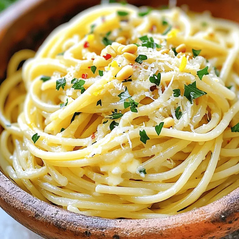 To make Garlic Parmesan Spaghetti, you will need the following ingredients: - 12 oz spaghetti - 4 tablespoons unsalted butter - 6 cloves garlic, finely minced - 1 teaspoon red pepper flakes - 1 cup freshly grated Parmesan cheese - 1/4 cup fresh parsley, finely chopped - Salt and black pepper - Zest and juice of 1 lemon - 1/4 cup toasted pine nuts (optional) These simple ingredients create a dish full of flavor. The spaghetti serves as the base, while garlic and butter bring richness. The Parmesan cheese adds a creamy touch. The lemon zest and juice brighten up the dish. Fresh parsley brings color and freshness. If you like a bit of heat, red pepper flakes do the trick. Pine nuts add a nice crunch but are optional. Be sure to use fresh ingredients for the best taste. When you gather these items, you set the stage for a hearty meal. To cook perfect spaghetti, fill a large pot with water. Add a generous amount of salt. This step adds flavor to the pasta. Bring the water to a rapid boil. Once boiling, add the spaghetti. Cook according to the package instructions, usually about 8-10 minutes. You want the pasta to be al dente, which means it should still have some bite. Before you drain, save about a cup of the pasta water. This water is starchy and will help your sauce later. After saving the water, drain the spaghetti and set it aside. For the garlic butter sauce, start with a large skillet. Melt the unsalted butter over medium heat. Once the butter is melted, add the minced garlic and red pepper flakes. Be careful here; you don’t want to burn the garlic. Stir it often for about 2-3 minutes. The garlic should become fragrant and turn a light golden color. This step is key for a rich flavor. Now it’s time to bring it all together. Reduce the heat to low and add the drained spaghetti to the skillet. Toss the spaghetti gently in the garlic butter. You want every strand to be coated in that delicious sauce. Next, slowly pour in the reserved pasta water. This will help the noodles soak up the garlic flavor and create a silky sauce. Then, add the freshly grated Parmesan cheese. Stir it in until it melts and coats the spaghetti. If the sauce seems too thick, you can add more pasta water. Lastly, season with salt and freshly cracked black pepper. Add the lemon zest and juice, then toss everything together. For a fresh touch, mix in the chopped parsley and optional toasted pine nuts. To make Garlic Parmesan Spaghetti even better, you can add a few extra ingredients. Try adding some sun-dried tomatoes or olives for a nice twist. Fresh herbs like basil or thyme also boost the flavor. Salt and pepper are key, too. Always season your dish well. Taste as you go to find the right balance. Getting the sauce just right is important. If your sauce seems too thick, add more pasta water slowly. This water is starchy and helps the sauce cling to the spaghetti. If the sauce is too thin, let it cook a bit longer. Stir often until you reach the creaminess you want. When serving your Garlic Parmesan Spaghetti, think about garnishes. A sprinkle of extra Parmesan cheese adds a lovely touch. Fresh parsley not only looks good but adds a burst of flavor. You can pair the dish with a simple salad or garlic bread. For drinks, a light white wine or sparkling water complements it well. {{image_4}} You might want to change ingredients based on your taste. If you need a garlic swap, consider shallots or leeks. They add a sweet, mild flavor. For cheese, try nutritional yeast or a dairy-free option. These give a nice cheesy taste without dairy. If you're gluten-free, choose gluten-free spaghetti. Whole grain spaghetti is another great choice, offering more fiber and nutrients. Mix-ins can make your dish even better. Try adding vegetables like spinach, cherry tomatoes, or zucchini. They add color and nutrients. For protein, grilled chicken or sautéed shrimp work well. You can also toss in some cooked sausage. These options make the dish heartier and more filling. Want more kick? Add more red pepper flakes. Start small and taste as you go. For a milder dish, skip the red pepper or use less. You can also add herbs like basil, oregano, or thyme. These herbs brighten the flavors and add depth. Experiment with what you like best! To keep your Garlic Parmesan Spaghetti fresh, follow these steps: - Let the spaghetti cool down before storing. - Use an airtight container to prevent moisture. - Store in the fridge for up to 3 days. You can enjoy it again, but the flavor may fade over time. When it's time to enjoy leftovers, try these methods: - Use a skillet on low heat for even warming. - Add a splash of pasta water to restore creaminess. - Stir gently to keep the texture nice. You can also microwave it, but do it in short bursts. Stir between each burst to heat evenly. Yes, you can freeze Garlic Parmesan Spaghetti! Here’s how: - Cool the spaghetti completely before freezing. - Place it in freezer-safe bags, removing as much air as possible. - It can last for up to 2 months in the freezer. When you're ready to eat, thaw it overnight in the fridge. Reheat as mentioned above for the best results. You can easily boost the nutrition of Garlic Parmesan Spaghetti. Here are some simple ideas: - Add veggies: Spinach, broccoli, or zucchini can add color and nutrients. - Swap pasta: Use whole grain or legume-based spaghetti for extra fiber. - Include protein: Toss in grilled chicken, shrimp, or chickpeas for more filling meals. - Use less butter: Replace some butter with olive oil for healthy fats. - Add herbs: Fresh basil or arugula can enhance flavor without extra calories. These swaps can help you enjoy a tasty and healthier meal. Garlic Parmesan Spaghetti pairs well with several side dishes. Here are some great options: - Simple salad: A fresh green salad with a light vinaigrette balances the dish. - Garlic bread: A crunchy, warm garlic bread complements the flavors in the pasta. - Roasted vegetables: Carrots, bell peppers, or asparagus provide a healthy side. - Grilled meats: Chicken or steak can make the meal more hearty. - Soup: A light tomato or minestrone soup can be a comforting addition. These sides can elevate your dining experience. Yes, you can easily create a vegan version of Garlic Parmesan Spaghetti. Here are some tips: - Use vegan butter: Replace unsalted butter with a plant-based butter or olive oil. - Vegan cheese: Find a dairy-free Parmesan or nutritional yeast for cheesy flavor. - Skip the butter: You can sauté garlic in vegetable broth for less fat. - Add nuts: Toasted walnuts or cashews can add crunch and richness. - Use lemon: Keep the lemon zest and juice for brightness without dairy. These changes make the dish vegan while keeping it delicious. This blog post covered everything you need to know about making Garlic Parmesan Spaghetti. We explored the key ingredients, detailed step-by-step cooking instructions, and shared handy tips for flavor and texture. You learned about variations and how to store or reheat leftovers effectively. In conclusion, this dish is versatile and easy to customize. Whether you prefer it simple or loaded with extras, it’s sure to please. Enjoy creating your own version of this delicious pasta!