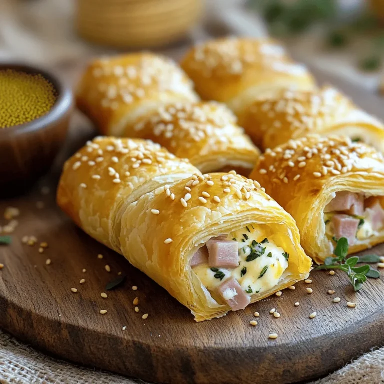 - 1 cup diced cooked ham - 1 cup shredded mozzarella cheese - 1/2 cup cream cheese, softened to room temperature - 2 tablespoons fresh chives, finely chopped - 1 tablespoon fresh parsley, finely chopped - 1 teaspoon garlic powder - 1/2 teaspoon freshly ground black pepper - 1 sheet of puff pastry, fully thawed - 1 egg, beaten (for egg wash) - Sesame seeds for sprinkling (optional) When I make ham and cheese sticks, I love starting with fresh, quality ingredients. The diced cooked ham gives a savory kick. Shredded mozzarella cheese melts beautifully, making each bite creamy. Cream cheese adds richness, making the filling smooth and decadent. Herbs like chives and parsley give a fresh touch. They balance the savory flavors and make the dish pop. Garlic powder adds a warm, savory note, while black pepper brings a gentle heat. Don't forget the puff pastry! It creates a flaky, golden crust. The egg wash helps it shine when baked. If you like some crunch, sprinkle sesame seeds on top. They add a nice texture and flavor. Gather these ingredients, and you’re ready to make a tasty snack everyone will love! - Preheat your oven to 400°F (200°C). - Line a baking sheet with parchment paper to avoid sticking. - In a medium bowl, mix together: - 1 cup diced cooked ham - 1 cup shredded mozzarella cheese - 1/2 cup softened cream cheese - 2 tablespoons chopped fresh chives - 1 tablespoon chopped fresh parsley - 1 teaspoon garlic powder - 1/2 teaspoon black pepper - Stir well until all the ingredients blend into a creamy mix. - Dust your work area with flour. - Roll out the puff pastry to about 1/8 inch thick. - Cut the pastry into strips, each 2 inches wide and 6 inches long. - At one end of each strip, add a generous tablespoon of the ham mixture. - Fold the pastry over the filling or roll it up tightly. - Use a fork to press down the edges and seal them firmly. - Brush the tops of the sticks with beaten egg wash. - If you like, sprinkle sesame seeds on top for extra crunch. - Place the sticks on the lined baking sheet, spaced apart. - Bake them for 15-20 minutes until golden brown and puffed. - After baking, let them cool on the sheet for a few minutes before serving. To make ham and cheese sticks that wow, I suggest baking them at 400°F (200°C). This temperature gives you golden, flaky pastry. Bake for about 15-20 minutes. Keep an eye on them during the last few minutes. The sticks should puff up and turn a nice golden brown. For the filling, aim for a creamy texture. If you use too much cream cheese, it can get runny. Mix diced ham, mozzarella, and cream cheese well. This blend creates a rich taste. The fresh herbs add a nice touch, too. When serving these sticks, warm is best. Place them on a nice platter for a fun look. Pair them with zesty spicy mustard or a tangy ranch dip. These sauces add flavor and make the snack more exciting. You can add a sprinkle of fresh herbs on top for color. This small touch makes your dish pop. One common mistake is overfilling the pastry. If you add too much filling, it can spill out while baking. Stick to a generous tablespoon of the mix at the end of each strip. Handling the puff pastry can be tricky. Be sure to flour your surface lightly. This helps prevent sticking. When sealing the edges, use a fork to press down firmly. This keeps the filling inside, ensuring a perfect bite every time. {{image_4}} You can switch up the cheese in your ham and cheese sticks. Try using cheddar or gouda. These cheeses bring rich and bold flavors. Mixing different cheeses can create a tasty depth. For example, blend mozzarella with sharp cheddar. This combo will give your sticks a delightful twist. Adding spices can make your snack even better. A sprinkle of paprika or cayenne can add a nice kick. You can also toss in some veggies. Spinach or bell peppers add color and crunch. Simply chop them finely and mix with the cheese and ham. This way, your snack gets a healthy upgrade. If you're gluten-free, don't worry! You can use gluten-free pastry for the sticks. There are many great brands available. For those who prefer vegan options, swap the dairy. Use plant-based cream cheese and cheese. You can still enjoy delicious, cheesy flavors without the animal products. After you make your ham and cheese sticks, store any leftovers in the fridge. Place them in an airtight container. This keeps them fresh for a few days. When you're ready to eat them, you can re-crisp them. To do this, use an oven or air fryer. Preheat the oven to 350°F (175°C). Bake for about 10 minutes. In an air fryer, set it to 350°F and cook for 5-7 minutes. Both methods give you a nice crunch. If you want to keep your ham and cheese sticks longer, freezing is a great option. First, let them cool completely. Then, place them in a single layer on a baking sheet. Freeze them for about an hour. After they are firm, transfer them to a freezer bag. Remove as much air as possible. To thaw, move them to the fridge overnight before baking. This way, they are ready to cook without losing flavor. In the fridge, your ham and cheese sticks will last about 3 to 4 days. Check for signs of spoilage before eating. If they smell sour or look discolored, it’s best to throw them away. Always trust your senses. Keeping food safe is important for good health. Enjoy your tasty snack without worry! To make ham and cheese sticks, follow these simple steps: 1. Preheat your oven to 400°F (200°C). Line a baking sheet with parchment paper. 2. In a bowl, mix diced cooked ham, shredded mozzarella, and softened cream cheese. Add chopped chives, parsley, garlic powder, and black pepper. Stir until smooth. 3. Lightly flour your counter. Roll out the puff pastry to 1/8 inch thick. Cut it into strips, about 2 inches wide and 6 inches long. 4. Place a tablespoon of the ham mix at one end of each pastry strip. Fold or roll it tightly. Use a fork to seal the edges. 5. Brush the tops with beaten egg. Sprinkle sesame seeds if you want. 6. Place the sticks on the baking sheet, spaced apart. Bake for 15-20 minutes until golden brown. 7. Let them cool for a few minutes before serving. These tasty sticks make a great snack or light meal. Yes, you can use pre-made puff pastry. It's a great time-saver for busy cooks. Just make sure it is fully thawed before you roll it out. This option still gives you crispy, flaky results. Feel free to check the package for any specific instructions. Using store-bought pastry can help you focus on the filling. It still tastes delicious and looks impressive. Here are some great dips that go well with ham and cheese sticks: - Spicy mustard: Adds a nice kick. - Ranch dressing: Creamy and cool. - Honey mustard: Sweet and tangy flavor. - Marinara sauce: A classic for a tomato twist. These dips can enhance the taste and make your snack even more fun! This blog post covered all you need for tasty ham and cheese sticks. We detailed the key ingredients, from ham to cheese and seasonings. You learned step-by-step how to prepare, bake, and serve them. I also shared tips to improve your dish and avoid mistakes. You can experiment with variations to suit your taste. Remember to store leftovers properly for the best flavor. Enjoy making these delicious snacks for yourself and your friends!