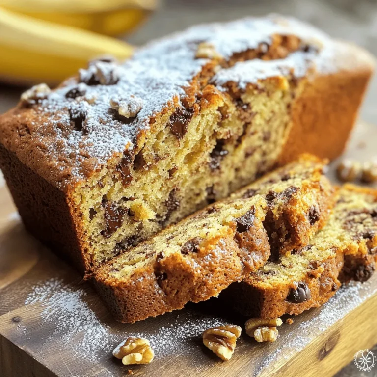 For the best banana bread, gather these key ingredients: - 3 ripe bananas, well-mashed - 1/2 cup unsalted butter, fully melted and slightly cooled - 3/4 cup brown sugar, firmly packed - 1/4 cup granulated sugar - 2 large eggs, at room temperature - 1 teaspoon pure vanilla extract - 1 teaspoon baking soda - 1/4 teaspoon fine sea salt - 1 1/2 cups all-purpose flour, sifted - 1/2 cup sour cream or Greek yogurt, at room temperature These ingredients create a moist and rich texture that you will love. To take your banana bread to the next level, consider adding: - 1/2 cup chopped walnuts or pecans - 1/4 cup dark chocolate chips These extras add a nice crunch and sweetness. Feel free to mix and match based on your taste. If you need to swap out ingredients, here are some ideas: - Use coconut oil instead of butter for a dairy-free option. - Substitute eggs with flaxseed meal mixed with water for a vegan version. - Try using almond flour for a gluten-free option. These alternatives keep your banana bread delicious while catering to different diets. Start by preheating your oven to 350°F (175°C). This step is key for even baking. While the oven heats, grab a 9x5 inch loaf pan. Grease it well with butter. If you prefer, you can line the pan with parchment paper. This makes it easy to remove the bread later. In a big mixing bowl, mash three ripe bananas until smooth. This gives the bread flavor and moisture. Next, pour in 1/2 cup of melted butter. Mix them together well. Now, add 3/4 cup of brown sugar and 1/4 cup of granulated sugar. Stir until the mixture is creamy and smooth. This sweet base makes the bread rich. Now it’s time to add two large eggs. Crack them in one at a time. Mix well after each egg to make sure they blend nicely. Then, add 1 teaspoon of pure vanilla extract. This adds a warm flavor to the bread. Stir again until everything is well combined. Next, sprinkle 1 teaspoon of baking soda and 1/4 teaspoon of fine sea salt over the mixture. Gently fold these dry ingredients in. Be careful not to overmix, as this keeps the bread tender. After that, add 1 1/2 cups of sifted all-purpose flour. Stir until you do not see any dry flour left. If you want, you can enhance your banana bread by adding extras. Fold in 1/2 cup of sour cream or Greek yogurt for added moisture. For a nice crunch, mix in 1/2 cup of chopped walnuts or pecans. You can also add 1/4 cup of dark chocolate chips for sweetness. This step is all about your taste. Pour the banana batter into your prepared loaf pan. Smooth the top with a spatula. This helps the bread bake evenly. Place the pan in the preheated oven. Bake for 60-70 minutes. Your banana bread is ready when a toothpick comes out clean or with a few moist crumbs. Once baked, let it cool in the pan for 10-15 minutes. Then, transfer it to a wire rack to cool completely. To get moist banana bread, start with ripe bananas. The darker the bananas, the sweeter and creamier they become. Mash them well; this helps the bread stay moist. Adding sour cream or Greek yogurt is key. It adds richness and moisture. Don't overmix your batter; just mix until combined. This keeps the bread soft and fluffy. Store leftover banana bread in an airtight container. This keeps it fresh for up to four days. You can also wrap it in plastic wrap and then foil for extra protection. If you want to keep it longer, slice it and freeze it. Just place slices in a freezer bag. It can last up to three months in the freezer. Enjoy banana bread warm or at room temperature. For a tasty twist, add a dusting of powdered sugar on top. A dollop of butter or nut butter makes it even better. You can also serve it with fresh fruit or a scoop of ice cream. This creates a delightful dessert that's sure to please. {{image_4}} You can easily make vegan banana bread. Replace eggs with flax eggs or applesauce. Use plant-based butter instead of unsalted butter. For sour cream, opt for a dairy-free yogurt. This gives you a moist and tasty vegan treat. To make gluten-free banana bread, swap all-purpose flour for a gluten-free blend. Look for blends that include xanthan gum, as it helps with texture. Ensure all other ingredients are gluten-free. This way, everyone can enjoy this delicious bread. You can play with flavors in your banana bread. Add spices like cinnamon or nutmeg for warmth. Try mixing in fruits like blueberries or chopped apples for a fruity twist. You can even add a handful of coconut flakes for a tropical vibe. Each option brings new joy to your loaf. To keep your banana bread fresh, store it in an airtight container. This helps keep moisture in. You can also wrap it tightly in plastic wrap or aluminum foil. Make sure it is completely cool before wrapping. If you want to enjoy it later, keep it at room temperature for up to three days. For longer storage, consider freezing it. To freeze banana bread, slice it first. This makes it easy to grab a piece later. Wrap each slice in plastic wrap, then place them in a freezer bag. Label the bag with the date. You can freeze banana bread for up to three months. When ready to eat, just take out a slice and let it thaw at room temperature. Reheating banana bread is simple and quick. For the best taste, heat it in the oven. Preheat your oven to 350°F (175°C). Place the bread on a baking sheet and warm it for about 10 minutes. You can also use a microwave. Heat it for about 15-20 seconds. Enjoy it warm with butter or a spread of your choice! The key ingredients for moist banana bread are ripe bananas and sour cream. - Ripe bananas add natural sweetness and moisture. - Sour cream or Greek yogurt gives richness and a tender crumb. - Unsalted butter also helps create a soft texture. Using these ingredients ensures your banana bread stays soft and enjoyable. Yes, you can make banana bread without eggs. - Use 1/4 cup of unsweetened applesauce for each egg. - You can also use flaxseed meal mixed with water. - Mix 1 tablespoon of flaxseed meal with 2.5 tablespoons of water. These substitutes keep your banana bread moist and fluffy. You can tell banana bread is done by checking the center. - Insert a toothpick into the middle. - If it comes out clean or with a few moist crumbs, it’s ready. - The edges should pull away from the pan slightly. When it’s done, let it cool for perfect slicing. To boost banana flavor, use very ripe bananas. - The darker the banana, the sweeter and more flavorful it is. - You can also add banana extract for an extra kick. - A touch of cinnamon pairs well with the banana taste, too. These tips ensure your banana bread bursts with flavor. Yes, you can use a bread machine for banana bread. - Follow the order of ingredients as per your machine’s instructions. - Most machines have a specific setting for quick breads. - Keep an eye on the baking time, as it may vary. Using a bread machine can make the process easier and faster. This article covered all you need for rich banana bread. We explored key ingredients, including main and optional ones, along with smart swaps. The step-by-step guide made baking simple, while tips ensured moisture and freshness. I shared ways to adapt recipes for vegan or gluten-free options. Finally, I included best storage practices and answered common questions. With these insights, you can bake delicious banana bread that everyone will enjoy. Happy baking!