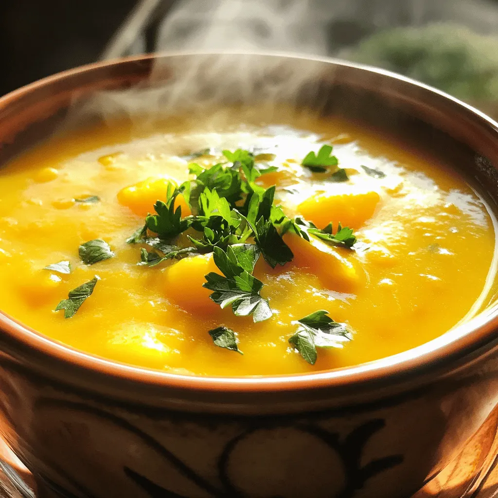To make a delicious Creamy Carrot Potato Soup, you need simple and fresh ingredients. Here’s the list: - 4 large carrots, peeled and finely chopped - 2 medium potatoes, peeled and diced into small cubes - 1 medium onion, finely chopped - 2 cloves garlic, minced - 4 cups vegetable broth - 1 cup full-fat coconut milk - 2 tablespoons extra-virgin olive oil - 1 teaspoon ground cumin - 1 teaspoon smoked paprika - Salt and freshly ground black pepper, to taste - Fresh parsley, chopped, for garnish These ingredients come together to create a warm and comforting bowl of soup. Each one adds to the flavor and texture. The carrots bring sweetness, while the potatoes add creaminess. Garlic and onion give a savory base. The coconut milk makes it rich and smooth. Spices like cumin and paprika add warmth. Don’t forget the parsley for a fresh touch at the end. Enjoy the process of gathering these items, as they are key to a hearty soup! 1. Heating the olive oil and sautéing onions and garlic Start by pouring the olive oil into a large pot over medium heat. Once the oil is hot, add the chopped onion and minced garlic. Stir them together and cook for about 3 to 4 minutes. You want the onion to turn clear and fragrant. 2. Adding carrots and potatoes Next, add the finely chopped carrots and diced potatoes to the pot. Mix everything well and continue to sauté for about 5 minutes. This step helps soften the veggies just a bit, enhancing their flavor. 3. Incorporating spices and broth Now, sprinkle the ground cumin and smoked paprika into the pot. Stir to coat the vegetables evenly with the spices. Then, carefully pour in the vegetable broth. Increase the heat until the mixture boils. After it boils, reduce the heat and let it simmer for 20 minutes. The carrots and potatoes should be tender enough to pierce with a fork. 4. Blending the soup to desired consistency After the veggies are tender, it’s time to blend. If you have an immersion blender, use it right in the pot. Blend until the soup is smooth and creamy. If you don’t have one, carefully transfer the soup in small batches to a standard blender. Make sure to handle the hot soup with care. 5. Stirring in coconut milk and final seasoning Once blended, stir in the rich coconut milk. This adds a lovely creaminess to the soup. Now, taste the soup and season it with salt and freshly ground black pepper. Let it simmer for another 5 minutes. This helps all the flavors blend together nicely. 6. Serving the soup Serve the soup hot. A sprinkle of freshly chopped parsley on top adds color and flavor. Enjoy this warm, comforting bowl of creamy carrot potato soup! To achieve the perfect creamy texture, use an immersion blender. It helps blend the soup right in the pot. If you don’t have one, a standard blender works too. Just be careful with the hot soup. You can also sauté the onions and garlic in olive oil until they turn soft and fragrant. This step adds a lot of flavor to your soup. For the best pairings, serve this soup with crusty bread or a fresh salad. The bread is great for dipping. Garnish your soup with fresh parsley and a swirl of coconut milk. This adds color and a rich taste. Consider serving in rustic bowls for a cozy feel. {{image_4}} You can switch up the veggies in this soup. Sweet potatoes work great instead of regular potatoes. They add a nice sweetness. Butternut squash is another tasty choice. It gives a smooth texture and a hint of nutty flavor. For a dairy-free option, use almond milk or soy milk instead of coconut milk. Both will give a creamy feel without any dairy. If you want it vegan, make sure your broth is plant-based too. This way, everyone can enjoy this dish. Adding herbs and spices can change the soup's taste. Thyme brings a warm, earthy flavor. You can also add chili flakes for a spicy kick. This adds a fun twist to the classic taste. Using different broths can also make a big difference. Try using mushroom broth for a deep, rich flavor. Chicken broth brings a hearty essence too. Each choice gives the soup a unique twist, making it fun to explore new tastes. To store leftover soup, let it cool first. Place the soup in an airtight container. This helps keep it fresh. You can store it in the fridge for up to three days. When you are ready to eat, just heat it up on the stove or in the microwave. For the best results, use glass or BPA-free plastic containers. These containers do not hold odors. They also make it easy to see what's inside. Always label your containers with the date. This way, you can keep track of how long it has been stored. If you want to save the soup for later, freezing is a great choice. Pour the cooled soup into freezer-safe containers. Leave some space at the top because the soup will expand as it freezes. You can freeze it for up to three months. When you are ready to enjoy it again, thaw the soup in the fridge overnight. If you need it fast, you can use the microwave. Heat it on low until it is warm. Stir it often to make sure it heats evenly. Once thawed, reheat it on the stove until hot. Enjoy your creamy carrot potato soup any time you wish! Can I make this soup ahead of time? Yes, you can make this soup ahead of time. It tastes even better the next day! Just store it in the fridge in an airtight container. Reheat it on the stove or in the microwave until hot. Is it possible to make this soup in a slow cooker? Absolutely! To make this soup in a slow cooker, add all the ingredients except the coconut milk. Cook on low for 6-8 hours or high for 3-4 hours. Blend the soup and stir in the coconut milk before serving. What are the nutritional benefits of this soup? This soup is packed with vitamins and minerals. Carrots provide vitamin A, while potatoes give potassium. Coconut milk adds healthy fats. The soup is also low in calories and high in fiber, making it a great option for a healthy meal. Can I use frozen vegetables instead of fresh ones? Yes, you can use frozen vegetables! They are convenient and can save time. Just add them to the pot and adjust the cooking time if needed. Frozen carrots and potatoes can blend well and still create a creamy texture. This blog post covered a simple yet delicious soup recipe. You learned what ingredients to use and how to prepare them step by step. I shared tips on achieving the perfect texture and suggested great pairings. You also found ways to customize the soup with various ingredients and flavors. Finally, we discussed how to store or freeze leftovers for later. Remember, cooking can be fun, and with these tips, you can make great soup anytime! Enjoy experimenting in your kitchen.