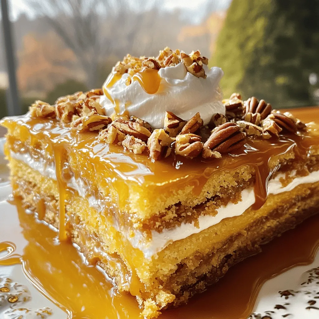 - 1 box yellow cake mix - 1 cup chopped pecans - 1 cup caramel sauce - 1/2 cup unsalted butter, melted - 1 cup shredded coconut (optional) - 1 cup sweetened condensed milk - 1/2 teaspoon vanilla extract - 1/2 teaspoon salt - Whipped cream for serving (optional) The main ingredients for this dessert are simple but create magic together. The yellow cake mix forms the base. It is easy to use and gives a nice flavor. The chopped pecans add a lovely crunch. The caramel sauce brings sweetness and gooey goodness. Melted butter helps bind everything. If you want to add texture, consider adding shredded coconut. Sweetened condensed milk makes it creamy. A touch of vanilla extract adds depth. The salt balances the sweetness perfectly. - Different nuts (walnuts, almonds) - Chocolate chips - Fruit toppings (bananas, berries) You can make this dessert your own with optional add-ins. Try different nuts like walnuts or almonds. They add unique flavors and textures. You can also mix in chocolate chips for a sweet twist. For a fruity touch, add bananas or berries on top. These options let you customize the cake to your taste. - Calories, fat, carbs, protein per serving - Suggested substitutes for dietary restrictions This cake is rich and delightful. Each serving has a good amount of calories, fat, and carbs. If you want to make it lighter, you can substitute the butter with applesauce. For a dairy-free version, try using coconut milk instead of sweetened condensed milk. Always check for dietary needs when serving. - Preheat oven to 350°F (175°C). - Grease the 9x13 inch baking dish. First, you need to warm up your oven. Set it to 350°F. This is the perfect temperature for baking. Next, take your baking dish and grease it well. Use cooking spray or butter. This helps the cake come out easily later. - Combine cake mix, pecans, butter, and other ingredients. - Press half of the mixture into the baking dish. Now, grab a big bowl. In it, mix the yellow cake mix, chopped pecans, and melted butter. If you want, add shredded coconut for extra flavor. Stir in the vanilla extract and salt. Mix until everything is combined but keep it crumbly. Take half of this mixture and press it into the bottom of your greased dish. Make sure it’s even and packed down well. - Drizzle caramel and pour sweetened condensed milk. - Sprinkle remaining cake mixture on top. - Bake for 30-35 minutes. Next, drizzle the caramel sauce over your pressed cake layer. Make sure to cover as much as you can. Then pour the sweetened condensed milk over the caramel. It should cover the whole area. Finally, sprinkle the rest of the cake mixture on top. Leave some gaps to let the caramel show through. Now, place your dish in the oven. Bake for 30 to 35 minutes. You will know it’s done when the top turns golden brown and the edges bubble. Once it’s ready, let it cool for about 10-15 minutes before serving. This helps the layers firm up. - How to know when the cake is done: Look for a golden brown top and bubbly edges. You can also insert a toothpick into the center. If it comes out clean, the cake is ready. - Importance of cooling time: Let the cake cool for 10-15 minutes after baking. This time helps the layers set. You want it to hold together when you slice it. - Presentation ideas: Serve the cake warm for the best taste. Top it with whipped cream and drizzle extra caramel sauce on top. For added crunch, sprinkle some chopped pecans before serving. - Pairing suggestions with beverages: This dessert pairs well with coffee or hot chocolate. A scoop of vanilla ice cream also makes a great match. - Overmixing the batter: Mix just until the ingredients combine. Overmixing can make the cake tough. - Not evenly spreading layers: Be sure to spread the cake mixture evenly. This helps the caramel soak in and ensures a great texture. {{image_4}} You can mix up the flavors in your caramel pecan dump cake. Here are two tasty options: - Chocolate caramel pecan dump cake: Add a cup of chocolate chips to the cake mix. This will give a rich chocolate flavor that pairs well with caramel. - Coconut caramel dump cake: If you love coconut, include a cup of shredded coconut. It adds a nice texture and a tropical twist. You can make this dessert fit your diet: - Gluten-free options: Use a gluten-free cake mix instead of the yellow cake mix. This allows everyone to enjoy the cake. - Vegan alternatives: Replace the butter with coconut oil or a plant-based butter. Use almond milk instead of sweetened condensed milk for a vegan twist. You can adapt this cake for different seasons: - Adding spices for fall flavors: Mix in half a teaspoon of pumpkin spice or cinnamon. This gives the cake a warm, cozy flavor perfect for autumn. - Special editions for holidays: For Christmas or Thanksgiving, add chopped cranberries or a hint of nutmeg. This makes it festive and fun for holiday gatherings. To keep your leftover caramel pecan dump cake fresh, let it cool first. You can store it at room temperature for up to two days. Just cover it with foil or plastic wrap. If you prefer, you can also store it in the fridge. This will help it last a bit longer, up to one week. Just remember to cover it well to avoid drying out. If you want to save your cake for later, freezing is a great option. To freeze, cut the cake into slices. Wrap each slice in plastic wrap and then place them in a freezer bag. This way, you can take out just what you need. The cake will stay good in the freezer for about three months. When you're ready to enjoy it again, just thaw in the fridge overnight. To reheat, pop a slice in the microwave for about 20-30 seconds. The shelf life of your caramel pecan dump cake varies by storage method. At room temperature, it lasts about two days. In the fridge, it can last up to one week. If frozen, you can enjoy it for about three months. Always check for any signs of spoilage before eating. A Caramel Pecan Dump Cake is a rich and sweet dessert. It combines a cake mix with pecans and caramel. This dish is easy to make and perfect for gatherings. The origins trace back to simple home baking traditions, where "dump" refers to mixing ingredients quickly. To make homemade caramel sauce, you will need: - 1 cup sugar - 6 tablespoons butter - 1/2 cup heavy cream 1. Start by melting the sugar in a saucepan over medium heat. Stir it often until it turns a golden color. 2. Once melted, add butter and stir until it melts completely. 3. Slowly pour in the cream while stirring. Be careful, as it will bubble up. 4. Remove from heat and let it cool before using it in your dump cake. Yes, you can prepare this dessert ahead of time. Mix the dry ingredients and store them in a bowl. Prepare the caramel sauce and store it in the fridge. On the day you want to serve, just layer the ingredients and bake. This way, you save time and still enjoy a fresh dessert. To make a gluten-free version, use a gluten-free yellow cake mix. Many brands offer this option in stores. Ensure all other ingredients are gluten-free as well. This way, everyone can enjoy the dessert without worries. You can serve this cake warm with whipped cream on top. A drizzle of extra caramel sauce adds more flavor. You can also sprinkle some chopped pecans for crunch. For a special touch, serve it with vanilla ice cream. This combination makes the dessert even more delightful. This blog post covered how to make a delicious Caramel Pecan Dump Cake. We explored the key ingredients, step-by-step instructions, and tips for perfecting your bake. You learned about different variations and storage options to keep your cake fresh. Use these insights to create a tasty treat with your own twist. Enjoy sharing this dessert with friends and family. Happy baking!