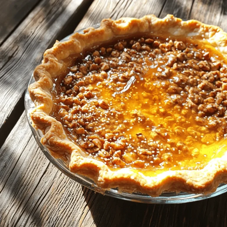 To make Greek Honey Pie, you will need these ingredients: - 1 cup all-purpose flour - 1/2 cup unsalted butter, melted - 1/4 cup powdered sugar - 1 large egg yolk - 1/4 teaspoon salt - 1/2 teaspoon vanilla extract - 1 cup walnuts, finely chopped - 1 teaspoon cinnamon - 1/2 cup honey - 1/2 cup almond milk - Zest of 1 lemon - 1 teaspoon baking powder - 1 tablespoon sesame seeds If you have allergies, you can make some easy swaps. Here are some ideas: - Use gluten-free flour instead of all-purpose flour. - Swap unsalted butter for coconut oil for a dairy-free option. - Replace almond milk with oat milk or soy milk if you prefer. - If you can’t have walnuts, try pecans or sunflower seeds. Using fresh ingredients makes a big difference. Fresh walnuts add crunch and flavor. Fresh lemon zest brightens the pie. Good quality honey enhances the sweetness. When you use fresh items, your pie will taste better. So always choose fresh ingredients for this recipe. To start, grab a large mixing bowl. In it, combine 1 cup of all-purpose flour, 1/2 cup of melted unsalted butter, and 1/4 cup of powdered sugar. Add 1 large egg yolk, 1/4 teaspoon of salt, and 1/2 teaspoon of vanilla extract. Mix these ingredients until you have a smooth dough. It should feel soft and easy to handle. Next, lightly dust your work surface with flour. Roll the dough into a circle that fits a 9-inch pie pan. Gently press the dough into the pan’s bottom and up the sides. Trim any extra dough hanging over the edges. Use a fork to prick the bottom of the crust. This helps prevent bubbles while baking. While the crust cools, prepare the filling. In another mixing bowl, combine 1 cup of finely chopped walnuts, 1 teaspoon of cinnamon, and the zest of 1 lemon. Add 1/2 cup of honey, 1/2 cup of almond milk, and 1 teaspoon of baking powder. Mix well until everything blends into a smooth mixture. This filling is the heart of your pie, rich in flavor and texture. Preheat your oven to 350°F (175°C). Bake the prepared crust for about 15 minutes, or until it turns lightly golden. Once done, take it out and let it cool slightly. Now, pour the walnut filling into your pre-baked crust. Spread it evenly with a spatula. Sprinkle 1 tablespoon of sesame seeds on top for added crunch and flavor. Return the pie to the oven and bake for 25-30 minutes. You’ll know it’s ready when the filling is set and the top is lightly golden. After baking, let the pie cool completely in the pan. This cooling step is key for the perfect slice. Enjoy your Greek Honey Pie at room temperature or chilled! To get a great crust for your Greek honey pie, use cold butter. Cold butter helps keep the crust flaky. Mix the flour and butter until it looks like crumbs. Then add the powdered sugar and egg yolk. This will help the crust hold together. Don't overwork the dough. If it feels tough, it won’t be as nice. Pricking the crust with a fork helps it bake evenly. This step stops bubbles from forming. You can make this pie even more special by adding herbs or spices. Cinnamon is a classic choice. It pairs well with the sweetness of honey. Lemon zest adds a fresh touch. If you like, try a hint of nutmeg or cardamom for a twist. Be careful not to add too much. You want the honey flavor to shine through. When serving your Greek honey pie, think about how to make it look great. A sprinkle of walnuts on top adds texture. Fresh mint leaves can add a pop of color. Serve the pie on a nice plate. For extra sweetness, drizzle honey over each slice. This makes it even more tempting. You can also serve it with a scoop of vanilla ice cream. This adds creaminess and complements the flavors well. {{image_4}} When making Greek honey pie, you can use different nuts. Walnuts are traditional and add a rich flavor. They offer a nice crunch and a deep, earthy taste. Almonds, on the other hand, provide a sweet, mild flavor. They can make the pie taste lighter and fresher. If you choose almonds, use chopped or slivered ones. This will keep the texture nice. You can even mix both nuts for a fun twist. Experimenting with nuts can change the pie’s taste and texture. Try it out to find your favorite! Honey is the star of Greek honey pie. The type of honey you use changes the taste. For a floral note, try orange blossom honey. It adds a bright flavor. Clover honey is milder and sweet, making it a great choice for balance. If you like a strong taste, buckwheat honey is perfect. It has a rich, bold flavor that stands out. Consider using local honey for a personal touch. Each type brings its unique twist to the pie. You can easily make Greek honey pie vegan. Replace the egg yolk with a flaxseed egg. Just mix one tablespoon of flaxseed meal with three tablespoons of water and let it sit for a few minutes. Use coconut oil instead of butter for a plant-based fat. You can also swap honey for agave syrup or maple syrup. These substitutes keep the sweetness but fit a vegan diet. Always check for nut allergies if serving to others. This pie can be a delightful treat for everyone, no matter their diet. To keep your Greek honey pie fresh, store it in an airtight container. This helps prevent it from drying out. You can place it at room temperature for up to two days. If you need to store it longer, refrigerate the pie. Just make sure it is covered well. This keeps the flavors intact and maintains its texture. When you want to enjoy leftovers, reheating is simple. Preheat your oven to 300°F (150°C). Place a slice of pie on a baking sheet. Heat it for about 10-15 minutes. This warms the pie without making it soggy. You can also use a microwave for quick reheating. Just heat for 20-30 seconds. Be careful not to overheat it, as this can change the texture. If you want to freeze your Greek honey pie, it’s easy. First, let the pie cool completely. Then, wrap it tightly in plastic wrap. After that, place it in a freezer-safe bag. This way, it can last for up to three months in the freezer. When you are ready to eat it, thaw it in the fridge overnight. Reheat it gently before serving for the best taste. Greek Honey Pie is made of simple ingredients. You need all-purpose flour, unsalted butter, powdered sugar, and an egg yolk for the crust. The filling contains walnuts, honey, almond milk, cinnamon, and lemon zest. This mix gives the pie its sweet and nutty taste. Yes, you can replace almond milk. Use regular milk, oat milk, or soy milk. Each will change the taste a bit, but they will still work. Greek Honey Pie can last about 3 to 4 days in the fridge. Store it in an airtight container to keep it fresh. The flavors will develop more over time, making it even better. Yes, you can make this pie ahead of time. Bake it a day before you plan to serve it. Just cool it fully, then store it in the fridge. This saves time and lets the flavors blend. Serve Greek Honey Pie at room temperature or chilled. For extra sweetness, drizzle more honey on top. Garnish with walnuts or mint leaves for a nice touch. You’ve learned how to make a delicious Greek Honey Pie from scratch. We covered key ingredients, step-by-step instructions, and tips to make it perfect. Using fresh ingredients is vital to flavor and texture. You can explore variations and make it suit your taste or diet. Remember to store it properly for the best taste. With practice, you'll be serving this pie to friends and family in no time. Enjoy your baking journey!