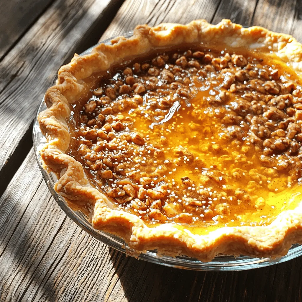 To make Greek Honey Pie, you will need these ingredients: - 1 cup all-purpose flour - 1/2 cup unsalted butter, melted - 1/4 cup powdered sugar - 1 large egg yolk - 1/4 teaspoon salt - 1/2 teaspoon vanilla extract - 1 cup walnuts, finely chopped - 1 teaspoon cinnamon - 1/2 cup honey - 1/2 cup almond milk - Zest of 1 lemon - 1 teaspoon baking powder - 1 tablespoon sesame seeds If you have allergies, you can make some easy swaps. Here are some ideas: - Use gluten-free flour instead of all-purpose flour. - Swap unsalted butter for coconut oil for a dairy-free option. - Replace almond milk with oat milk or soy milk if you prefer. - If you can’t have walnuts, try pecans or sunflower seeds. Using fresh ingredients makes a big difference. Fresh walnuts add crunch and flavor. Fresh lemon zest brightens the pie. Good quality honey enhances the sweetness. When you use fresh items, your pie will taste better. So always choose fresh ingredients for this recipe. To start, grab a large mixing bowl. In it, combine 1 cup of all-purpose flour, 1/2 cup of melted unsalted butter, and 1/4 cup of powdered sugar. Add 1 large egg yolk, 1/4 teaspoon of salt, and 1/2 teaspoon of vanilla extract. Mix these ingredients until you have a smooth dough. It should feel soft and easy to handle. Next, lightly dust your work surface with flour. Roll the dough into a circle that fits a 9-inch pie pan. Gently press the dough into the pan’s bottom and up the sides. Trim any extra dough hanging over the edges. Use a fork to prick the bottom of the crust. This helps prevent bubbles while baking. While the crust cools, prepare the filling. In another mixing bowl, combine 1 cup of finely chopped walnuts, 1 teaspoon of cinnamon, and the zest of 1 lemon. Add 1/2 cup of honey, 1/2 cup of almond milk, and 1 teaspoon of baking powder. Mix well until everything blends into a smooth mixture. This filling is the heart of your pie, rich in flavor and texture. Preheat your oven to 350°F (175°C). Bake the prepared crust for about 15 minutes, or until it turns lightly golden. Once done, take it out and let it cool slightly. Now, pour the walnut filling into your pre-baked crust. Spread it evenly with a spatula. Sprinkle 1 tablespoon of sesame seeds on top for added crunch and flavor. Return the pie to the oven and bake for 25-30 minutes. You’ll know it’s ready when the filling is set and the top is lightly golden. After baking, let the pie cool completely in the pan. This cooling step is key for the perfect slice. Enjoy your Greek Honey Pie at room temperature or chilled! To get a great crust for your Greek honey pie, use cold butter. Cold butter helps keep the crust flaky. Mix the flour and butter until it looks like crumbs. Then add the powdered sugar and egg yolk. This will help the crust hold together. Don't overwork the dough. If it feels tough, it won’t be as nice. Pricking the crust with a fork helps it bake evenly. This step stops bubbles from forming. You can make this pie even more special by adding herbs or spices. Cinnamon is a classic choice. It pairs well with the sweetness of honey. Lemon zest adds a fresh touch. If you like, try a hint of nutmeg or cardamom for a twist. Be careful not to add too much. You want the honey flavor to shine through. When serving your Greek honey pie, think about how to make it look great. A sprinkle of walnuts on top adds texture. Fresh mint leaves can add a pop of color. Serve the pie on a nice plate. For extra sweetness, drizzle honey over each slice. This makes it even more tempting. You can also serve it with a scoop of vanilla ice cream. This adds creaminess and complements the flavors well. {{image_4}} When making Greek honey pie, you can use different nuts. Walnuts are traditional and add a rich flavor. They offer a nice crunch and a deep, earthy taste. Almonds, on the other hand, provide a sweet, mild flavor. They can make the pie taste lighter and fresher. If you choose almonds, use chopped or slivered ones. This will keep the texture nice. You can even mix both nuts for a fun twist. Experimenting with nuts can change the pie’s taste and texture. Try it out to find your favorite! Honey is the star of Greek honey pie. The type of honey you use changes the taste. For a floral note, try orange blossom honey. It adds a bright flavor. Clover honey is milder and sweet, making it a great choice for balance. If you like a strong taste, buckwheat honey is perfect. It has a rich, bold flavor that stands out. Consider using local honey for a personal touch. Each type brings its unique twist to the pie. You can easily make Greek honey pie vegan. Replace the egg yolk with a flaxseed egg. Just mix one tablespoon of flaxseed meal with three tablespoons of water and let it sit for a few minutes. Use coconut oil instead of butter for a plant-based fat. You can also swap honey for agave syrup or maple syrup. These substitutes keep the sweetness but fit a vegan diet. Always check for nut allergies if serving to others. This pie can be a delightful treat for everyone, no matter their diet. To keep your Greek honey pie fresh, store it in an airtight container. This helps prevent it from drying out. You can place it at room temperature for up to two days. If you need to store it longer, refrigerate the pie. Just make sure it is covered well. This keeps the flavors intact and maintains its texture. When you want to enjoy leftovers, reheating is simple. Preheat your oven to 300°F (150°C). Place a slice of pie on a baking sheet. Heat it for about 10-15 minutes. This warms the pie without making it soggy. You can also use a microwave for quick reheating. Just heat for 20-30 seconds. Be careful not to overheat it, as this can change the texture. If you want to freeze your Greek honey pie, it’s easy. First, let the pie cool completely. Then, wrap it tightly in plastic wrap. After that, place it in a freezer-safe bag. This way, it can last for up to three months in the freezer. When you are ready to eat it, thaw it in the fridge overnight. Reheat it gently before serving for the best taste. Greek Honey Pie is made of simple ingredients. You need all-purpose flour, unsalted butter, powdered sugar, and an egg yolk for the crust. The filling contains walnuts, honey, almond milk, cinnamon, and lemon zest. This mix gives the pie its sweet and nutty taste. Yes, you can replace almond milk. Use regular milk, oat milk, or soy milk. Each will change the taste a bit, but they will still work. Greek Honey Pie can last about 3 to 4 days in the fridge. Store it in an airtight container to keep it fresh. The flavors will develop more over time, making it even better. Yes, you can make this pie ahead of time. Bake it a day before you plan to serve it. Just cool it fully, then store it in the fridge. This saves time and lets the flavors blend. Serve Greek Honey Pie at room temperature or chilled. For extra sweetness, drizzle more honey on top. Garnish with walnuts or mint leaves for a nice touch. You’ve learned how to make a delicious Greek Honey Pie from scratch. We covered key ingredients, step-by-step instructions, and tips to make it perfect. Using fresh ingredients is vital to flavor and texture. You can explore variations and make it suit your taste or diet. Remember to store it properly for the best taste. With practice, you'll be serving this pie to friends and family in no time. Enjoy your baking journey!