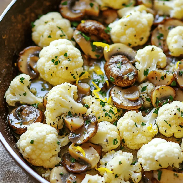 - Cauliflower florets - Fresh mushrooms - Garlic cloves - Olive oil and butter - Spices and seasoning - Garnish options The garlic cauliflower mushroom skillet is simple yet packed with flavor. Here’s a detailed look at what you need. First, start with cauliflower florets. Use one medium head, cut into bite-sized pieces. Cauliflower brings a mild taste and great texture to the dish. Next, you'll need fresh mushrooms—about 8 ounces, sliced. Cremini or button mushrooms work well here, adding depth to the taste. Don't forget the garlic cloves! You’ll need four cloves, minced. Garlic gives the skillet its amazing aroma and flavor. For cooking, use olive oil and butter. Two tablespoons of olive oil and one tablespoon of unsalted butter create a rich base. Now, let’s spice things up. You'll need dried thyme and smoked paprika. One teaspoon of each adds warmth and earthiness. Finally, season with salt and freshly cracked black pepper to taste. For garnish, I recommend using fresh parsley, finely chopped, and the zest of one fresh lemon. This brightens the dish and adds a pop of color. Gather these ingredients, and you'll be ready to make a delicious garlic cauliflower mushroom skillet that’s sure to impress! 1. Heat a large skillet over medium heat. 2. Add 2 tablespoons of olive oil and 1 tablespoon of butter. 3. Allow the oil and butter to melt together until shimmering. 4. Add 4 minced garlic cloves to the skillet. 5. Sauté the garlic for about 1 minute until it is fragrant. 6. Avoid browning the garlic to keep its fresh taste. 7. Introduce 8 ounces of sliced mushrooms to the skillet. 8. Cook the mushrooms for 5-7 minutes, stirring occasionally. 9. Wait until they brown and release their moisture. 1. Add the cauliflower florets to the skillet. 2. Season with 1 teaspoon of dried thyme and 1 teaspoon of smoked paprika. 3. Add salt and freshly cracked black pepper to taste. 4. Stir everything together to coat the vegetables with the spices. 5. Cover the skillet with a lid to trap steam. 6. Let it cook for 8-10 minutes, stirring occasionally. 7. The goal is to have tender cauliflower with a slight crunch. 1. After 10 minutes, remove the lid from the skillet. 2. Cook for an additional 2-3 minutes to let excess liquid evaporate. 3. This helps caramelize the cauliflower slightly. 4. Once cooked to your liking, take the skillet off the heat. 5. Stir in the zest of 1 fresh lemon for a bright flavor. 6. Serve hot, garnished with finely chopped fresh parsley. 7. Enjoy this dish with a pop of color and taste! To get the best texture for your garlic cauliflower mushroom skillet, focus on timing. Start by sautéing the garlic for just one minute. This step gives your dish a rich, aromatic base without burning the garlic. If garlic turns brown, it will taste bitter. Next, when adding mushrooms, cook them until they are browned and tender. This step releases their moisture, creating a flavorful base. Finally, add the cauliflower florets and cook them until tender, but keep a slight crunch. This texture adds interest to each bite. Seasoning your dish well enhances the flavors. Use smoked paprika and dried thyme to give depth. Salt and pepper are key, so season as you go. A squeeze of fresh lemon juice at the end brightens the whole dish. Prep your ingredients in advance to save time. Cut the cauliflower into florets and slice the mushrooms ahead of time. This way, when you start cooking, you can focus on the steps without rushing. Using a one-pan method makes this meal quick and simple. You only need one skillet, which means less cleanup. This method also lets the flavors meld together beautifully, making your dish even tastier. One common mistake is overcooking garlic. Watch it closely while sautéing. If it turns brown, start over. Another pitfall is not seasoning properly. Taste your dish as it cooks. Adjust the salt and pepper to your liking. Remember, seasoning layers can make all the difference in flavor. {{image_4}} You can switch up the mushrooms in this dish. Try shiitake, portobello, or oyster mushrooms. Each type brings a different flavor and texture. If you want a bolder taste, go with shiitake. For a milder option, button mushrooms work well. You can also change the spices. Instead of smoked paprika, use regular paprika or even chili powder for heat. Add a pinch of cumin for a warm flavor. These swaps keep the dish fresh and exciting. If you follow a vegan diet, you can easily make this dish vegan. Just replace the unsalted butter with more olive oil. The dish still tastes great without the butter, and it stays creamy. For gluten-free options, this recipe is already gluten-free! Just check your spices to make sure they are gluten-free. This makes it a safe choice for everyone. This skillet pairs well with proteins. Serve it with grilled chicken or baked fish for a balanced meal. For a vegetarian option, add some cooked quinoa or chickpeas for extra protein. You can also choose sides that complement the dish. A simple green salad or steamed rice works great. These sides add freshness and balance to the meal. Enjoy! To store leftovers, let the dish cool to room temperature. Place it in an airtight container. Keep it in the fridge for up to three days. Ensure you seal it well to avoid moisture loss. This keeps the flavors fresh and tasty. You can freeze the dish for longer storage. Use a freezer-safe container and cover it tightly. It will stay good for about one month. When you want to eat it, thaw it overnight in the fridge. Reheat it on the stove over low heat. Stir occasionally to heat evenly. This helps maintain the texture. Making this dish ahead of time is easy. Cook a larger batch and portion it out. Store in small containers for quick meals. You can grab one for lunch or dinner. This dish is great for busy days when you need a healthy meal fast. How long does it take to cook cauliflower? Cooking cauliflower takes about 18-20 minutes. You want it tender but still crisp. Start by sautéing it after the mushrooms. Cover the skillet for even cooking. Stir occasionally for the best texture. Can I use frozen vegetables? Yes, you can use frozen vegetables. Just remember to thaw them first. Frozen vegetables may cook faster, so check them often. Adjust the cooking time to avoid mushiness. Calories per serving Each serving of Garlic Cauliflower Mushroom Skillet has around 150 calories. This is a healthy side dish or main meal. Health benefits of the ingredients - Cauliflower: High in fiber, low in carbs. Great for digestion. - Mushrooms: Packed with vitamins and antioxidants. Good for your immune system. - Garlic: Known for heart health and anti-inflammatory benefits. - Olive oil: Contains healthy fats, good for your heart. What to use if I don’t have fresh garlic? If you lack fresh garlic, use garlic powder. About 1 teaspoon equals 1 clove of fresh garlic. Add it along with the other spices. Can I omit the butter for a vegan dish? Yes, you can skip the butter. Use more olive oil instead. This keeps the dish vegan while still adding richness. In this blog post, we explored a tasty dish made from simple ingredients. You learned how to prepare cauliflower, mushrooms, and garlic, while boosting flavor with spices. We shared cooking tips, variations, and storage advice to simplify your meal prep. Remember, avoiding common mistakes will help you shine as a cook. Whether you serve it solo or with sides, this dish is easy and healthy. Enjoy trying out these ideas in your kitchen and making this recipe your own. Happy cooking!