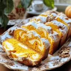 - 1 cup pumpkin puree - 1/2 cup cream cheese, softened - 1/2 cup granulated sugar - 1/2 cup packed brown sugar - 1/2 cup vegetable oil - 3 large eggs, at room temperature - 2 cups all-purpose flour The main ingredients are key for rich flavor. The pumpkin puree gives moisture and a warm taste. Cream cheese adds creaminess. The two sugars create a sweet balance. Eggs help the bread rise and stay soft. All-purpose flour forms the base for the bread. - 1/2 cup chopped walnuts or pecans - 1 teaspoon vanilla extract Optional ingredients boost texture and flavor. Nuts add a nice crunch. Vanilla enhances the sweetness and aroma, making each bite special. - 1 teaspoon baking soda - 1/2 teaspoon baking powder - 1 teaspoon ground cinnamon - 1/2 teaspoon ground nutmeg - 1/4 teaspoon ground ginger - 1/4 teaspoon salt Seasonings are vital for that cozy, fall taste. Baking soda and baking powder help the bread rise. Cinnamon, nutmeg, and ginger bring warmth and depth. A pinch of salt balances the sweet notes. Together, they create a comforting flavor profile that you'll love. - Preheat your oven to 350°F (175°C). - Grease a 9x5 inch loaf pan or line it with parchment paper. - Gather all ingredients for easy access. - In a large bowl, beat the cream cheese until smooth. - Add granulated sugar, brown sugar, and oil. Mix until creamy. - Add eggs one at a time, mixing well after each. - Stir in pumpkin puree and vanilla extract until smooth. - In a separate bowl, sift flour, baking soda, baking powder, cinnamon, nutmeg, ginger, and salt. - Slowly fold the dry mix into the wet mix. Don’t over-mix. - If you like, fold in chopped nuts for extra crunch. - Pour the batter into your greased pan. Smooth the top with a spatula. - Bake for 60-70 minutes. Check doneness with a toothpick. - If the toothpick comes out clean or with a few crumbs, it's done. - Let the bread cool in the pan for 10 minutes. - Move the bread to a wire rack to cool completely before slicing. To get a soft and moist bread, avoid over-mixing. When you combine the wet and dry ingredients, mix just until you see no dry flour. This keeps the bread tender. Also, make sure your ingredients are at room temperature. This helps them blend well and rise nicely. Adding spices can give your bread a deeper taste. Try adding a pinch of allspice or a bit more cinnamon. You can also add mix-ins like chocolate chips or dried cranberries. These add fun bursts of flavor and texture. Dust the top of your bread with powdered sugar for a pretty look. It adds a sweet touch without being too much. For serving, slice the bread and place it on a nice platter. You can pair each slice with cream cheese. This makes for a rich and tasty treat that guests will love. {{image_4}} You can make this bread even more fun. Adding chocolate chips gives it a sweet twist. Just fold in about 1 cup of semi-sweet chocolate chips when mixing. They melt and create gooey pockets in every slice. You can also switch up the nuts. If you prefer, use pecans or hazelnuts instead of walnuts. Each nut adds a unique flavor and texture. You can even skip the nuts if you want a smoother bread. If you need a gluten-free version, swap all-purpose flour for a gluten-free blend. Ensure the blend has a good binding agent. This will keep the bread from crumbling. For a vegan option, replace eggs with flax eggs. Mix 1 tablespoon of ground flaxseed with 3 tablespoons of water. Let it sit until it thickens. For cream cheese, use a plant-based alternative. These swaps keep the bread delicious for everyone. Try using other squash instead of pumpkin. Butternut or acorn squash works well. They bring a different taste but still keep it cozy. You can also switch spices based on the season. In the fall, add cloves for warmth. For a holiday twist, include allspice or cardamom. Adjusting spices keeps the bread fresh and exciting all year round. To keep your pumpkin cream cheese bread fresh, store it correctly. - Storing at room temperature: Wrap the bread in plastic wrap or foil. This keeps moisture in and prevents it from drying out. Store it in a cool, dark place like a pantry. It can last for up to three days this way. - Refrigeration tips for longevity: If you want to keep it longer, place it in the fridge. Wrap it tightly in plastic wrap or foil. It can stay fresh for about a week when refrigerated. Just remember, cold storage may change the texture a little. Freezing is a great option if you want to save some bread for later. - How to properly freeze pumpkin cream cheese bread: Allow the bread to cool completely before freezing. Wrap it tightly in plastic wrap, then place it in a freezer bag. Be sure to remove as much air as possible. This helps prevent freezer burn. It can last for up to three months in the freezer. - Thawing tips for optimal taste: When you are ready to eat it, take the bread out of the freezer. Unwrap it and place it in the fridge for several hours or overnight to thaw. For a quicker method, leave it at room temperature for a few hours. Enjoy your bread warm by reheating slices in the oven or microwave. This will bring back its original taste and softness. Pumpkin cream cheese bread stays fresh for about 3 to 5 days at room temperature. Store it in an airtight container. If you refrigerate it, it can last up to a week. To keep it even longer, freeze the bread for up to three months. Yes, you can use canned pumpkin puree. It saves time and offers a consistent flavor. Just make sure to choose pure pumpkin, not pumpkin pie filling, which has added spices and sugar. This bread pairs well with a variety of toppings. Try spreading cream cheese, butter, or even apple butter on a slice. A hot cup of coffee or chai tea makes it even better. Absolutely! You can prepare the batter a day in advance. Just store it in the fridge. Bake it the next day for a warm, fresh treat. You can also bake the bread ahead and store it. To slice the bread, wait until it cools completely. Use a sharp serrated knife for clean cuts. This helps keep the slices intact and perfect for serving. You learned how to make delicious pumpkin cream cheese bread. We covered the main and optional ingredients, along with seasonings. The step-by-step instructions made baking easy. Tips helped perfect the texture and flavor. You can also explore variations to suit your taste. Finally, storage tips ensure your bread stays fresh. Try this recipe and enjoy your baking journey! Each bite brings warmth and joy, perfect for any season.