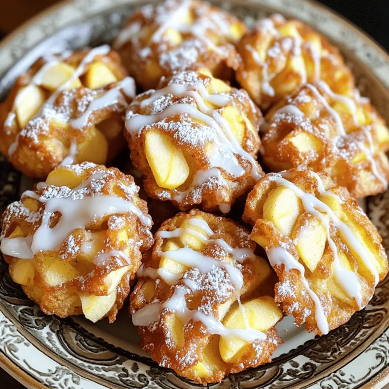 - 2 medium apples, peeled and diced - 1 cup all-purpose flour - 1/2 cup granulated sugar - 1 teaspoon baking powder - 1/2 teaspoon ground cinnamon - 1/4 teaspoon ground nutmeg - 1/4 teaspoon salt - 1/2 cup buttermilk (or your preferred milk) - 1 large egg - 1 teaspoon pure vanilla extract - 1 tablespoon fresh lemon juice - Cooking spray or a light coating of oil for the air fryer - 1 cup powdered sugar - 2 tablespoons milk - 1/2 teaspoon pure vanilla extract I recommend using Granny Smith or Honeycrisp apples. These apples have a nice tart flavor. Their firmness helps them hold up well in the fritters. You can also try Fuji apples for a sweeter taste. Choose apples that are crisp and fresh for the best results. They will add great texture and flavor to your fritters. First, take two medium apples. I like Granny Smith or Honeycrisp for their tart taste. Peel and dice them into small pieces. Toss the diced apples in a bowl with one tablespoon of fresh lemon juice. This keeps them from turning brown and adds a nice zing to your fritters. Set them aside while you get the rest ready. In a large bowl, sift together one cup of all-purpose flour, half a cup of granulated sugar, one teaspoon of baking powder, half a teaspoon of ground cinnamon, a quarter teaspoon of ground nutmeg, and a quarter teaspoon of salt. Mix these well. This blend gives the fritters a sweet and spicy flavor. In another bowl, whisk together half a cup of buttermilk, one large egg, and one teaspoon of pure vanilla extract. Make sure this mixture is smooth. It will add moisture and flavor to the fritters. Pour the wet mixture into the bowl with the dry ingredients. Gently stir until just mixed. Avoid over-mixing. Now, fold in the diced apples carefully. Make sure every piece is coated in the batter. This adds fruitiness in every bite. Before cooking, preheat your air fryer to 350°F (175°C) for about five minutes. This helps the fritters cook evenly. A preheated air fryer makes a big difference in the final texture. Using a tablespoon or a cookie scoop, drop spoonfuls of batter into the air fryer basket. Leave enough space between each fritter for air to flow. Lightly spray the tops with cooking spray. This helps them brown nicely. Air fry for about 10 to 12 minutes, flipping them halfway through. You want them golden brown on both sides. While the fritters cool, make the glaze. In a medium bowl, mix one cup of powdered sugar, two tablespoons of milk, and half a teaspoon of pure vanilla extract. Whisk until smooth. If the glaze is too thick, add a bit more milk. If it’s too thin, add more powdered sugar. Drizzle the vanilla glaze over the fritters once they cool slightly. You can use a spoon or dip the tops directly into the glaze for a fun twist. Serve them warm, and they pair perfectly with your favorite coffee or tea. A sprinkle of extra powdered sugar or cinnamon makes for a lovely presentation. Enjoy every bite! To make sure your fritters cook just right, preheat your air fryer to 350°F. This step is key. It helps the fritters rise and brown evenly. Keep space between each fritter in the basket. This allows air to flow well. Flip them halfway through cooking for an even finish. Aim for a golden brown color. Trust me; texture matters! You can change up the flavor of your fritters easily. Try adding chopped nuts, like walnuts or pecans, for a crunchy bite. Diced raisins or cranberries can add sweetness too. For a spiced twist, mix in a bit of cardamom or ginger. You can even swap apples for pears for a different taste. Get creative and have fun with it! One common mistake is over-mixing the batter. This can make your fritters tough. Mix until just combined for soft fritters. Another issue is not cooling the fritters before glazing. If you glaze them hot, the glaze will melt away. Lastly, don’t skip the cooking spray. It helps achieve that lovely golden crust. Avoid these pitfalls for the best fritter experience! {{image_4}} You can make gluten-free apple fritters easily. Just swap the all-purpose flour for a gluten-free blend. Look for one that works well in baking. This change allows everyone to enjoy these tasty treats. The flavor stays rich and delicious, even without gluten. For a twist, add spices to your fritters. Consider using cardamom or ginger for a kick. You can also mix in chopped nuts, like walnuts or pecans. This adds a nice crunch and extra flavor. Each bite becomes a fun surprise. The vanilla glaze is just the start. Try a caramel sauce for a sweet touch. A dusting of cinnamon sugar can also enhance the taste. You might like to add fresh fruit or a scoop of ice cream on top. These options let you customize your fritters and impress your friends! To store leftover fritters, first let them cool to room temperature. Place them in an airtight container. You can layer them with parchment paper to avoid sticking. Store the container in the fridge for up to three days. This keeps them fresh and tasty. To reheat your fritters, use an air fryer for best results. Set the air fryer to 350°F (175°C). Heat the fritters for about 3 to 5 minutes. This will make them warm and crispy again. You can also use a microwave, but the fritters may lose their crunch. If you use the microwave, heat them for 20 to 30 seconds. You can freeze apple fritters for longer storage. After they cool, wrap each fritter tightly in plastic wrap. Place them in a freezer-safe bag or container. They can last for up to three months in the freezer. When ready to eat, thaw them in the fridge overnight. Then reheat them in the air fryer to restore their texture. The best apples for fritters are Granny Smith or Honeycrisp. Their tartness adds great flavor. Granny Smith apples stay firm and provide a nice contrast to the sweet glaze. Honeycrisp apples are juicy and sweet, perfect for a balanced bite. You can also mix both types for extra flavor. Yes, you can use any milk you like. Whole milk or almond milk works great. If you want to mimic buttermilk, add a little vinegar or lemon juice to your milk. Let it sit for 5-10 minutes. This makes a good substitute and keeps your fritters moist. Your fritters are done when they are golden brown. You can also use a toothpick to check. Insert it into the center of a fritter. If it comes out clean, they are ready. Keep an eye on them to avoid overcooking. Yes, you can prepare the batter ahead of time. Store it in the fridge for up to 24 hours. When ready, just air fry the fritters. This saves time and helps you enjoy fresh fritters any time you want! In this blog post, we explored making delicious apple fritters. You learned about key ingredients and the best apple varieties to use. We followed a clear step-by-step guide for preparing and cooking the fritters. Tips and variations helped you customize your fritters. I hope you feel ready to create these tasty treats at home. Enjoy experimenting and sharing them with friends or family!