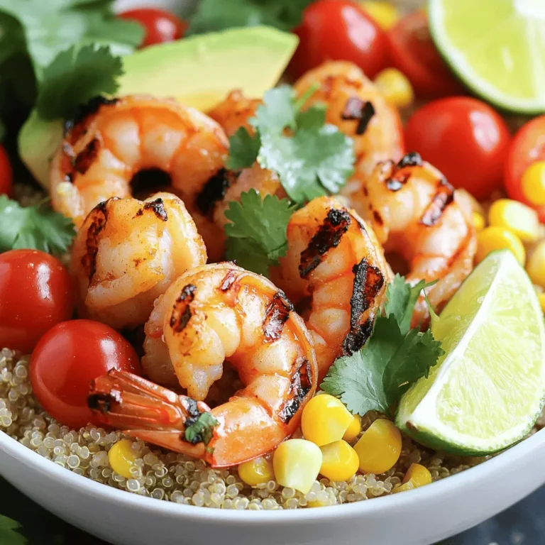 - 1 pound large shrimp, peeled and deveined - 2 tablespoons olive oil - Zest and juice of 2 limes - 2 teaspoons chili powder - 1 teaspoon garlic powder - 1/2 teaspoon ground cumin - Salt and black pepper to taste - 1 cup cooked quinoa - 1 cup cherry tomatoes, halved - 1 cup corn kernels (fresh, canned, or frozen) - 1 ripe avocado, sliced - Fresh cilantro, chopped, for garnish - Lime wedges, for serving This dish is all about fresh flavors and easy prep. The shrimp gives you protein, while the quinoa adds a nutty taste and great texture. The cherry tomatoes and corn bring sweetness, which balances the spicy chili powder. The avocado adds creaminess and healthy fats. When you mix the olive oil with lime juice and zest, you create a bright marinade. It really wakes up the shrimp. The spices give the dish a nice kick, so you can adjust them to fit your taste. Want it spicier? Just add more chili powder! After you gather all these ingredients, you can get cooking. This meal is not just tasty; it's also colorful and pretty on a plate. Enjoy your cooking adventure with these vibrant ingredients! To start, make your marinade. In a medium bowl, mix together: - 2 tablespoons olive oil - Zest and juice of 2 limes - 2 teaspoons chili powder - 1 teaspoon garlic powder - 1/2 teaspoon ground cumin - Salt and black pepper to taste Whisk this mixture well. This marinade will pack your shrimp with flavor. Next, add 1 pound of peeled and deveined shrimp to the bowl. Toss the shrimp gently. Make sure each piece is well coated. Let the shrimp marinate for at least 15 minutes. If you want a stronger taste, you can marinate them for up to 30 minutes. Now, it’s time to grill. Preheat your grill or grill pan over medium-high heat. If you use a grill pan, spray it lightly with non-stick cooking spray. Once the grill is hot, carefully place the marinated shrimp on the grill. Cook for about 2-3 minutes on each side. Look for the shrimp to turn pink and opaque. You want them to have nice grill marks. Once cooked, remove the shrimp from the heat and set aside. As you assemble your bowls, start with a generous scoop of cooked quinoa in each bowl. Then, layer on the grilled shrimp. Add halved cherry tomatoes, corn kernels, and sliced avocado on top. Finally, garnish with chopped fresh cilantro. Serve your bowls with lime wedges on the side. Squeeze some lime juice over the top for an extra burst of flavor. Enjoy your fresh and flavorful meal! For the best flavor, marinate your shrimp for at least 15 minutes. If you want a more intense taste, 30 minutes works well, too. The lime juice and zest give a bright kick. You can also add a touch of honey for sweetness or some diced jalapeños for heat. To get great grill marks, make sure your grill is hot. Heat it for about 10 minutes before adding shrimp. Place the shrimp on the grill and don’t move them for 2-3 minutes. Flip them once they are pink and opaque. This helps form those beautiful grill lines. Serve your bowls with a light drink like sparkling water or a fruity iced tea. For sides, try a crisp salad or fresh tortilla chips. When assembling your bowl, start with a scoop of quinoa. Layer on your shrimp, then add corn, tomatoes, and avocado. Finish with a sprinkle of cilantro and lime wedges. This adds freshness and zest! {{image_4}} You can swap shrimp for chicken, tofu, or fish. Each option pairs well with the chili lime flavor. - Chicken: Use boneless, skinless chicken thighs or breasts. Cut them into bite-sized pieces. Marinate the same way as shrimp for great taste. - Tofu: Choose firm or extra-firm tofu. Press it to remove excess water. Cut into cubes and marinate. Grill until golden for a tasty vegan option. - Fish: Opt for a firm fish like salmon or mahi-mahi. Cut into fillets and follow the same marinating steps. Grill until flaky and tender. You can easily adjust ingredients for dietary needs. Here are some swaps: - Gluten-free: Ensure all spices and oils are gluten-free. Quinoa is naturally gluten-free. - Vegan: Replace shrimp with tofu and use vegetable broth instead of any meat-based sauces. This keeps the dish flavorful and plant-based. Using seasonal produce adds freshness to your bowl. Here are some ideas: - Spring: Add asparagus or snap peas for a crunch. - Summer: Try fresh bell peppers or zucchini for vibrant color. - Fall: Incorporate roasted butternut squash for warmth and sweetness. - Winter: Use hearty greens like kale or Brussels sprouts for added nutrition. Feel free to mix and match proteins and veggies. This way, you can create a unique bowl every time! To keep your chili lime grilled shrimp bowls fresh, store them in airtight containers. Place the shrimp, quinoa, and veggies in separate containers. This helps keep each part fresh. Refrigerate all items within two hours of cooking. The bowls will stay good for up to three days. When you are ready to enjoy your leftovers, gently reheat them. Use a skillet over low heat for the best flavor. Stir the shrimp and veggies often to heat evenly. You can also use a microwave. Heat in short bursts, about 30 seconds at a time, stirring in between to avoid overcooking. Can you freeze chili lime grilled shrimp bowls? Yes, but with some care. Place the shrimp and quinoa in freezer-safe bags. Remove as much air as you can. Keep the veggies separate, as they do not freeze well. They may lose their crunch. Use within three months for the best taste. When ready to eat, thaw in the fridge overnight, then reheat. You can use several tasty options instead of quinoa. - Brown rice is a great choice. It adds a nutty flavor. - Farro gives a chewy texture and a wholesome taste. - Cauliflower rice is low-carb and very fresh. - Couscous cooks quickly and has a nice, fluffy feel. - You could even use barley for a unique twist. Each of these options will pair well with the shrimp and veggies. Perfectly cooked shrimp have a few telltale signs. - They turn pink and opaque as they cook. - The shrimp should curl into a C shape. - If they look firm and plump, they are ready. - You can also check the internal temperature. It should reach 120°F. Overcooked shrimp can turn tough and rubbery, so watch them closely. Yes, you can prep the marinade in advance. - Mix the olive oil, lime juice, zest, and spices in a bowl. - Store it in an airtight container in the fridge for up to three days. - This makes meal prep easy and quick. You can also marinate the shrimp for up to 30 minutes before grilling. Just remember to store it in the fridge to keep it fresh. In this article, we explored a delicious chili lime grilled shrimp bowl. We covered the ingredients, marinating steps, and grilling techniques. You learned how to assemble your bowl for a tasty meal. Remember, you can swap ingredients for dietary needs. Storing leftovers properly keeps your bowls fresh. Enjoy creating your unique version, using fresh ingredients and your favorite flavors. With these tips, you can serve up a delightful dish every time.