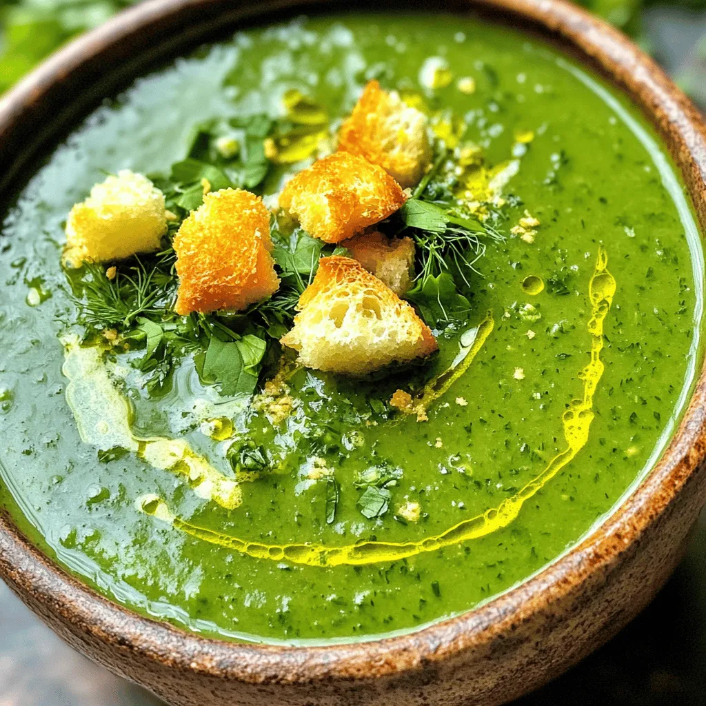 To make Green Goddess Herb Soup, you need: - 1 tablespoon olive oil - 1 medium onion, finely chopped - 2 cloves garlic, minced - 4 cups vegetable broth (preferably low-sodium) - 3 cups fresh spinach, roughly chopped - 1 cup fresh parsley, loosely packed and chopped - 1 cup fresh basil, loosely packed and chopped - 1/2 cup fresh dill, chopped - 1 tablespoon freshly squeezed lemon juice - Salt and freshly ground black pepper, to taste These ingredients create a base full of rich flavor and nutrients. The fresh herbs give the soup its vibrant green color and unique taste. You can enhance the soup by adding: - 1/4 cup heavy cream or coconut milk for creaminess - Croutons for garnish Using cream or coconut milk adds a smooth texture. Croutons give a nice crunch and contrast to the soft soup. If you need alternatives, consider these swaps: - Use avocado oil instead of olive oil - Swap vegetable broth for chicken broth for a different taste - Replace spinach with kale or Swiss chard if you prefer Feel free to mix and match herbs. You can use cilantro or mint for a twist. Each change can create a new flavor, keeping your meals exciting. Start by heating one tablespoon of olive oil in a large pot over medium heat. Once the oil shimmers, add one finely chopped medium onion. Sauté this for about five minutes until the onion turns soft and clear. Stir it often to cook evenly. Next, add two cloves of minced garlic to the pot. Sauté for one more minute, stirring to avoid burning the garlic. Now, pour in four cups of vegetable broth. Turn the heat up to bring this to a boil. When the broth boils, lower the heat to a gentle simmer. Carefully stir in three cups of roughly chopped spinach, one cup of chopped parsley, one cup of chopped basil, and half a cup of chopped dill. Cook for five to seven minutes until the greens wilt and soften. Before cooking, wash all the fresh herbs and vegetables. For the onion, peel and finely chop it to help it cook faster. Mince the garlic into tiny pieces for better flavor. Chop the spinach roughly, but not too small, so it stays vibrant in the soup. When chopping parsley, basil, and dill, pack them loosely in a measuring cup, then chop them finely. This will release their fresh flavors. To blend the soup, you can use an immersion blender directly in the pot. Blend until smooth and creamy. If you don’t have an immersion blender, carefully transfer the soup to a standard blender in batches. Blend until it reaches a smooth texture, then return it to the pot. This step is key for a silky soup that feels rich and delicious. To make the best Green Goddess Herb Soup, start with fresh herbs. Fresh herbs give the soup its bright and vibrant taste. Use a sharp knife to chop the onion and garlic finely. This helps release their flavors. Heat the olive oil until it shimmers before adding the onion. This step builds a great base for your soup. Sauté the onion until it's soft and translucent, about five minutes. Then, add the garlic and cook for just one more minute. This keeps the garlic from burning. If the soup feels too thick, add more vegetable broth. You want a creamy yet smooth texture. For a richer taste, stir in heavy cream or coconut milk. Lemon juice adds brightness, so don't skip it. Taste the soup as you season. Add salt and pepper to enhance the flavors. If you want a hint of spice, a pinch of red pepper flakes works well. To impress your guests, serve the soup in warm bowls. This keeps it hot longer. Drizzle extra cream or coconut milk on top for a stunning look. Garnish with fresh herbs like basil or parsley. Finally, add croutons for a nice crunch. This not only adds texture but makes the dish visually appealing too. {{image_4}} You can choose between creamy or vegan styles for this soup. If you want creaminess, add heavy cream or coconut milk. This makes the soup rich and smooth. For a vegan version, skip the cream. The soup will still taste great without it. The fresh herbs keep the flavor bright. To make your soup more filling, add proteins or grains. Cooked quinoa or lentils blend well. They add texture and nutrients. You can also use shredded chicken or chickpeas for extra protein. This way, the dish becomes a complete meal, keeping you satisfied longer. Feel free to swap herbs based on your taste. If you don’t have basil, try cilantro or mint. These herbs give a fresh twist. You can even mix in some chives for a mild onion flavor. Experimenting with herbs can change the soup’s taste and make it unique to you. To keep your Green Goddess Herb Soup fresh, store it in an airtight container. Let the soup cool to room temperature before sealing it. This helps avoid condensation, which can make the soup watery. You can keep it in the fridge for up to three days. If you want to keep it longer, consider freezing it. Freezing is a great way to extend the life of your soup. Pour the cooled soup into freezer-safe containers or bags. Make sure to leave some space at the top, as the soup will expand when frozen. Label the containers with the date. You can freeze the soup for up to three months. When you’re ready to eat, just thaw it in the fridge overnight. Reheating your soup is easy. Pour the desired amount into a pot and heat it over medium heat. Stir occasionally to avoid sticking. If the soup seems thick after freezing, add a splash of broth or water. You can also use the microwave. Heat in short bursts, stirring in between, until hot. Enjoy your warm, flavorful soup! Green Goddess Herb Soup is a fresh, vibrant dish made with herbs. It features spinach, parsley, basil, and dill, giving it a bright green color. The soup is light yet packed with flavor. It has a creamy texture, thanks to optional cream or coconut milk. This soup is perfect for any season and is easy to make. You can prepare Green Goddess Herb Soup ahead of time. Simply follow the recipe and let the soup cool. Once cool, store it in an airtight container in the fridge. It stays fresh for about three days. When ready to eat, just reheat on the stove or in the microwave. Yes, you can use dried herbs, but the flavor will change. Fresh herbs provide a brighter taste. If you use dried herbs, use one-third of the amount. Dried herbs are stronger, so a little goes a long way. Add them to the pot early to enhance their flavor. Green Goddess Herb Soup is very nutritious. It is low in calories and high in vitamins. Spinach provides iron and calcium. Parsley and dill are great for digestion. This soup also has antioxidants from the herbs. The olive oil adds healthy fats, making it a well-rounded meal. When stored properly, this soup stays fresh for three to four days in the fridge. If you freeze it, it can last for about three months. To keep the best flavor and texture, store it in airtight containers. Always let it cool completely before freezing or refrigerating. This blog post covered all you need to make Green Goddess Herb Soup. We looked at key ingredients, step-by-step cooking methods, and tips to enhance flavor. I shared storage techniques for leftovers and answered common questions too. Green Goddess Herb Soup is fun to make and packed with taste. Use this guide to experiment and create your own versions. Enjoy making a delicious, healthy soup that's sure to please!