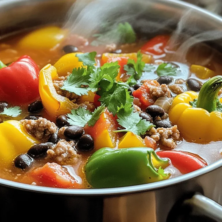 - 1 lb ground turkey or chicken, lean and seasoned - 4 large bell peppers, diced into bite-sized pieces - 1 cup quinoa, thoroughly rinsed in a fine-mesh strainer - 1 can (15 oz) black beans, rinsed under cold water and drained - 1 can (15 oz) diced tomatoes with green chilies, including all juices - 4 cups vegetable broth, low-sodium preferred - 1 medium onion, finely chopped - 2 cloves garlic, minced - 2 teaspoons ground cumin - 1 teaspoon smoked paprika - Salt and freshly ground black pepper to taste - Fresh cilantro or parsley, chopped for garnish 1. Start by heating a tablespoon of olive oil in a large pot over medium heat. 2. Add the finely chopped onion and minced garlic. Sauté for about 3-4 minutes. Stir until the onion is soft and fragrant. 3. Increase the heat slightly. Add the ground turkey or chicken to the pot. Cook for 5-7 minutes. Break up the meat as it cooks until browned and no longer pink. 4. Next, incorporate the diced bell peppers into the pot. Cook for 3 more minutes. Stir occasionally until the peppers soften and release their sweetness. 5. Add the rinsed quinoa, black beans, diced tomatoes with their juices, and vegetable broth. Mix in the ground cumin and smoked paprika. Season with salt and pepper to taste. Stir well to combine all the ingredients. 6. Bring the mixture to a rolling boil. Once boiling, reduce the heat to low. Cover the pot with a lid. Let it simmer for about 20-25 minutes. Cook until the quinoa is fluffy and the bell peppers are tender. 7. Before serving, taste the soup and adjust the seasoning with more salt and pepper, if needed. 8. Ladle the soup into bowls. Garnish with freshly chopped cilantro or parsley to enhance flavor and presentation. - Ensuring quinoa is fully cooked: Quinoa should be soft and fluffy. It usually cooks in about 15 minutes. Keep an eye on it while simmering. If it looks too watery, let it cook a bit longer. You can also taste it. It should not be crunchy. - Adjusting seasoning for flavor: Taste your soup before serving. If it needs more flavor, add salt and pepper. You can also add more cumin or smoked paprika if you want a stronger taste. Be careful not to add too much at once. A little goes a long way. - Garnishing with herbs: Fresh herbs make your soup look great and taste fresh. Chopped cilantro or parsley on top adds color and flavor. Sprinkle it right before serving for the best look. - Adding lime, cheese, or yogurt: A wedge of lime on the side adds a nice twist. Squeeze it into your bowl for a tangy boost. You can also top your soup with shredded cheese or a dollop of Greek yogurt. This adds creaminess and pairs well with the spices. You can store your High Protein Stuffed Pepper Soup in the fridge for up to 4 days. Keep it in an airtight container to maintain freshness. When you reheat, warm it on the stove over medium heat. Stir often to avoid sticking. You can also use a microwave. Heat in short bursts, stirring between each, until hot. To freeze the soup, let it cool completely first. Pour it into freezer-safe containers or bags. Leave some space at the top for expansion. It will stay good for about 3 months in the freezer. When you're ready to eat, thaw it overnight in the fridge. For reheating, use the stove or microwave until hot. Always stir well to make sure it heats evenly. {{image_4}} The protein in this soup comes from three main sources: - Ground turkey or chicken - Black beans - Quinoa Ground turkey or chicken is lean and rich in protein. One pound provides about 70 grams of protein. Black beans add about 15 grams. Quinoa, a whole grain, has about 24 grams. Together, they create a hearty meal packed with nearly 109 grams of protein. Protein helps build muscles and keeps you feeling full. It also aids in recovery after exercise. This makes the soup great for anyone looking to boost their protein intake without excess fat. Eating a high-protein diet offers many advantages. It can help with weight loss by keeping you full longer. This soup also includes a variety of vegetables like bell peppers and onions. Bell peppers are not just colorful; they are full of vitamins A and C. These vitamins support your immune system. Onions add flavor and also contain antioxidants. Together, these veggies provide fiber, which aids digestion. Including fiber in your meals helps keep your gut healthy. This soup is a delicious way to enjoy a balanced diet. It combines the benefits of protein and the nutrients from fresh vegetables. Can I use other types of meat? Yes, you can use different meats. Ground beef or pork work well too. Just adjust the cooking time. Ensure the meat is lean to keep it healthy. What can I substitute for quinoa? If you don't have quinoa, try brown rice or farro. These grains add texture and flavor. They also keep the soup hearty and filling. How to make it spicier? To spice it up, add chopped jalapeños or a dash of hot sauce. You can also increase the amount of smoked paprika. This brings warmth and depth to the soup. Can I add more vegetables? Absolutely! Feel free to add zucchini, corn, or spinach. These veggies boost nutrition and flavor. Just chop them small and add them when you add the bell peppers. This blog post covered how to make a healthy soup. We discussed main ingredients like ground turkey, bell peppers, and quinoa. I explained the step-by-step cooking process, including tips to enhance flavor and adjust for different diets. Remember, you can store or freeze leftovers for later. This soup is not only tasty but also packed with nutrients. Enjoy your cooking and feel free to experiment with flavors and ingredients. You’ll create a dish that suits your taste and health goals.