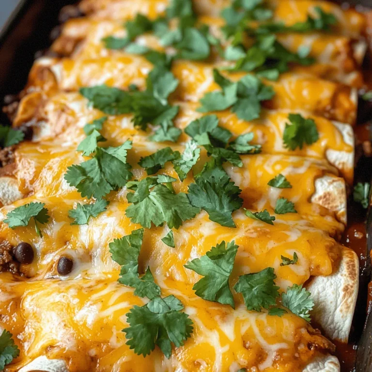 - 1 lb ground beef - 1 small onion, finely chopped - 2 cloves garlic, minced - 1 can (15 oz) black beans, drained and rinsed - 1 can (10 oz) enchilada sauce For these One-Pan Cheesy Beef Enchiladas, the main ingredients make all the difference. Ground beef gives a rich flavor and hearty texture. The onions and garlic add a sweet and savory base. Black beans boost protein and fiber, making the dish more filling. You need enchilada sauce for a tasty kick and moisture. - 6 small flour tortillas - 1 cup shredded cheddar cheese - 1 cup shredded Monterey Jack cheese You can use flour tortillas, which stay soft and roll easily. They hold the filling well, making each bite delicious. For cheese, I like using a mix of cheddar and Monterey Jack. Cheddar adds sharpness, while Monterey Jack brings creaminess. Together, they melt beautifully and create a cheesy topping. - 1 teaspoon chili powder - 1 teaspoon ground cumin - ½ teaspoon salt - ½ teaspoon black pepper Seasonings are key to great flavor. Chili powder adds warmth and a bit of heat. Ground cumin gives a smoky taste that pairs well with beef. Salt and pepper enhance the overall flavor, making each bite satisfying. Adjust these spices to suit your taste; cooking should always feel personal! - Preheat your oven to 375°F (190°C). This step warms up your oven. - In a large skillet, heat over medium heat. Add 1 small chopped onion. Sauté for about 3 minutes until it turns soft. Then, add 2 cloves of minced garlic. Cook for another minute until it smells great. - Next, add 1 pound of ground beef to the skillet. Use a spatula to break it apart. Cook until it is brown and fully cooked. This should take about 5 to 7 minutes. If there is extra fat, drain it out. - Stir in 1 can of drained black beans. Add 1 teaspoon of chili powder, 1 teaspoon of ground cumin, ½ teaspoon of salt, and ½ teaspoon of black pepper. Then, pour in half of the enchilada sauce. Mix well until everything blends together. - In a 9x13 inch baking dish, spread a thin layer of the remaining enchilada sauce on the bottom. This helps the enchiladas not stick. - Take a small flour tortilla and place a generous spoonful of the beef mix down the center. Roll it tightly and keep the seam on the bottom. Repeat this for all tortillas, placing them seam-side down in the dish. - Pour any leftover enchilada sauce on top of the rolled tortillas. Then, sprinkle 1 cup of shredded cheddar cheese and 1 cup of Monterey Jack cheese over the top. - Cover the baking dish with aluminum foil. This keeps the moisture in while baking. Place it in the preheated oven. Bake for 20 minutes. - After 20 minutes, carefully remove the foil. Return the dish to the oven for another 10 minutes. This helps the cheese become bubbly and golden brown. - Once baked, let the enchiladas rest for a few minutes. Garnish with fresh chopped cilantro. Serve with sour cream on the side if you like. To avoid soggy tortillas, warm them slightly in the microwave. This makes them soft and easy to roll. Don't soak them in sauce for too long. A light layer of sauce on the bottom helps too. Getting the cheese just right is key. Use a mix of cheddar and Monterey Jack for great flavor. Sprinkle cheese on top generously. This gives a nice, gooey finish when baked. Using pre-cooked beef can save you time. You can find it in many stores. Just heat it up and mix it with the other ingredients. Chopping onions and garlic can take time. Try using a food processor for quick chopping. Alternatively, buy pre-chopped onions and minced garlic. This saves you even more time! Elevate your dish with fresh garnishes. Chopped cilantro adds a nice pop of color and flavor. You can also add sour cream for a creamy touch. Pair your enchiladas with simple side dishes. A fresh salad or rice works well. You can even serve them with tortilla chips and salsa for a fun twist! {{image_4}} You can easily make these enchiladas meat-free. Swap the ground beef for black beans. This adds protein and fiber. You can also mix in other beans like pinto or kidney beans. Add more vegetables for extra flavor and nutrition. Bell peppers, zucchini, or corn work great. Just chop them small and sauté with the onions and garlic. This way, you keep a tasty filling without meat. Want to turn up the heat? You can add diced jalapeños or a dash of hot sauce. Mix them into the beef mixture or sprinkle on top before baking. For a milder version, use less chili powder. Kids may not like spicy food, so keep it simple for them. You can also serve sour cream on the side. This helps cool it down for little ones. Cheese can change the whole dish. While cheddar and Monterey Jack are classic, you can try different blends. Pepper Jack adds a nice kick. For a lighter option, consider part-skim mozzarella. If you need a non-dairy choice, use vegan cheese. These options melt well and taste great. Just choose what fits your taste and diet. To store leftover enchiladas, place them in a sealed container. They will stay fresh in the fridge for up to four days. If you want to keep them longer, freezing is a great option. Wrap the enchiladas tightly in plastic wrap, then place them in a freezer-safe bag. They can last up to three months in the freezer. Just label the bag with the date to keep track. When you're ready to eat your leftovers, the best way to reheat them is in the oven. Preheat your oven to 350°F (175°C). Place the enchiladas in a baking dish and cover with foil. This keeps them moist. Heat for about 20 minutes, or until warm. You can also use a microwave, but be careful. Microwaving can make the tortillas soggy. If using a microwave, place a damp paper towel over the enchiladas to help keep them moist. In the fridge, your enchiladas will stay good for about four days. After that, you should toss them out. Look for signs of spoilage. If they smell off or look moldy, it’s best to throw them away. Always trust your senses when it comes to food safety. Yes, you can make these enchiladas ahead. Prepare the dish, but do not bake it. Cover it tightly and store it in the fridge for up to 24 hours. When ready, just bake it straight from the fridge. You may need to add a few extra minutes to the baking time. This way, you save time on busy nights. Ground turkey or chicken works great if you want a lighter option. For a vegetarian choice, you can use black beans or lentils. Both will add protein and flavor. Another option is to use crumbled tofu, which soaks up flavors well. Each choice gives a unique taste and texture to your dish. Yes, corn tortillas can be used, but they will change the texture. Corn tortillas are firmer and have a distinct flavor. They may break more easily when rolling. To help, warm them up in a pan first. This makes them more flexible and easier to work with. Enjoy experimenting with different types for your enchiladas! In this post, we explored making delicious enchiladas step by step. You learned about key ingredients, such as beef, beans, and spices. I provided tips for perfecting texture and flavor. We also discussed variations for different diets and taste preferences. Remember, storing and reheating enchiladas correctly keeps them tasty. With this guide, you can impress anyone with your cooking skills. Enjoy creating your own enchiladas and feel free to experiment! You’ll make a dish that everyone loves.