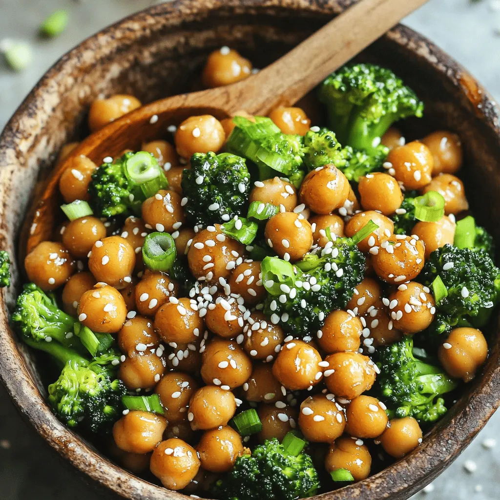 - 1 can (15 oz) chickpeas, drained and rinsed - 2 cups broccoli florets (fresh or frozen) - 2 tablespoons sesame oil, divided - 1 tablespoon fresh ginger, finely grated - 3 cloves garlic, minced (about 1 tablespoon) - 1/4 cup soy sauce (substitute tamari for gluten-free) - 2 tablespoons honey or maple syrup (for a vegan option, use maple syrup) - 1 tablespoon rice vinegar - 1 tablespoon cornstarch - Salt and pepper to taste Chickpeas and broccoli are the stars of this dish. Chickpeas give a hearty feel. They are rich in protein and fiber. Broccoli adds great color and crunch. It boosts vitamins, too. Together, they make a healthy meal. Sesame oil and soy sauce bring depth to the flavor. Sesame oil has a nutty taste. It makes the dish rich and fragrant. Soy sauce adds a savory umami touch. You can use tamari for a gluten-free option. Honey or maple syrup adds sweetness. This balance is key in the sauce. It helps cut the saltiness of soy sauce. Use honey for a richer flavor. Maple syrup is perfect for a vegan choice. - 2 tablespoons sesame seeds - 2 green onions, chopped (for garnish) Garnishes make your meal visually appealing. Sesame seeds add a nice crunch. They also enhance the nutty flavor. Green onions give freshness and color. This final touch makes the dish pop. - Heating Sesame Oil Heat 1 tablespoon of sesame oil in a large skillet over medium heat. This oil gives great flavor to the chickpeas. - Sautéing Chickpeas Once the oil is hot, add 1 can of drained and rinsed chickpeas. Sauté them for about 5 minutes. Stir them often until they turn golden and crispy. Season with salt and pepper to taste. After cooking, set the chickpeas aside on a plate. - Sautéing Instructions In the same skillet, add 1 tablespoon of sesame oil. Let it heat for about a minute. Next, add 2 cups of broccoli florets. Sauté the broccoli for 3 to 4 minutes. Stir frequently until the broccoli turns bright green but stays crunchy. - Seasoning Tips Sprinkle a pinch of salt and pepper over the broccoli. This simple step makes the broccoli taste fresh and vibrant. - Combining Ingredients In a small bowl, mix together 1/4 cup of soy sauce, 2 tablespoons of honey (or maple syrup for vegan), 1 tablespoon of rice vinegar, 1 tablespoon of cornstarch, the grated ginger, and minced garlic. - Whisking for Smoothness Whisk the mixture until smooth. Make sure the cornstarch dissolves fully. This sauce will bring all the flavors together beautifully. Achieving Crispy Chickpeas To get crispy chickpeas, start with drained and rinsed beans. Heat the sesame oil before adding the chickpeas. Sauté them for about five minutes. Stir them often to prevent sticking. Cook until they turn golden brown. Season with salt and pepper for extra flavor. Keeping Broccoli Crunchy For crunchy broccoli, cook it for only three to four minutes. Use high heat and stir often. This keeps the bright green color and crisp texture. A little salt and pepper will enhance its taste without making it mushy. Adding Spices You can boost the flavor with spices. Try adding a pinch of red pepper flakes for heat. A dash of smoked paprika adds an earthy taste. Experimenting with spices can make your dish unique and exciting. Adjusting Sweetness The sweetness comes from honey or maple syrup. You can adjust it to your taste. If you prefer less sweetness, reduce the amount of honey. For a more intense flavor, you can add a bit more. Taste as you go for the best balance. Pairing with Rice or Quinoa Serve your Sticky Sesame Chickpeas and Broccoli over rice or quinoa. This adds a nice base to soak up the sauce. Brown rice or quinoa adds a nutty flavor, which pairs well with the dish. Creative Serving Ideas Get creative with your plating. Use bowls for a cozy look. Add sesame seeds and green onions for a fresh touch. You can also serve it in lettuce cups for a fun, light option. This makes it easy to eat and adds a crunch! {{image_4}} You can easily make this dish vegan. Just swap honey for maple syrup. The maple syrup brings a sweet touch. It blends well with the sesame oil and soy sauce. This small change keeps the dish tasty and plant-based. You still get that sticky, rich flavor without losing the essence of the recipe. Make sure to check the label on your soy sauce. Some brands may contain animal products. If you need a gluten-free version, it’s simple to modify. Use tamari instead of soy sauce. Tamari gives you the same great taste without gluten. Check other sauce ingredients too. Some brands of rice vinegar might contain gluten. Always read the labels. Your dish will still be full of flavor and safe for gluten-free diets. Want to mix things up? Add more veggies for color and taste. Bell peppers bring a sweet crunch. They pair well with chickpeas and broccoli. Carrots also add a nice texture and sweetness. You can slice them thin or use small pieces. Just sauté them with the broccoli. This will make your meal more colorful and nutrient-rich. Don't hesitate to get creative with your favorite vegetables! To keep your Sticky Sesame Chickpeas and Broccoli fresh, store leftovers in an airtight container. Place the dish in the fridge within two hours of cooking. It will last up to three days. This way, you can enjoy the flavors again! When reheating, use a skillet or microwave. If you use a skillet, heat it on low. Add a splash of water or broth to keep the dish moist. Stir often to avoid sticking. In a microwave, heat in 30-second bursts, stirring in between. This helps keep the chickpeas crispy and the broccoli crunchy. You can freeze this dish too! Allow it to cool completely before freezing. Transfer to a freezer-safe container or bag. It will stay good for up to three months. To thaw, move it to the fridge overnight. Reheat it in a skillet or microwave, adding a little water if needed. Enjoy your tasty meal even later! No, I do not recommend using frozen chickpeas. Canned chickpeas work best. They are soft and ready to cook. Frozen chickpeas may take longer to cook and lose texture. To change the spice level, add red pepper flakes. Start with a pinch. You can also use fresh chili peppers for more heat. If you want less spice, skip the red pepper. You can serve this dish with rice or quinoa. Both options add a nice base. You can also pair it with noodles for a different twist. For a crunchy side, serve with a salad. Yes, this recipe is perfect for meal prep. You can store it in the fridge for up to three days. Just reheat it when ready to eat. The flavors will blend even more over time. Yes, you can use other veggies. Bell peppers and carrots work well. You can also try snap peas or cauliflower. Just adjust the cooking time based on the vegetable you choose. This blog post covers how to make Sticky Sesame Chickpeas and Broccoli. We explored key ingredients, like chickpeas and sesame oil. I provided steps for prepping and cooking. Plus, I shared tips for texture, flavor, and serving ideas. You can adapt the dish for vegan or gluten-free diets too. In my opinion, this recipe is simple yet tasty. You can customize it as you like. Enjoy making this healthy meal and have fun with it!