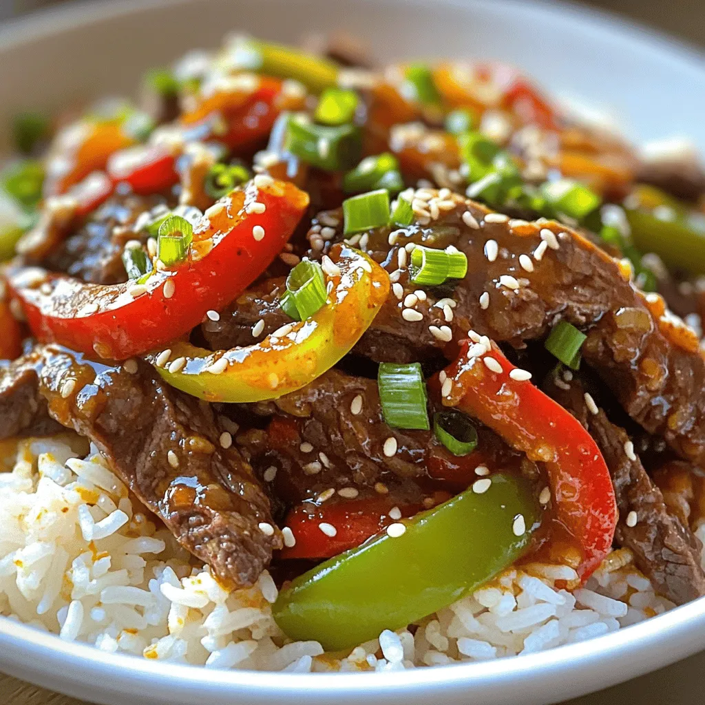 For this dish, you'll need: - 1 pound flank steak, thinly sliced against the grain - 1 cup jasmine rice - 2 cups beef broth - 1 red bell pepper, sliced into strips - 1 green bell pepper, sliced into strips - 1 onion, thinly sliced - 3 cloves garlic, minced To bring out the flavors, gather these items: - 2 tablespoons soy sauce - 1 tablespoon cornstarch - 1 tablespoon vegetable oil - 1 tablespoon chili garlic sauce - 1 teaspoon sugar - Salt and pepper, to taste For a beautiful finish, consider these garnishes: - Sliced green onions - Toasted sesame seeds Each ingredient plays a key role in making this dish shine. The flank steak gives a rich, meaty flavor. The bell peppers add color and crunch. Jasmine rice serves as the perfect base, soaking up the sauce. Don't skip the seasonings; they pull everything together. I love the touch of chili garlic sauce for a little kick! To start, rinse the jasmine rice under cold water until it runs clear. This helps remove excess starch. Next, combine the rinsed rice and beef broth in a medium pot. Bring it to a boil on high heat. Once boiling, reduce the heat to low and cover with a lid. Let it simmer for 15 minutes. The rice will become tender as it absorbs the broth. After 15 minutes, remove it from heat and let it sit for 5 more minutes. Fluff it gently with a fork before serving. Now, let’s marinate the flank steak. In a mixing bowl, put the thinly sliced beef. Add soy sauce, cornstarch, and a pinch of salt and pepper. Toss the beef well to coat it evenly. Let it marinate for at least 10 minutes. This step makes the meat more flavorful and tender. For the next step, heat vegetable oil in a large skillet or wok over medium-high heat. Once hot, add the marinated beef in a single layer. Allow it to sear without stirring for 2 to 3 minutes. This helps achieve a crispy texture. After 3 minutes, flip the beef and cook for another 2 minutes until it’s browned and crispy. Once done, transfer the beef to a plate. In the same skillet, add sliced onions and bell peppers. Sauté them for 3 to 4 minutes. You’ll know they are ready when the onions turn translucent and the peppers soften. Next, add minced garlic to the skillet and sauté for an extra minute. Be careful not to burn the garlic, as it can turn bitter. Now it’s time to bring everything together. Return the crispy beef to the skillet. Drizzle chili garlic sauce over the beef and vegetables. Sprinkle sugar on top. Stir well to mix all the ingredients. Cook for an additional 2 minutes to heat everything through. Adjust the seasoning with salt and pepper if needed. To serve, scoop fluffy jasmine rice onto each plate. Top it with the flavorful chili beef and vegetable mixture. For a nice touch, garnish with sliced green onions and toasted sesame seeds. This adds color and crunch to your dish. Enjoy your delicious meal! To get crispy beef, start by slicing flank steak thinly. Always cut against the grain for tender bites. Marinate the beef in soy sauce and cornstarch for flavor and crispness. Let it sit for at least 10 minutes. Heat your skillet over medium-high heat and add vegetable oil. When the oil is hot, add the beef in a single layer. This helps create a nice sear. Don’t stir for the first few minutes. Just let it cook for 2-3 minutes. Then flip and cook for another 2 minutes. This method makes it crispy and golden. Cooking jasmine rice is simple and rewarding. First, rinse the rice under cold water until the water runs clear. This removes excess starch and helps it cook better. Use beef broth instead of water for added flavor. Combine the rinsed rice and broth in a pot, then bring it to a boil. Once boiling, reduce the heat to low and cover. Let it simmer for about 15 minutes. After the rice absorbs all the liquid, remove it from heat. Let it sit for 5 minutes before fluffing it with a fork. This ensures each grain stays separate and fluffy. To enhance flavor, adjust your seasonings as you cook. Start with the base flavors from soy sauce and chili garlic sauce. Taste as you go. You can add more salt, pepper, or even a splash of vinegar for tang. If you like it spicy, add more chili garlic sauce or fresh chilies. For sweetness, a little extra sugar can balance the heat. Don’t forget to garnish with toasted sesame seeds and green onions. They add a fresh finish and a nice crunch. Adjusting these elements helps make the dish your own! {{image_4}} You can easily make a vegetarian version of crispy chili beef rice by using tofu. Tofu absorbs flavors well and gives a nice chewy texture. Start with firm or extra-firm tofu. Cut it into cubes and press it to remove excess water. - Ingredients: - 1 pound firm tofu, cubed - Follow the same marinade with soy sauce and cornstarch - Use the same vegetables: bell peppers, onions, and garlic Marinate the tofu just like the beef. Heat oil in the skillet and crisp the tofu cubes until golden brown. Sauté the same vegetables, then mix in the crispy tofu. The dish will still be tasty and satisfying. To make this dish gluten-free, substitute soy sauce with tamari. Tamari offers a similar flavor without gluten. - Ingredients: - 1 pound flank steak (or tofu for a vegetarian option) - Replace regular soy sauce with tamari - Use the same beef broth or a gluten-free broth Follow the same steps for cooking. Your dish will remain delicious while catering to gluten-free diets. If you love heat, you can amp up the spice in your crispy chili beef rice. - Ingredients: - Add extra chili garlic sauce to your liking - Include sliced fresh chili peppers, like jalapeños or Thai chilis - Consider a sprinkle of red pepper flakes for additional heat Mix these spicy items in with the beef and veggies. This will elevate the flavor and give your dish a fiery kick. Enjoy your spicy creation! To store your Crispy Chili Beef Rice, let it cool first. Use an airtight container to keep it fresh. You can keep it in the fridge for up to three days. Make sure to separate the rice from the beef if you want them to stay fresh longer. When you're ready to enjoy leftovers, use the microwave or a skillet. If using a microwave, heat in 30-second bursts. Stir in between to heat it evenly. If you prefer a skillet, add a splash of water and heat over low heat. This helps to keep the rice fluffy and the beef juicy. If you want to freeze the dish, it’s best to store the beef and rice separately. Place them in freezer-safe bags or containers. This way, they last up to three months. To reheat, let them thaw overnight in the fridge. Then, follow the reheating instructions above for the best taste. Yes, you can use other cuts. Sirloin or ribeye work well too. Choose cuts that are tender and have some fat. This will help the beef stay juicy and flavorful when cooked. To add more spice, increase the chili garlic sauce. You can also add fresh chopped chili peppers. If you like it really hot, sprinkle some red pepper flakes on top. You can serve this dish with steamed broccoli or a side salad. A simple cucumber salad adds a nice crunch. You can also pair it with egg rolls for a fun twist. The jasmine rice takes about 15 minutes to cook. After boiling, let it simmer on low heat. Once done, let it sit for 5 minutes before fluffing. If you don’t have chili garlic sauce, use sriracha or hot sauce. You can mix minced garlic with your favorite hot sauce for a similar taste. Adjust the amount to suit your spice level. In this blog post, I covered all you need to make Crispy Chili Beef Rice. You learned about the key ingredients, from the steak to seasonings. I shared step-by-step instructions to guide you through cooking. Tips for crispy beef and flavor enhancements were included. I also explored fun variations, storage tips, and answered common questions. Enjoy this delicious dish, knowing you can adapt it to your taste!