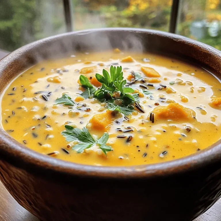 - 1 cup wild rice, rinsed and drained - 4 cups vegetable broth - 1 can (15 oz) pure pumpkin puree - 1 medium onion, finely chopped - 2 cloves garlic, minced - 2 medium carrots, diced - 1 cup celery, diced - 1 teaspoon dried thyme - 1 teaspoon ground sage - 1/2 teaspoon ground nutmeg - 1 cup coconut milk - 2 tablespoons olive oil - Salt and pepper to taste - Fresh parsley, chopped, for garnish (optional) You can switch coconut milk for almond milk or heavy cream. If you can't find wild rice, brown rice works well too. For herbs, fresh thyme or sage can replace dried options. Just remember, use three times more fresh herbs than dried. Using fresh vegetables and herbs makes a big difference. Fresh ingredients add vibrant flavors and textures. They also have more nutrients. Dried herbs can work in a pinch but may not give the same bright taste. Fresh veggies keep the dish lively and colorful. When you can, choose fresh for the best results. Start by gathering your ingredients. Chop the onion, carrots, and celery into small pieces. Rinse the wild rice under cold water. This step removes any dust and helps the rice cook evenly. Set everything aside so you have it ready. Heat two tablespoons of olive oil in a large pot over medium heat. Add the chopped onion, carrots, and celery. Sauté these vegetables for about 5-7 minutes until they soften. The onion should become translucent and smell sweet. Next, add two minced garlic cloves, one teaspoon of dried thyme, one teaspoon of ground sage, and half a teaspoon of nutmeg. Stir well for about a minute. This helps release the flavor of the herbs. Now, add the rinsed wild rice to the pot. Stir it with the vegetables to coat it well. Then, pour in four cups of vegetable broth. Bring the mixture to a boil. Once it's boiling, lower the heat, cover the pot, and let it simmer for 40-45 minutes. The rice should be tender and slightly split open when it's done. After the rice cooks, whisk in one can of pure pumpkin puree and one cup of coconut milk. Stir everything well to mix. Allow the soup to simmer for another 10 minutes. This helps the flavors blend nicely. Finally, season the soup with salt and pepper to your taste. This step is important for bringing out all the flavors. Let the soup cool for a few minutes before serving. Serve it hot in bowls, and if you like, add some fresh chopped parsley on top for a touch of color. To make the best creamy pumpkin wild rice soup, you need to balance the flavors. Use salt and pepper to enhance the taste. Add a pinch of nutmeg for warmth. You might want to try a splash of lemon juice. It can brighten the soup nicely. Adjust the seasonings slowly. Taste as you go to find your sweet spot. If the texture seems off, blend a part of the soup for creaminess. This adds a nice smooth touch. You can prepare this soup in advance. Cook it fully and let it cool before storing. Place it in airtight containers. It will last up to five days in the fridge. For longer storage, freeze it in portions. Just thaw it overnight in the fridge before reheating. When you’re ready to eat, heat it on the stove. Stir gently to mix the flavors again. If it seems too thick, add a bit of broth or water. This soup pairs well with many sides. Serve it with crusty bread for dipping. A fresh salad adds a nice crunch. You can also try it with a sprinkle of cheese on top. Fresh herbs like parsley or chives brighten the dish. If you want a kick, add some chili flakes. The creamy pumpkin soup is cozy and perfect for chilly days. Enjoy it with loved ones around the table. {{image_4}} You can make this soup even better with add-ins. If you want protein, try chicken or tofu. Both options blend well with the pumpkin and spices. For chicken, use cooked, shredded pieces. For tofu, cube it and sauté until golden. This adds texture and makes the soup heartier. To bring some heat, add red pepper flakes or cayenne pepper. A pinch goes a long way. If you love warm spices, try adding cumin or coriander. These spices pair well with pumpkin. Experiment with your favorite flavors to make the soup truly yours. Need gluten-free options? No problem! This soup is naturally gluten-free with the right broth. For a vegan twist, use vegetable broth and skip any animal proteins. You can also swap coconut milk for almond or soy milk. These choices keep the soup creamy and delicious. To keep your creamy pumpkin wild rice soup fresh, store it in an airtight container. Let the soup cool down to room temperature before sealing it. You can refrigerate the soup for up to four days. If you want to save it for longer, freezing is a great option. Pour the cooled soup into freezer-safe containers, leaving some space at the top for expansion. Label the containers with the date before placing them in the freezer. When it's time to enjoy your soup again, take it out of the fridge or freezer. If frozen, let it thaw overnight in the fridge. To reheat, pour the soup into a pot and warm it over medium heat. Stir it often to prevent sticking. If you prefer to use a microwave, pour the soup into a microwave-safe bowl. Heat in short bursts of one to two minutes, stirring in between, until hot. In the fridge, your creamy pumpkin wild rice soup will stay good for about four days. If frozen, you can keep it for up to three months. For the best taste, try to eat the soup within this time. Always check for any signs of spoilage, like off smells or changes in color, before eating. How do I make the soup thicker? To thicken the soup, you can add more wild rice. Cook an extra half cup of wild rice and stir it in. You can also use a blender. Blend a portion of the soup and mix it back in. This gives a creamy texture. If you like, add more pumpkin puree too. It will boost thickness and flavor. Can I make this in a slow cooker or Instant Pot? Yes, you can easily make this soup in a slow cooker. Just add all the ingredients except for the coconut milk and pumpkin puree. Set it on low for 6-8 hours. Stir in the coconut milk and pumpkin puree before serving. For an Instant Pot, sauté the vegetables first. Then, add all the ingredients and cook on high pressure for 20 minutes. Quick and easy! What are the nutritional benefits of ingredients in the soup? This soup is packed with healthy ingredients. Wild rice is high in fiber and protein. Pumpkin puree is full of vitamins A and C. It’s good for your eyes and skin. Carrots add beta-carotene, which helps with vision. Celery provides hydration and fiber. Coconut milk offers healthy fats, giving you energy. Overall, this soup is nutritious and comforting! This blog post covers how to make a delicious pumpkin soup. We talked about key ingredients like wild rice and vegetables. I shared tips on cooking and perfecting flavors. You learned about serving ideas and variations to suit your tastes. In closing, this soup is versatile and easy to make. Enjoy it fresh or make it ahead. Don't forget, you can modify the recipe to fit your needs. Enjoy creating your own version of this cozy dish!